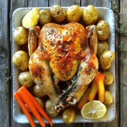 - Whole chicken (4-5 lbs) - Fresh thyme (approximately 10-12 sprigs) - Lemons (2 total - one juiced, one cut into wedges) - Minced garlic (4 cloves) - Olive oil (4 tablespoons) - Salt, pepper, and paprika - Quartered onion (1 large) - Baby potatoes (2 cups, halved) - Carrot sticks (1 cup) When I make Lemon Thyme Roasted Chicken, I focus on fresh and simple ingredients. A whole chicken forms the base of this dish. I pick one that weighs around 4-5 pounds. It’s big enough to feed a family and juicy when cooked right. Fresh thyme adds a nice herbal note. I use about 10-12 sprigs to infuse flavor throughout the chicken. Lemons brighten the dish. I juice one lemon and cut the other into wedges. The juice goes into the marinade, while the wedges go inside the chicken. This adds a burst of citrus flavor. The marinade is key. I mix minced garlic, olive oil, salt, pepper, and paprika. This mix creates a flavorful base that soaks into the chicken. It helps to keep the meat moist and adds depth. I also like to include vegetables. A large onion, baby potatoes, and carrot sticks round out the meal. The onion adds sweetness, while the potatoes and carrots become tender and delicious. They roast alongside the chicken, soaking up all the tasty juices. You can find the full recipe for Lemon Thyme Roasted Chicken in this article. It includes all the steps to bring these ingredients together for a perfect dinner. - Preheat the oven to 425°F (220°C). - Rinse and dry the chicken thoroughly. Start by preheating your oven. This high heat will help crisp the chicken skin. Next, rinse the whole chicken under cold water. Make sure to clean both the inside and outside. After rinsing, dry the chicken with paper towels. Drying is key for crispy skin. - Prepare the marinade and apply it under the chicken skin and on the exterior. - Stuff chicken cavity with onion, lemon, and thyme. In a bowl, mix garlic, juice from one lemon, and olive oil. Add salt, pepper, and paprika for flavor. Lift the skin on the chicken gently. Use your fingers to spread some of the marinade under the skin. Rub the remaining marinade all over the chicken. This adds flavor everywhere. Now, stuff the cavity with the quartered onion, lemon wedges, and some thyme. This adds great aroma while it cooks. - Arrange vegetables and place the chicken in the roasting pan. - Roast and baste the chicken until it reaches the correct temperature. In a large roasting pan, toss halved baby potatoes and carrot sticks with olive oil, salt, and pepper. Place the vegetables around the chicken in the pan. Place the pan in the preheated oven. Roast the chicken for about 1 hour and 15 minutes. Check the chicken's internal temperature in the thickest part of the thigh. It should reach 165°F (75°C). Halfway through the cooking time, use a baster or spoon to drizzle the pan juices over the chicken. This helps create a golden and crispy skin. Once done, take the chicken out and let it rest for 10 minutes. Resting lets the juices settle, giving you a juicy chicken. For more details, check the Full Recipe. To get that perfect crispy skin, drying the chicken is key. After rinsing, use paper towels to pat the chicken dry inside and out. Moisture can ruin your crispiness. When it comes to basting, I recommend using the pan juices. Halfway through roasting, drizzle these juices over the chicken. This step adds flavor and helps create a golden color. For deeper flavor, you can add more herbs and spices. Consider rosemary, oregano, or even a pinch of cayenne for some heat. You can also play with citrus. Try using oranges or limes instead of lemons for a unique twist. Each option gives a different taste that can make the dish feel fresh and exciting. When serving Lemon Thyme Roasted Chicken, think about sides that complement it well. Roasted vegetables like carrots and potatoes pair perfectly. A simple green salad with vinaigrette also works great. For drinks, a chilled white wine like Sauvignon Blanc enhances the meal. It balances the herbs and lemon in the dish beautifully. Check out the Full Recipe for more details. {{image_4}} You can cook Lemon Thyme Roasted Chicken in different ways. Grilling adds a smoky flavor. To grill, marinate the chicken as you would for roasting. Preheat the grill to medium heat. Cook the chicken for about 1 hour, turning often to avoid burning. A slow-cooker version is great for busy days. Simply place the marinated chicken in a slow cooker. Add your veggies around it. Set it on low for 6-8 hours. This method keeps the chicken juicy and tender. You can change some ingredients to suit your taste. For herbs, try rosemary or oregano. These add a unique twist while keeping the dish fresh. If you prefer another type of poultry, use a whole turkey or Cornish hen. Just adjust cooking times as needed. For veggies, mix it up with bell peppers, zucchini, or Brussels sprouts. These add color and flavor. You can also toss in some mushrooms for an earthy taste. Add spices from around the world to create new tastes. For an Asian twist, use ginger and soy sauce. Add sesame oil for a rich flavor. You can also sprinkle in some five-spice powder for an extra kick. For a Mediterranean flair, mix in olives and feta cheese. Use lemon zest and oregano to brighten the dish. These variations let you explore new flavors while enjoying the main recipe. You can find the full recipe to get started! Store leftover Lemon Thyme Roasted Chicken in the fridge. Use airtight containers to keep it fresh. Place the chicken pieces in a single layer. This helps maintain texture. If you have vegetables left over, store them separately. They can get soggy if mixed with the chicken. When reheating, use low heat to keep the chicken juicy. You can use an oven or a microwave. If using an oven, set it to 350°F (175°C). Cover the chicken with foil to keep moisture in. For the microwave, heat in short bursts. Check every minute to avoid drying it out. You can also use leftover chicken in other dishes. Shred the chicken for salads or wraps. Add it to soups or stews for extra flavor. You can even toss it in pasta for a quick meal. This way, you minimize waste and enjoy new meals! The safe internal temperature for chicken is 165°F (75°C). This ensures your chicken is safe to eat. Use a meat thermometer to check the thickest part of the thigh. Avoid touching the bone, as it can give a false reading. Cooking at this temperature keeps the meat juicy and tender. You can check if the chicken is done without cutting into it. Look for clear juices running from the chicken when you poke it. If the juices run clear, the chicken is likely done. The skin should also be golden brown and crispy. You can wiggle the leg; if it moves easily, it’s a good sign. Yes, you can use dried thyme. However, dried herbs are stronger than fresh ones. Use one-third the amount of dried thyme compared to fresh. This means if the recipe calls for 10 sprigs of fresh thyme, use about 1-2 teaspoons of dried thyme. While the flavor will be different, it can still be tasty. This blog post covered all you need for Lemon Thyme Roasted Chicken. We explored key ingredients, from a whole chicken to fresh thyme and lemons. I shared step-by-step instructions for prepping, marinating, and roasting. Tips for crispy skin and flavor enhancement helped elevate your dish. We also discussed variations, storage, and reheating to keep your meals fresh. With these insights, you can create a delicious meal sure to impress. Enjoy your cooking adventure!