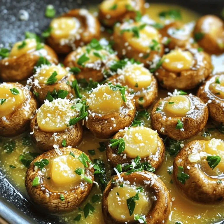 To make garlic butter mushrooms, gather these key ingredients: - 500g fresh button mushrooms, thoroughly cleaned and stems trimmed - 4 tablespoons unsalted butter - 4 cloves garlic, finely minced - 1 teaspoon fresh thyme leaves (or ½ teaspoon dried thyme) - 1 tablespoon soy sauce - 1 tablespoon fresh lemon juice - Salt and freshly cracked black pepper, to taste - Fresh parsley, finely chopped, for garnish - Grated Parmesan cheese, for serving (optional) Each ingredient plays a role in the flavor and texture of the dish. Fresh button mushrooms are the star here, bringing a juicy and earthy taste. Unsalted butter adds richness, while garlic gives that pungent kick we all love. Fresh thyme adds a fragrant note, and soy sauce brings umami depth. A splash of lemon juice balances everything with a hint of brightness. Finally, salt and pepper enhance the natural flavors. This recipe is simple but delivers great taste. I encourage you to try the full recipe and enjoy the process of cooking these garlic butter mushrooms! Melting the Butter First, heat a large skillet over medium heat. Add 4 tablespoons of unsalted butter. Watch the butter as it melts. It should foam but not brown. This step builds a rich base for the dish. Sautéing the Garlic Next, add 4 cloves of finely minced garlic to the melted butter. Stir constantly for about 1 minute. You want the garlic to smell great without changing color. This ensures a fresh garlic flavor in your dish. Adding Mushrooms to the Skillet Now, raise the heat to medium-high. Add 500 grams of cleaned button mushrooms to the skillet. Stir well to coat them in the garlic butter. This step makes sure every mushroom gets that tasty flavor. Achieving the Perfect Color and Texture Let the mushrooms cook for about 5 to 7 minutes. Stir occasionally. You want them to be golden brown and tender. This gives you that lovely texture and color. Incorporating Thyme, Soy Sauce, and Lemon Juice Once the mushrooms are perfect, add 1 teaspoon of fresh thyme, 1 tablespoon of soy sauce, and 1 tablespoon of fresh lemon juice. Stir everything together. Cook for an extra 2 to 3 minutes to blend the flavors. Final Seasoning Adjustments Taste your dish and season with salt and freshly cracked black pepper. Adjust to your liking. This final touch makes all the flavors pop. To see how to put everything together, check out the Full Recipe. Enjoy your garlic butter mushrooms! Using Fresh vs Dried Herbs Fresh herbs bring bright flavors. They add a lovely aroma and taste. Use about three times more fresh herbs than dried. For garlic butter mushrooms, I suggest fresh thyme. It works well with the garlic and butter. If you only have dried thyme, that’s okay. Just use half as much. Incorporating Additional Seasonings You can add more flavor with different seasonings. A splash of balsamic vinegar can brighten the dish. For a kick, add a pinch of red pepper flakes. You could also try adding a sprinkle of smoked paprika. Each option gives a new twist to the garlic butter mushrooms. Proper Skillet Usage Use a large skillet for even cooking. This helps mushrooms brown nicely. Avoid crowding the pan. If you pack too many in, they will steam instead of brown. Cook in batches if needed. This way, each mushroom gets a chance to shine. Adjusting Heat for Perfect Cooking Start with medium heat to melt the butter. Then, raise it to medium-high for the mushrooms. This helps achieve that golden brown color. Watch them closely. You want them tender but not mushy. Stir often for even cooking. The right heat makes all the difference in this dish. {{image_4}} You can easily make garlic butter mushrooms vegan. Instead of unsalted butter, use olive oil or vegan butter. It gives a nice flavor without dairy. The rest of the recipe stays the same. You still get that rich taste with garlic and mushrooms. For a gluten-free option, ensure the soy sauce is gluten-free. Many brands offer this choice. You can also use tamari as a substitute. This way, you enjoy all the flavors without any gluten. Feel free to switch up the herbs in this dish. Try rosemary or oregano for a twist. If you love basil, add it at the end for a fresh touch. Each herb gives a unique flavor to the garlic butter mushrooms. You can also add other veggies to this recipe. Spinach or zucchini pairs well with mushrooms. Just slice them thinly and add them to the skillet with the mushrooms. This adds color and extra nutrition to your dish. To keep your garlic butter mushrooms fresh, use proper containers. Glass or plastic containers with tight lids work best. Make sure the mushrooms cool down before sealing. Store them in the fridge right away. They stay fresh for about 3 to 5 days. Check for any signs of spoilage before eating. If they smell off or look slimy, it’s time to toss them. For reheating garlic butter mushrooms, use a skillet for the best results. Heat the skillet on medium-low. Add a splash of water or a little butter to prevent sticking. Then, add the mushrooms. Stir and cook for about 5 minutes until they are heated through. You can also use a microwave for quick reheating. Place the mushrooms in a microwave-safe dish and cover. Heat in short bursts, stirring in between, until hot. Enjoy them warm again! Can I use frozen mushrooms for this recipe? Yes, you can use frozen mushrooms. However, fresh mushrooms will give a better taste and texture. Frozen mushrooms may release more water, so adjust your cooking time. Drain any excess liquid if needed. What dishes pair well with garlic butter mushrooms? Garlic butter mushrooms are very versatile. They pair well with steak, chicken, or fish. You can also serve them over pasta or rice. They make a great topping for crostini, too. How can I make this dish spicy? To add spice, include red pepper flakes or diced fresh chili peppers. You can mix in a bit of hot sauce while cooking. Adjust the amount based on your heat preference. Can I prepare garlic butter mushrooms ahead of time? Yes, you can prepare them ahead. Cook the mushrooms and let them cool. Store them in the fridge for up to three days. Reheat them gently in a skillet before serving. For the full recipe, check out the garlic butter mushrooms delight section. This guide walks you through making delicious garlic butter mushrooms. We covered the essential ingredients, step-by-step cooking methods, and shared helpful tips. You can try different herbs or make it vegan. Storing leftovers is easy, and reheating is simple too. Embrace these flavors in your meals. With practice, you’ll impress friends and family. Cooking should be fun and tasty, so dive in and enjoy!