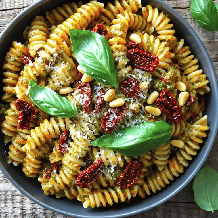 To make your Sun-Dried Tomato Pesto Pasta, gather these items: - 200g pasta (choose from penne, fusilli, or spaghetti) - 1 cup sun-dried tomatoes (preferably in oil for extra flavor) - 1/2 cup fresh basil leaves, tightly packed - 1/4 cup pine nuts, lightly toasted for crunch - 2 cloves garlic, finely minced - 1/2 cup freshly grated Parmesan cheese - 1/4 cup extra virgin olive oil - Salt and freshly cracked black pepper, to taste - Extra fresh basil leaves for garnish - Pasta: Use 200g of your favorite type. - Sun-Dried Tomatoes: One cup gives rich taste. - Basil Leaves: Half a cup adds freshness. - Pine Nuts: A quarter cup provides a nice crunch. - Garlic: Two cloves bring strong flavor. - Parmesan Cheese: Half a cup for creaminess. - Olive Oil: A quarter cup helps blend everything. - Salt and Pepper: Use to taste for seasoning. To make this dish, you will need: - A large pot for boiling pasta - A food processor for the pesto - A strainer to drain the pasta - A large mixing bowl for combining pasta and pesto - Measuring cups and spoons for accuracy - A wooden spoon or spatula for mixing These ingredients and tools set you up for success. The blend of flavors will amaze you. You will enjoy how easy it is to create this dish. For the full recipe, refer to the beginning of the article. First, grab a large pot. Fill it with water and add some salt. Bring the water to a rolling boil. Once it bubbles, add 200g of your favorite pasta. You can use penne, fusilli, or spaghetti. Cook according to the package, usually about 8-10 minutes. Remember to check for al dente. Before draining, save 1/2 cup of the pasta water. This starchy water helps the pesto stick. Drain the pasta and set it aside. Next, take out your food processor. Add 1 cup of sun-dried tomatoes, 1/2 cup of fresh basil, and 1/4 cup of toasted pine nuts. Toss in 2 cloves of minced garlic and 1/2 cup of grated Parmesan cheese. Pulse this mixture until it is finely chopped. Scrape down the sides as needed. Now, with the processor running, slowly pour in 1/4 cup of extra virgin olive oil. Blend until the pesto is creamy and smooth. If it’s too thick, add some reserved pasta water, one tablespoon at a time, until it’s just right. In a large mixing bowl, add the hot, drained pasta. Pour the sun-dried tomato pesto over it. Toss the pasta and pesto together well, making sure every piece is coated. Taste it and add salt and freshly cracked black pepper to your liking. This is where the magic happens! You can find the full recipe for this dish at [Full Recipe]. To get the right pesto texture, start with sun-dried tomatoes packed in oil. This adds rich flavor. When you blend the pesto, use the food processor. Gradually add olive oil while blending. If it feels too thick, add a bit of reserved pasta water. This helps achieve the creaminess you want. Always taste as you go! Adjust salt and pepper for the best flavor. Cooking pasta correctly is key. Use a large pot with plenty of boiling, salted water. Add pasta and stir to prevent sticking. Check the package for cooking time. Aim for al dente, which means firm but not hard. Before draining, save some pasta water. This starchy water can help improve your pesto. Drain the pasta and mix it with the pesto right away for the best taste. Make your dish stand out! Serve the pasta in warm bowls. Add a drizzle of high-quality olive oil on top. Sprinkle with extra Parmesan and fresh basil for color. You can even add a pinch of crushed red pepper flakes for a kick. These details make your meal look gourmet! Enjoy showing off your beautiful sun-dried tomato pesto pasta. For more ideas, check the Full Recipe. {{image_4}} If you want to make this dish gluten-free, choose pasta made from rice or corn. You can find gluten-free penne, fusilli, or spaghetti at most stores. Cook it the same way as regular pasta. The flavor and texture will still shine through with sun-dried tomato pesto. To make this meal heartier, add protein. Grilled chicken, shrimp, or even chickpeas work great. For chicken, cut it into bite-sized pieces and sauté until cooked through. For shrimp, cook them until they turn pink. Mix the protein right into the pasta with the pesto for a filling dish. Adding veggies boosts flavor and nutrition. Try spinach, zucchini, or bell peppers. Sauté the vegetables in a bit of olive oil before mixing them into the pasta. You can also add roasted cherry tomatoes for a sweet burst. These add-ins make the dish colorful and tasty. For the complete recipe, check out the [Full Recipe]. Leftover sun-dried tomato pesto pasta can be stored easily. Place it in an airtight container. Make sure it cools down before sealing. This way, it stays fresh in the fridge for up to three days. If you pack it well, it won't dry out. To reheat your pasta, use a skillet for the best flavor. Heat a little olive oil over low heat. Add the pasta and stir gently. If it's dry, you can mix in some water or extra pesto. This helps bring back the creamy texture. You can also microwave it, but be careful not to overheat. Heat it in short bursts, stirring in between. If you want to save the pesto, freezing works great. Pour the pesto into ice cube trays for easy use. Once frozen, pop the cubes into a freezer bag. They can last for about three months. When you're ready to use them, just thaw the cubes in the fridge overnight or mix them into hot pasta directly. This keeps your meals quick and tasty! Sun-dried tomato pesto pasta is a simple dish that packs a lot of flavor. It features pasta tossed with a rich pesto made from sun-dried tomatoes, fresh basil, and nuts. The creamy texture comes from olive oil and Parmesan cheese. This meal is quick to make and perfect for any night. You can enjoy it hot or cold, making it a versatile choice for lunch or dinner. Yes, you can make sun-dried tomato pesto pasta vegan! To do this, replace the Parmesan cheese with nutritional yeast or a vegan cheese alternative. Use a plant-based pasta if you prefer. This keeps the dish full of flavor while meeting vegan needs. Just make sure to check all other ingredients for animal products. Sun-dried tomato pesto lasts about one week in the fridge. Store it in an airtight container to keep it fresh. If you want the pesto to last longer, consider freezing it in ice cube trays. This way, you can use just what you need later. Enjoy your sun-dried tomato pesto pasta using the full recipe for the best taste! This article shared all you need to know about sun-dried tomato pesto pasta. You learned the key ingredients and best tools, plus step-by-step cooking tips. I offered helpful advice on creating the perfect pesto and impressing your guests. You can try variations for gluten-free options, protein boosts, or extra veggies. Don't forget how to store leftovers for future meals. Embrace this dish; it's simple, tasty, and sure to please. Enjoy making this pasta!
