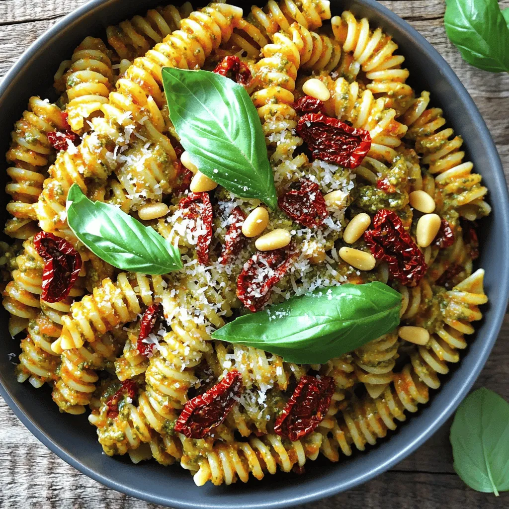 To make your Sun-Dried Tomato Pesto Pasta, gather these items: - 200g pasta (choose from penne, fusilli, or spaghetti) - 1 cup sun-dried tomatoes (preferably in oil for extra flavor) - 1/2 cup fresh basil leaves, tightly packed - 1/4 cup pine nuts, lightly toasted for crunch - 2 cloves garlic, finely minced - 1/2 cup freshly grated Parmesan cheese - 1/4 cup extra virgin olive oil - Salt and freshly cracked black pepper, to taste - Extra fresh basil leaves for garnish - Pasta: Use 200g of your favorite type. - Sun-Dried Tomatoes: One cup gives rich taste. - Basil Leaves: Half a cup adds freshness. - Pine Nuts: A quarter cup provides a nice crunch. - Garlic: Two cloves bring strong flavor. - Parmesan Cheese: Half a cup for creaminess. - Olive Oil: A quarter cup helps blend everything. - Salt and Pepper: Use to taste for seasoning. To make this dish, you will need: - A large pot for boiling pasta - A food processor for the pesto - A strainer to drain the pasta - A large mixing bowl for combining pasta and pesto - Measuring cups and spoons for accuracy - A wooden spoon or spatula for mixing These ingredients and tools set you up for success. The blend of flavors will amaze you. You will enjoy how easy it is to create this dish. For the full recipe, refer to the beginning of the article. First, grab a large pot. Fill it with water and add some salt. Bring the water to a rolling boil. Once it bubbles, add 200g of your favorite pasta. You can use penne, fusilli, or spaghetti. Cook according to the package, usually about 8-10 minutes. Remember to check for al dente. Before draining, save 1/2 cup of the pasta water. This starchy water helps the pesto stick. Drain the pasta and set it aside. Next, take out your food processor. Add 1 cup of sun-dried tomatoes, 1/2 cup of fresh basil, and 1/4 cup of toasted pine nuts. Toss in 2 cloves of minced garlic and 1/2 cup of grated Parmesan cheese. Pulse this mixture until it is finely chopped. Scrape down the sides as needed. Now, with the processor running, slowly pour in 1/4 cup of extra virgin olive oil. Blend until the pesto is creamy and smooth. If it’s too thick, add some reserved pasta water, one tablespoon at a time, until it’s just right. In a large mixing bowl, add the hot, drained pasta. Pour the sun-dried tomato pesto over it. Toss the pasta and pesto together well, making sure every piece is coated. Taste it and add salt and freshly cracked black pepper to your liking. This is where the magic happens! You can find the full recipe for this dish at [Full Recipe]. To get the right pesto texture, start with sun-dried tomatoes packed in oil. This adds rich flavor. When you blend the pesto, use the food processor. Gradually add olive oil while blending. If it feels too thick, add a bit of reserved pasta water. This helps achieve the creaminess you want. Always taste as you go! Adjust salt and pepper for the best flavor. Cooking pasta correctly is key. Use a large pot with plenty of boiling, salted water. Add pasta and stir to prevent sticking. Check the package for cooking time. Aim for al dente, which means firm but not hard. Before draining, save some pasta water. This starchy water can help improve your pesto. Drain the pasta and mix it with the pesto right away for the best taste. Make your dish stand out! Serve the pasta in warm bowls. Add a drizzle of high-quality olive oil on top. Sprinkle with extra Parmesan and fresh basil for color. You can even add a pinch of crushed red pepper flakes for a kick. These details make your meal look gourmet! Enjoy showing off your beautiful sun-dried tomato pesto pasta. For more ideas, check the Full Recipe. {{image_4}} If you want to make this dish gluten-free, choose pasta made from rice or corn. You can find gluten-free penne, fusilli, or spaghetti at most stores. Cook it the same way as regular pasta. The flavor and texture will still shine through with sun-dried tomato pesto. To make this meal heartier, add protein. Grilled chicken, shrimp, or even chickpeas work great. For chicken, cut it into bite-sized pieces and sauté until cooked through. For shrimp, cook them until they turn pink. Mix the protein right into the pasta with the pesto for a filling dish. Adding veggies boosts flavor and nutrition. Try spinach, zucchini, or bell peppers. Sauté the vegetables in a bit of olive oil before mixing them into the pasta. You can also add roasted cherry tomatoes for a sweet burst. These add-ins make the dish colorful and tasty. For the complete recipe, check out the [Full Recipe]. Leftover sun-dried tomato pesto pasta can be stored easily. Place it in an airtight container. Make sure it cools down before sealing. This way, it stays fresh in the fridge for up to three days. If you pack it well, it won't dry out. To reheat your pasta, use a skillet for the best flavor. Heat a little olive oil over low heat. Add the pasta and stir gently. If it's dry, you can mix in some water or extra pesto. This helps bring back the creamy texture. You can also microwave it, but be careful not to overheat. Heat it in short bursts, stirring in between. If you want to save the pesto, freezing works great. Pour the pesto into ice cube trays for easy use. Once frozen, pop the cubes into a freezer bag. They can last for about three months. When you're ready to use them, just thaw the cubes in the fridge overnight or mix them into hot pasta directly. This keeps your meals quick and tasty! Sun-dried tomato pesto pasta is a simple dish that packs a lot of flavor. It features pasta tossed with a rich pesto made from sun-dried tomatoes, fresh basil, and nuts. The creamy texture comes from olive oil and Parmesan cheese. This meal is quick to make and perfect for any night. You can enjoy it hot or cold, making it a versatile choice for lunch or dinner. Yes, you can make sun-dried tomato pesto pasta vegan! To do this, replace the Parmesan cheese with nutritional yeast or a vegan cheese alternative. Use a plant-based pasta if you prefer. This keeps the dish full of flavor while meeting vegan needs. Just make sure to check all other ingredients for animal products. Sun-dried tomato pesto lasts about one week in the fridge. Store it in an airtight container to keep it fresh. If you want the pesto to last longer, consider freezing it in ice cube trays. This way, you can use just what you need later. Enjoy your sun-dried tomato pesto pasta using the full recipe for the best taste! This article shared all you need to know about sun-dried tomato pesto pasta. You learned the key ingredients and best tools, plus step-by-step cooking tips. I offered helpful advice on creating the perfect pesto and impressing your guests. You can try variations for gluten-free options, protein boosts, or extra veggies. Don't forget how to store leftovers for future meals. Embrace this dish; it's simple, tasty, and sure to please. Enjoy making this pasta!