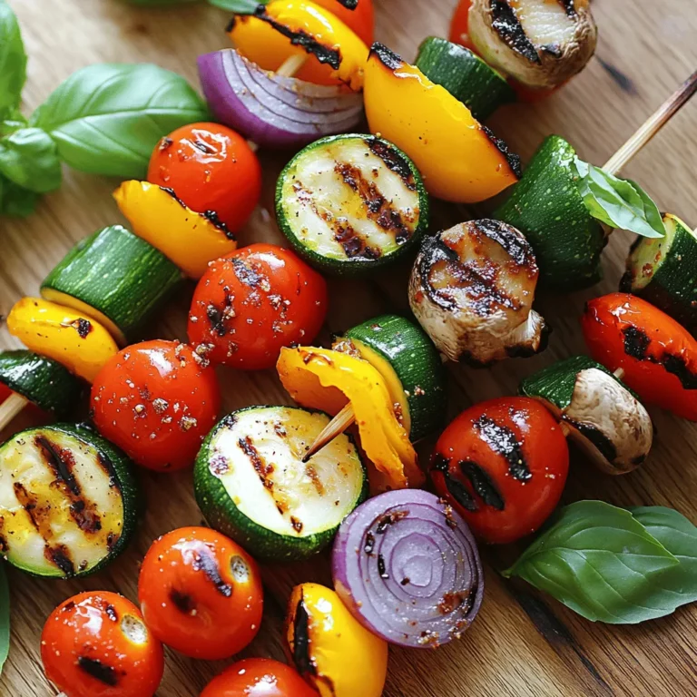- 1 medium zucchini, sliced into thick rounds - 1 large red bell pepper, cut into large chunks - 1 large yellow bell pepper, cut into large chunks - 1 medium red onion, cut into wedges - 1 cup cherry tomatoes, left whole - 1 cup mushrooms, halved The main ingredients make your skewers colorful and tasty. Zucchini adds a nice crunch. Bell peppers bring sweetness and color. Red onion gives a sharp flavor that balances well. Cherry tomatoes burst with juiciness when grilled. Mushrooms add earthiness, making every bite satisfying. - 2 tablespoons extra virgin olive oil - 2 teaspoons garlic powder - 1 teaspoon smoked paprika - Salt and freshly ground black pepper, to taste To enhance flavor, you need a great marinade. Olive oil helps the spices stick to the veggies. Garlic powder gives a savory kick. Smoked paprika adds a hint of smokiness, perfect for grilling. Salt and pepper boost all the tastes, making your skewers pop. - Wooden or metal skewers - Grill (gas or charcoal) - Mixing bowl You need a few tools to make this recipe easy. Wooden or metal skewers hold your veggies together. Soak wooden skewers in water to prevent burning. A grill, either gas or charcoal, gives those lovely grill marks. A mixing bowl helps combine all your veggies and seasoning. For the full recipe, check out the [Full Recipe] section. 1. Preheating the grill: Start by turning on your grill. Set it to medium-high heat. Aim for about 400°F (200°C). This heat helps the vegetables cook well and get that nice char. 2. Soaking wooden skewers: If you're using wooden skewers, soak them in water for at least 30 minutes. This step stops them from burning on the grill. It helps them stay strong while cooking. 1. Combining vegetables in a bowl: Grab a large mixing bowl. Add the sliced zucchini, red bell pepper chunks, yellow bell pepper chunks, onion wedges, cherry tomatoes, and halved mushrooms. This mix gives you a colorful and tasty base. 2. Drizzling with oil and spices: Pour 2 tablespoons of olive oil over the vegetables. Next, sprinkle 2 teaspoons of garlic powder and 1 teaspoon of smoked paprika on top. Season with salt and pepper to taste. Gently toss everything together until each veggie gets coated. This step boosts the flavor as they cook. 1. Threading vegetables onto skewers: Take your soaked skewers and start adding the marinated vegetables. Alternate between different kinds to make it look great. Aim for a mix of colors and textures. 2. Ensuring even distribution: Pack the vegetables closely but not too tightly. This spacing helps them cook evenly. You want every bite to be full of flavor! For the full recipe, check out the details above. To get great grilled vegetable skewers, keep the grill at a steady temperature. Aim for about 400°F (200°C). Check the heat with your hand. If you can hold it there for five seconds, it is ready. When you grill, turn the skewers every few minutes. This helps all sides cook evenly. Turn them gently to avoid losing any veggies. Marinades can add depth to your skewers. Try a mix of olive oil, lemon juice, and your favorite herbs. Let the veggies soak for at least 30 minutes. The longer they marinate, the more flavor they gain. Always season your veggies before grilling. A sprinkle of salt and pepper goes a long way. It brings out the natural sweetness in the vegetables. For a lovely display, serve your skewers on a large platter. Layer them in a colorful pattern. Add a sprinkle of fresh basil for a pop of green. You can also serve a dipping sauce on the side. It adds an extra fun element. Try a yogurt dip or a spicy salsa. This makes your dish more exciting and tasty. {{image_4}} You can mix and match many vegetables for skewers. Seasonal veggies often taste best. In summer, try eggplant, asparagus, or corn. In fall, consider squash or pumpkin. If you have allergies, swap any vegetable. For example, replace mushrooms with zucchini or bell peppers. Just keep the flavors in mind. International spices can add fun twists. Try Italian herbs like oregano or basil. For a Moroccan flair, use cumin or coriander. You can also add protein. Chicken or tofu pairs well with these skewers. Just marinate them with the same spices for a unified flavor. You can also roast these skewers in the oven. Preheat your oven to 425°F (220°C). Place the skewers on a baking sheet lined with parchment paper. Roast for about 15-20 minutes, turning halfway through. If you want to grill indoors, use a stovetop grill pan. Heat the pan over medium-high heat and grill for the same time as on an outdoor grill. For the complete recipe, check the Full Recipe. This will guide you step-by-step in making these delicious grilled vegetable skewers. To store grilled skewers, let them cool first. Place them in an airtight container. This keeps them fresh and tasty. You can also wrap them in plastic wrap or foil. Store them in the fridge for up to three days. To keep vegetables fresh, avoid stacking them too high. This helps prevent bruising and keeps them from getting soggy. To reheat your skewers, use a grill or oven. Preheat the grill to a low heat. For the oven, set it to 350°F (175°C). Place the skewers on the grill or a baking tray. Heat them for about 5-10 minutes. Make sure to turn them often for even heating. This helps keep the texture and flavor intact. You can also reheat in a microwave if you're short on time. Just use a microwave-safe dish and cover it. Yes, you can freeze skewers! To do this, wrap them tightly in plastic wrap. Then place them in a freezer bag. They can last up to three months in the freezer. When you're ready to eat, thaw them in the fridge overnight. For best results, reheat them on the grill or in the oven. This helps maintain their flavor and texture. If you freeze the skewers, do not freeze them with any dips or sauces, as they may separate. For the full recipe, you can check the main article. For grilling, I love using a mix of vegetables. Here are my top picks: - Zucchini - Bell peppers (red, yellow, green) - Red onion - Cherry tomatoes - Mushrooms These choices add great flavors and textures. Zucchini becomes sweet and soft. Bell peppers give a nice crunch. Red onion adds a bit of bite. Cherry tomatoes burst with flavor. Mushrooms become earthy and juicy. You can also try asparagus, eggplant, or corn for variety. Cooking time for vegetable skewers varies. Here’s a quick guide: - Zucchini: 10-12 minutes - Bell peppers: 10-12 minutes - Red onion: 10-12 minutes - Cherry tomatoes: 6-8 minutes - Mushrooms: 8-10 minutes Always check for tenderness. Turn the skewers every few minutes for even cooking. This ensures all sides get that lovely char. Yes, you can prepare vegetable skewers ahead of time. Here's how: - Cut your vegetables and store them in an airtight container. - You can marinate them in olive oil and spices before grilling. - Keep them in the fridge for up to a day. This saves time on grilling day. Just remember to soak wooden skewers if you use them. To check if your skewers are done, look for these signs: - Vegetables should be tender when pierced with a fork. - They should have nice grill marks and a slight char. - Cherry tomatoes should be soft and slightly burst. If they meet these criteria, they are ready to enjoy. Trust your senses, and you’ll create delicious skewers! Check out the Full Recipe for more tips. This article covered how to make delicious vegetable skewers. We looked at the key ingredients and discussed how to season and prepare them. You learned step-by-step instructions for grilling your skewers perfectly. We also explored tips to enhance flavor and ways to present your dish impressively. Plus, we included variations and storage tips to help keep your meal fresh. Now, you can enjoy tasty, colorful skewers any time. Choose your favorite veggies and get grilling!