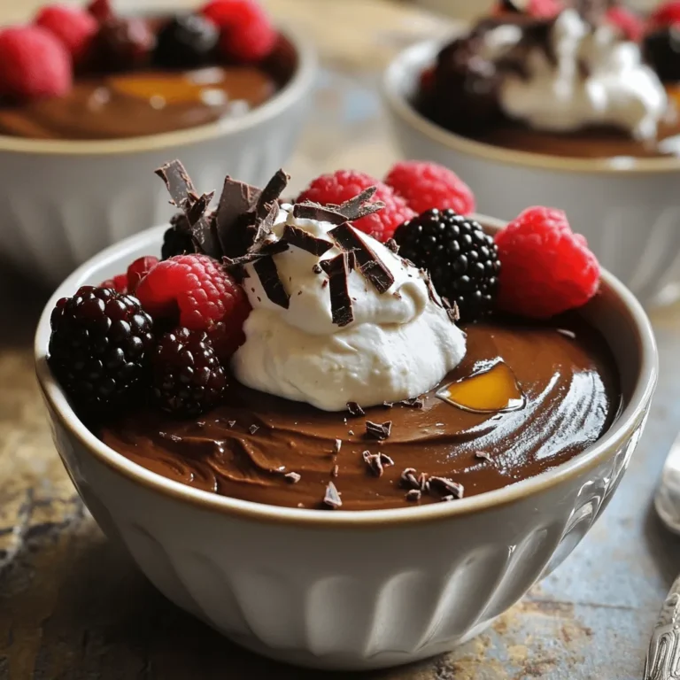 To make a delicious vegan chocolate avocado mousse, you need just a few simple ingredients. Here’s the list: - 2 ripe avocados - 1/2 cup unsweetened cocoa powder - 1/3 cup maple syrup - 1/4 cup almond milk - 1 teaspoon vanilla extract - A pinch of sea salt - Optional toppings: fresh berries, coconut whipped cream, or shaved dark chocolate These ingredients create a creamy, rich dessert. The avocados give a smooth texture, while cocoa powder adds deep chocolate flavor. Maple syrup sweetens the mix, and almond milk helps it blend well. Vanilla extract brightens the taste, and sea salt rounds it out perfectly. Using ripe avocados is key. They provide the best creaminess. You can find ripe avocados by gently pressing them. They should feel soft but not mushy. If they are hard, give them a couple of days to ripen. Feel free to play with optional toppings. Fresh berries add a tart contrast, while coconut whipped cream gives a light finish. Shaved dark chocolate offers an extra touch of elegance. For the full journey to make this delightful treat, check out the Full Recipe. Enjoy crafting this vegan delight! To start, take your ripe avocados and slice them in half. Use a sharp knife to carefully cut around the pit. Once you reach the pit, twist the halves to separate them. Now, use a spoon to scoop out the green, creamy flesh. Make sure to get all of it, as this is the base of your mousse. Next, place the avocado flesh into your food processor. Add the unsweetened cocoa powder, maple syrup, almond milk, vanilla extract, and a pinch of sea salt. These ingredients blend together to create a rich flavor. Secure the lid and blend on high speed. Keep blending until the mixture is completely smooth and creamy. Don’t forget to stop and scrape the sides with a spatula. This ensures everything mixes well. Once your mousse is blended to perfection, it’s time to chill. Transfer the mousse into individual bowls or one large container. Place it in the refrigerator for at least 30 minutes. This cooling time helps the mousse set and enhances the flavors. When you’re ready to serve, take your mousse out and have fun with garnishes. You can top it with fresh berries, a dollop of coconut whipped cream, or some shaved dark chocolate. Each topping adds a special touch. Enjoy the creamy delight! For the complete recipe, check the Full Recipe. To make your mousse smooth, start with ripe avocados. Ripe avocados have a soft and creamy texture, which is key for a great mousse. If your avocados are too firm, the mousse won’t blend well. You want them to yield slightly when you press on them. When blending, use a high-speed blender or food processor. Blend until the mixture is completely smooth. Stop to scrape down the sides as needed. This ensures all the ingredients mix well. The more you blend, the creamier your mousse will be. Sweetness is important for balance. Taste your mousse after blending. You might want to add more maple syrup. This step lets you customize the sweetness to fit your taste. You can also add spices or extracts to enhance the flavor. A dash of cinnamon or a splash of almond extract can add depth. Experiment with flavors to make it your own. Presentation makes a dish shine. Use clear dessert cups to show off the rich color of the mousse. You can layer toppings for a beautiful look. For garnish, consider fresh berries or coconut whipped cream. These add color and texture. Shaved dark chocolate on top adds elegance and a nice crunch. Using fun dishes can elevate the experience. For more detailed steps, check the Full Recipe. {{image_4}} You can easily change some ingredients if needed. For sweeteners, consider using agave syrup instead of maple syrup. Both add sweetness but with different flavors. For plant-based milk, try oat milk or soy milk. Each gives a unique taste and texture to the mousse. Want a twist? Add pureed banana or a spoonful of peanut butter. These options will give your mousse a fun flavor boost. You can also mix in spices like cinnamon or nutmeg for warmth. This mousse can fit many diets. It is already gluten-free, making it safe for those with gluten allergies. If you need a nut-free version, swap almond milk for coconut milk or rice milk. These alternatives keep the mousse creamy without using nuts. Pair your mousse with other desserts for a fun treat. Serve it alongside a warm brownie or a slice of vegan cake. The contrast between warm and cold makes each bite exciting. Have leftovers? Use the mousse as a filling for vegan cupcakes or spread it on toast. You can also layer it in a parfait with granola and fruits for breakfast. The options are endless, and you can get creative! For the full recipe, check out the Vegan Chocolate Avocado Mousse details. Enjoy experimenting with your own variations! To store leftover mousse, place it in an airtight container. This step keeps the mousse fresh longer. Cover the surface with plastic wrap to prevent air contact. This helps avoid oxidation and browning. The ideal conditions for keeping it fresh are cool and dry. Store it in the fridge. Make sure the temperature stays consistent. Avoid placing it near warm foods. The mousse lasts about 3 to 5 days in the fridge. After that, it may start to lose its texture and flavor. Signs of spoilage include a change in color and off smells. If the mousse becomes watery or separates, it's best to throw it out. Always check for freshness before enjoying your creamy treat again. Can I make this mousse ahead of time? Yes, you can make this mousse a day in advance. It stays fresh in the fridge. Just cover it tightly to keep it from drying out. Chilling enhances the taste and texture. Can I use frozen avocados? You can use frozen avocados. Just thaw them first. This will help them blend smoothly. Make sure they are ripe before freezing for the best flavor. What is the nutritional value of this dessert? This dessert is rich in healthy fats, fiber, and antioxidants. One serving has about 150 calories. It contains no dairy or refined sugars, making it a healthy option. What to do if the mousse is too thick? If your mousse is too thick, add a splash of almond milk. Blend again until you reach your desired texture. Start with a little, then add more if needed. How to fix an overly sweet mousse? If the mousse is too sweet, add more cocoa powder. This will balance the sweetness. You can also add a pinch of salt to enhance the flavors. This blog post covered a delicious avocado chocolate mousse. You learned the easy ingredients, like ripe avocados and cocoa powder. We walked through simple steps for preparation, blending, and serving your treat. I shared tips for getting the right texture and flavor. Variations for dietary needs also opened new options. In the end, this mousse is fun to make and share. It’s tasty, healthy, and versatile. You can enjoy this treat in many ways!