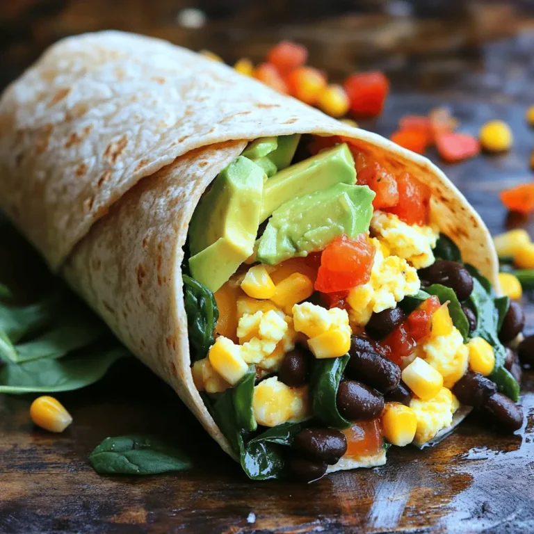 - 4 large whole wheat tortillas - 1 cup black beans, drained and rinsed - 1 cup spinach, roughly chopped - 1 medium bell pepper, diced - 1 small zucchini, diced - 1/2 cup corn kernels To make a veggie-packed breakfast burrito, start with whole wheat tortillas. They add fiber and nutrition. Black beans give protein and a hearty texture. Fresh vegetables, like bell peppers, zucchini, and spinach, bring color and flavor. - 1 ripe avocado, sliced - 1/2 cup shredded cheese For a creamier touch, add sliced avocado. It provides healthy fats and a smooth texture. Cheese is also a great choice. You can use sharp cheddar or a vegan cheese alternative. - 1/2 teaspoon ground cumin - 1/2 teaspoon smoked paprika - Salt and pepper to taste Seasoning is key to great flavor. Ground cumin adds warmth, while smoked paprika gives a nice depth. Don’t forget salt and pepper to enhance all the tastes. For the complete steps, check the Full Recipe. First, heat a drizzle of olive oil in a large skillet over medium heat. Add the diced bell pepper and zucchini. Sauté them for about 3-4 minutes. Keep stirring until they soften. Next, stir in the chopped spinach and corn. Cook for an extra 2 minutes. The spinach will wilt down nicely. Then, add the black beans, ground cumin, smoked paprika, salt, and black pepper. Mix everything well and cook for another 2 minutes to warm through. In a separate bowl, whisk the eggs until they are fully combined. Pour the whisked eggs into the skillet with the vegetable mixture. Gently stir until the eggs are fully cooked and scrambled, which takes about 3-5 minutes. Once done, remove the skillet from heat. Warm the tortillas in a dry skillet or microwave. This makes them soft and easy to fold. Next, take a generous scoop of the veggie-egg mixture and place it in the center of each tortilla. Add a few slices of fresh avocado and a sprinkle of shredded cheese on top. To wrap, first, fold the sides of the tortilla inward. Then roll it up from the bottom. This keeps the filling secure inside. If you want a crispy burrito, place them seam-side down in the skillet. Toast for 1-2 minutes on each side until golden brown. Now, enjoy the burritos warm with a side of salsa or hot sauce. You can also garnish with chopped cilantro if you like. For the full recipe, check the previous section. To get the best flavor and texture, start with the right heat. When sautéing vegetables, use medium heat. This way, they cook evenly without burning. Begin with denser veggies like bell peppers and zucchini. Cook them for about 3-4 minutes. Then, add the softer spinach and corn. They need just a couple of minutes to wilt and warm up. To avoid soggy tortillas, warm them in a dry skillet first. This makes them soft and easy to fold without tearing. You can also wrap them in a clean cloth to keep them warm while you work on the filling. A great burrito needs some tasty sauces. I love serving mine with salsa or hot sauce. You can also try guacamole for a creamy touch. Fresh cilantro on top adds flavor and color, too. For sides, consider serving with fresh fruit or a simple salad. This adds a nice balance to your meal. You can also pair it with crispy tortilla chips for some crunch. If you want to save time, meal prep is key. You can store the veggie filling in an airtight container in the fridge. It stays fresh for about 3-4 days. To freeze the burritos, wrap each one in foil or plastic wrap. Place them in a freezer bag. They can last up to three months! When you’re ready to eat, just reheat in the oven at 350°F for about 25-30 minutes. You can also microwave them, but the oven keeps them crisp. For the full recipe, check out the Veggie Packed Breakfast Burrito section. {{image_4}} You can switch up the veggies in your burrito. Try using: - Chopped kale or Swiss chard instead of spinach. - Diced tomatoes or mushrooms for extra flavor. - Sweet potatoes for a hearty touch. For vegan options, replace the eggs with flax eggs. Use nutritional yeast for a cheesy flavor without dairy. Add spices to make your burrito pop. Consider: - Fresh cilantro for a zesty kick. - A pinch of chili powder for heat. - Italian herbs like oregano for a unique twist. Try different cheeses too. Cheddar gives a sharp taste, while feta adds a salty bite. Vegan cheese can work well if you're avoiding dairy. Mix it up with global flavors! For a Mexican-style burrito: - Add jalapeños for spice. - Use pico de gallo or guacamole as toppings. For a Mediterranean twist, include: - Feta cheese and olives. - A drizzle of tzatziki sauce. These ideas help you make a burrito that fits your taste! For the full recipe, check the complete instructions above. To store leftover burritos, let them cool first. Wrap each burrito tightly in foil or plastic wrap. Place them in an airtight container. They will stay fresh in the fridge for up to four days. If you plan to eat them soon, this method works great. For longer storage, freezing is a smart choice. Wrap each burrito in foil or freezer-safe plastic wrap. Place them in a freezer bag, squeezing out any air. Label the bags with the date. Frozen burritos can last up to three months. This way, you have a quick meal ready whenever you need it. To reheat without losing texture, use these methods. - Microwave: Remove any foil and place the burrito on a microwave-safe plate. Heat on medium for 1-2 minutes. Check it halfway through to see if it needs more time. - Oven: Preheat your oven to 350°F (175°C). Wrap the burrito in foil and heat for about 15-20 minutes. - Skillet: Heat a non-stick skillet over medium heat. Place the burrito seam-side down. Cook for 3-4 minutes on each side until heated through and crispy. These methods will keep your burrito tasty! For the full recipe, click here. To make this yummy burrito, follow these easy steps: 1. Sauté the Vegetables: Heat olive oil in a skillet. Add diced bell pepper and zucchini. Cook for 3-4 minutes until soft. 2. Add Spinach and Corn: Stir in chopped spinach and corn. Cook for 2 more minutes until spinach wilts. 3. Mix in Black Beans: Add black beans, ground cumin, smoked paprika, salt, and pepper. Cook for 2 minutes. 4. Scramble the Eggs: Whisk eggs in a bowl. Pour them into the skillet. Stir gently until fully cooked, about 3-5 minutes. 5. Warm the Tortillas: Heat tortillas in a dry skillet or microwave until soft. 6. Assemble the Burritos: Place veggie-egg mix on each tortilla. Top with avocado and cheese. 7. Wrap It Up: Fold the sides in, then roll from the bottom. Make sure the filling is secure. 8. Serve and Enjoy: Enjoy with salsa or hot sauce on the side. This recipe is quick and easy, perfect for busy mornings. You can find the Full Recipe for more details. Yes, you can easily make this breakfast burrito vegan. Here’s how: - Egg Substitute: Use flax eggs instead of regular eggs. Mix 1 tablespoon of ground flaxseed with 2.5 tablespoons of water for each egg. - Cheese Alternatives: Choose a vegan cheese option or skip the cheese altogether for a lighter burrito. Nutritional yeast adds a cheesy flavor without dairy. These swaps keep your burrito tasty and healthy while fitting a vegan diet. Many vegetables work great in a breakfast burrito. Here’s a list of my favorites: - Bell Peppers: They add sweetness and color. - Zucchini: This veggie keeps things light and adds nice texture. - Spinach: Packed with nutrients, it wilts down and blends well. - Corn: Sweet corn adds a burst of flavor. - Mushrooms: These add a savory taste and meaty texture. - Onions: Sautéed onions bring depth and sweetness. Using these veggies boosts nutrition and flavor, making your burrito delightful. Making tasty breakfast burritos is easy with the right ingredients and steps. We covered whole wheat tortillas, flavorful black beans, fresh veggies, and exciting spices. Preparing and assembling them can be fun! Remember to try different veggies and sauces for variety. Storing and reheating correctly keeps them fresh. With some practice and creativity, you can customize your burritos just how you like. Enjoy your cooking journey and make every meal special!