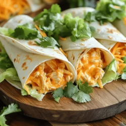 To make tasty buffalo chicken wraps, you need the following main ingredients: - 2 cups cooked chicken, shredded - 1/2 cup buffalo sauce - 1/4 cup cream cheese, softened - 1/2 cup ranch dressing - 1/2 cup celery, finely chopped - 1/2 cup shredded lettuce - 1/2 cup shredded cheddar cheese - 4 large flour tortillas These ingredients create a delicious blend of flavors. The chicken provides protein, while the buffalo sauce adds heat. You can enhance your wraps with these optional ingredients: - Fresh cilantro, for garnish - Sliced avocado, for creaminess - Diced tomatoes, for freshness - Pickled jalapeños, for extra spice These ingredients add more depth to your wraps. You can mix and match to find your favorite flavor. Using fresh ingredients makes a big difference. Here are some tips: - Choose high-quality chicken. Cook it yourself or buy a rotisserie chicken. - Look for fresh celery. It should be crisp and green. - Use fresh lettuce. Romaine or iceberg works well. - Get good-quality tortillas. They should be soft and pliable. Fresh ingredients ensure your buffalo chicken wraps taste great. Remember, the better the ingredients, the better your meal! For the full recipe, check the earlier section. Making Buffalo chicken wraps is simple and fast. You need just a few steps. First, gather all your ingredients. This saves time and makes cooking easier. You will have a tasty meal ready in just 15 minutes. 1. Start by mixing the shredded chicken and buffalo sauce in a large bowl. Make sure the chicken is well coated. 2. Next, add the softened cream cheese. Stir it in until it's mixed well with the chicken. 3. Now, fold in the chopped celery and ranch dressing. Mix it gently so all the flavors blend. 4. Lay each tortilla flat on your clean surface. You want them ready for filling. 5. Spoon your buffalo chicken mix onto the center of each tortilla. Leave some space at the edges for rolling. 6. Sprinkle shredded lettuce and cheese on top of the chicken mix. This adds crunch and taste. 7. Roll the tortilla tightly from one end. Tuck in the sides to keep the filling inside. 8. With a sharp knife, cut each wrap in half diagonally. This makes them easy to hold and eat. 9. Arrange the wraps on a platter. If you like, add chopped cilantro for garnish. - Use large tortillas to hold all the tasty filling. - Make sure to spread the filling evenly. This helps with rolling. - Tuck the sides in while rolling to keep everything inside. - If you find it hard to roll, try warming the tortillas slightly. This makes them more flexible. For the complete recipe, check out the Full Recipe section! To make the best Buffalo chicken wraps, start with quality chicken. I use cooked chicken that is shredded. The chicken should be warm when mixing with the buffalo sauce. This helps the sauce stick and enhances the flavor. Mix the chicken with the buffalo sauce well. I suggest using a large bowl for easy stirring. Adding cream cheese makes the filling creamy and less spicy. Don't skip on the ranch dressing; it adds a great taste! You can adjust the spice level to fit your taste. If you want less heat, use less buffalo sauce. You could also mix in some sour cream or extra cream cheese. For those who love heat, add extra buffalo sauce. A sprinkle of cayenne pepper can also boost the spice. Always taste the filling before wrapping it up. This way, you can tweak the flavors to your liking. Having the right tools makes cooking easier. Here are a few I recommend: - Large mixing bowl - Sharp knife for cutting - Cutting board - Measuring cups and spoons - Large spatula for mixing - Clean surface for rolling the wraps These tools help you prepare the wraps quickly. You’ll enjoy the process and the results! For the full recipe, check the detailed instructions above. {{image_4}} Grilling your buffalo chicken wraps gives them a smoky flavor. Start by preparing your filling just as you would for the regular wraps. Heat your grill to medium. Once hot, place each wrapped tortilla on the grill. Cook for about 3 to 4 minutes on each side. Look for nice grill marks. This makes the tortilla crispy. It also adds a rich taste that takes your wraps to the next level. Not everyone loves chicken, and that's okay! You can create a vegetarian version. Instead of chicken, use grilled vegetables like zucchini, bell peppers, or mushrooms. You can also use chickpeas or tofu as a protein source. Mix these with buffalo sauce and cream cheese. This keeps the creamy texture and spicy kick. Serve it just like the regular wraps for a tasty treat. You can mix and match flavors to create your own spin. Try adding sliced avocado for creaminess. You can also add sliced jalapeños for extra heat. Crumbled blue cheese can give a nice tang. Another great idea is to add some pineapple for sweetness. Each addition changes the taste and makes the wraps unique. Explore these options to find your favorite flavor mix. For the full recipe, check out the earlier section. To keep your buffalo chicken wraps fresh, place them in an airtight container. This helps them stay moist and tasty. If you have extra filling, store it separately to avoid soggy wraps. You can store leftovers in the fridge for up to three days. Always let the wraps cool down before sealing them up. This prevents condensation inside the container. Reheating is easy! You can use a microwave or an oven. For the microwave, place the wrap on a plate and cover it with a damp paper towel. Heat for about 30 seconds on high. For the oven, wrap the buffalo chicken wrap in foil and heat at 350°F for about 10 minutes. This keeps the wrap crispy. If you want to freeze buffalo chicken wraps, wrap each one tightly in plastic wrap. Then, place them in a freezer bag. This keeps them safe and fresh. You can freeze them for up to three months. When you're ready to eat, thaw them in the fridge overnight before reheating. This way, they taste just as good as fresh! For the full recipe, check the details above. Yes, you can make Buffalo Chicken Wraps ahead of time. Prepare the filling and store it in the fridge. Wraps can stay fresh for up to two days. When you are ready to serve, fill the tortillas and roll them. This method saves time and makes meal prep easy. You can use blue cheese dressing instead of ranch for a bolder flavor. If you prefer, try plain Greek yogurt for a healthier option. You can also mix sour cream with herbs for a tasty homemade substitute. Feel free to experiment with flavors that you love! To make your Buffalo Chicken Wraps healthier, use whole wheat tortillas instead of regular ones. You can also add more veggies like spinach or bell peppers for extra nutrients. Use a lighter dressing or reduce the amount of buffalo sauce for less heat. This keeps the flavor while making it a healthier choice. To wrap it up, we covered how to make delicious Buffalo chicken wraps. You learned about key ingredients and tasty options to up the flavor. I shared easy steps, helpful tips, and fun variations. You can store leftovers properly and even freeze wraps for later. Remember, you can adjust spice levels to fit your taste. Try new twists and enjoy your cooking! Now, go make those wraps!