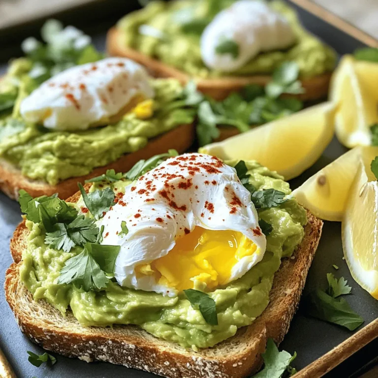 - Ripe avocados - Whole grain or sourdough bread - Large eggs - White vinegar - Salt and freshly cracked pepper - Extra virgin olive oil - Red chili flakes (optional) - Fresh herbs for garnish - Lemon wedges for serving For this avocado toast with poached egg, I love using ripe avocados. They add creaminess and richness. I often choose whole grain or sourdough bread for the perfect base. These breads bring a nice texture and flavor. Next, I use large eggs for poaching. The size helps them cook evenly. White vinegar is key for poaching. It helps the egg whites stay together. Don't skip the salt and freshly cracked pepper. They enhance flavor beautifully. Extra virgin olive oil adds a tasty finish. If you enjoy a bit of spice, try red chili flakes. Fresh herbs like cilantro or parsley brighten the dish. Finally, lemon wedges add a zesty touch when squeezed on top. These ingredients work together to create a delicious meal. Follow the full recipe for step-by-step guidance. Enjoy every bite of this simple yet elegant dish! Toasting the bread is simple. You can use a toaster or a skillet. If you use a skillet, heat it to medium. Cook the bread until it turns golden brown. Aim for a nice crispness that holds up to toppings. Perfect toast should be crunchy on the outside but soft inside. Start by cutting the avocados in half. Remove the pit and scoop the flesh into a bowl. Use a fork to mash the avocado. Leave some chunks for texture. For flavor, add salt, freshly cracked pepper, and a drizzle of extra virgin olive oil. Mix well but don’t overdo it. The right texture is creamy yet slightly chunky. Fill a medium saucepan with water, about 2 inches deep. Bring the water to a gentle simmer. Add a tablespoon of white vinegar to help the eggs keep their shape. Crack each egg into a small bowl. Gently slide each egg into the simmering water. Poach for 3-4 minutes for a runny yolk. If you prefer a firmer yolk, cook a bit longer. Use a slotted spoon to lift the eggs out and drain on paper towels. Spread the mashed avocado generously on each slice of toasted bread. Make sure to cover every inch of the toast. This adds rich flavor in every bite. Now, gently place one poached egg on top of the avocado. When you cut into the egg, the yolk should flow over the avocado. This makes each bite even tastier. For the final touch, sprinkle salt, pepper, and chili flakes if you like heat. Garnish with fresh herbs for a pop of color. For the full recipe, check out Avocado Toast with Poached Egg. To make a great poached egg, avoid these common mistakes: - Using boiling water: It should be at a gentle simmer. - Skipping vinegar: This helps the egg hold its shape. - Cracking eggs directly in: Use a small bowl first. For beginners, here are some easy tips: - Use fresh eggs; they hold their shape better. - Swirl the water gently before adding the egg; this helps it stay round. - Time your eggs carefully. Aim for 3-4 minutes for a runny yolk. To bring out the best in your avocado toast, try these seasonings and toppings: - Salt and pepper: Essential for basic flavor. - Red chili flakes: Add a spicy kick if you like heat. - Lemon juice: A squeeze brightens the dish. For extra flair, consider these toppings: - Fresh herbs: Cilantro or parsley adds color and freshness. - Feta cheese: Crumbled feta brings saltiness and creaminess. - Sliced radishes: They add crunch and a peppery note. Pair your avocado toast with these tasty sides or drinks: - Fresh fruit: Berries or sliced oranges add sweetness. - Yogurt: A creamy side complements the toast well. - Coffee or tea: A warm drink balances the meal. These ideas will elevate your avocado toast experience! For the full recipe, check the earlier section. {{image_4}} You can use many types of bread for your avocado toast. Whole grain offers a hearty bite, while sourdough brings a nice tang. If you need gluten-free options, try gluten-free bread or rice cakes. Each type adds its own flavor and texture, so feel free to experiment. Add unique toppings to make your dish special. Try sliced radishes for crunch or feta cheese for creaminess. You can also add smoked salmon for a savory touch or cherry tomatoes for sweetness. Pair flavors like avocado and lemon for brightness or chili flakes for heat. Let your taste buds guide you. If you want a vegan version, skip the egg. Try using tofu instead. You can scramble or slice it and add it on top. For seasoning, use nutritional yeast to get that cheesy flavor. You can also mix in some lemon juice and herbs for a fresh kick. This way, you enjoy a tasty dish without any animal products. To keep your leftover avocado toast fresh, it's best to store it in the fridge. Place any uneaten toast in an airtight container. This will help preserve its taste and texture. Always store the toast and toppings separately if possible. Avocado can brown quickly, so keep it covered with plastic wrap or in a sealed container. When it comes time to reheat your toast, use a toaster or an oven. This method will help keep the bread crispy. Avoid using a microwave, as it can make the toast soggy. Heat for just a few minutes until warm. For avocados, store them at room temperature if they are not ripe. Once ripe, keep them in the fridge to slow down the browning process. To prevent browning, you can squeeze some lemon juice on the exposed flesh. Eggs should be kept in their original carton in the fridge. This helps maintain their freshness. Check the expiration date to ensure they are good to use. For bread, store it in a cool, dry place. A bread box or sealed bag works well. If you want to keep it fresh for longer, freeze the slices. Just toast them directly from the freezer when ready to eat. Enjoy your avocado toast with poached egg, knowing your ingredients are stored properly for the best taste. For the full recipe, check out the Avocado Toast with Poached Egg. The best way to poach an egg is to use fresh eggs. This helps keep the shape. Start with a pot of water, about 2 inches deep. Bring it to a gentle simmer. Add one tablespoon of white vinegar. The vinegar helps the egg whites set. Crack each egg into a small bowl first. Then, gently slide the egg into the water. Cook for 3-4 minutes for a runny yolk. For a firmer yolk, cook a bit longer. Use a slotted spoon to lift the egg out. Drain it on a paper towel before serving. To stop avocado from browning, use lemon juice. The acid in the juice slows down oxidation. You can also store avocado in an airtight container. Keep it in the fridge if you cannot eat it right away. When serving, add the avocado just before eating. This keeps it fresh and green. If you mash the avocado, mix in some lemon juice right away. You can prep avocado toast ahead of time, but with care. Toast the bread in advance; it keeps well. Store it in a sealed bag to keep it crisp. For the avocado, mash it but add lemon juice to slow browning. Store the mash in the fridge. When ready to eat, assemble the toast quickly. Add the poached egg and enjoy! Avocado toast packs many health benefits. Avocados are rich in healthy fats, which are good for your heart. They also have fiber, helping with digestion. Whole grain bread adds more fiber and nutrients. This meal keeps you full and provides energy. Enjoying it for breakfast or lunch is a great choice! Yes, you can make avocado toast without eggs. For a vegan option, try using tofu. Silken tofu can be a great substitute. You can also spread hummus or add sliced tomatoes. Nutritional yeast can add a cheesy flavor. Feel free to mix in your favorite toppings! Avocado toast is simple yet delicious. We covered key ingredients like ripe avocados, bread, and eggs. You learned how to prepare each part from toasting bread to poaching eggs. I shared tips for enhancing flavors and avoiding common mistakes. Each section helps you create a great meal. Remember, you can customize this recipe easily. Explore different bread, toppings, or even vegan options. Enjoy your avocado toast adventures, and don’t forget to share your creations!