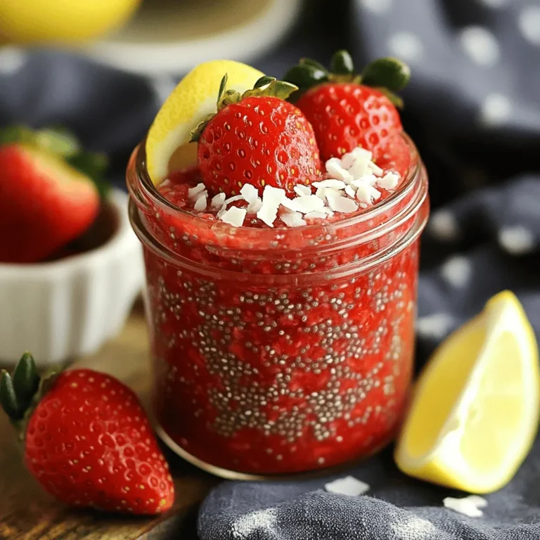 - 2 cups fresh strawberries, hulled and halved - 1/4 cup coconut sugar (or regular granulated sugar) - 1/4 cup unsweetened shredded coconut - 2 tablespoons chia seeds - 1 tablespoon freshly squeezed lemon juice - A pinch of salt In this jam, fresh strawberries shine. Their sweet flavor pairs well with coconut sugar, which adds a lovely hint of caramel. The shredded coconut gives a nice texture and tropical feel. You can choose to add chia seeds for extra nutrition. They help thicken the jam and add a slight crunch. A touch of lemon juice brightens the flavor, while salt balances the sweetness. Feel free to mix and match the optional ingredients to suit your taste. You can adjust the sweetness with more or less sugar. This jam is simple yet packed with flavor, making it a treat for breakfast or a snack. You can find the full recipe above. 1. Start by combining the hulled strawberries and coconut sugar in a medium saucepan. 2. Cook this mixture over medium heat for about 5 to 7 minutes. You want the strawberries to soften and let out their juices. 3. Once they are tender, use a fork or a potato masher to mash the strawberries. You can make it smooth or leave some chunks for texture. 1. Next, mix in the unsweetened shredded coconut and chia seeds. 2. Add 1 tablespoon of freshly squeezed lemon juice and a pinch of salt. Stir well to blend all the ingredients. 3. Lower the heat and let the jam simmer for about 5 minutes. This helps the chia seeds absorb liquid and thickens the jam nicely. 1. After simmering, remove the saucepan from heat and let the jam cool for a few minutes. 2. Carefully transfer the jam into a clean jar or airtight container. 3. Allow it to cool completely at room temperature. For the best texture, chill in the fridge for at least 1 hour before serving. For the full recipe, visit the detailed instructions. Enjoy your delicious jam! - Adjusting sweetness with coconut sugar: Coconut sugar adds a rich flavor. If you want it sweeter, add a bit more. Start with a small amount and taste as you mix. You can always add more. - Choosing the right texture: Decide if you want smooth jam or a chunky one. For smooth, mash the strawberries well. If you prefer chunks, mash them lightly. This gives your jam a nice feel. - Presentation ideas for jam: Serve the jam in a lovely glass jar. Add a cute label to make it special. You can also place it on a wooden board with fresh bread and fruit. This makes a beautiful snack. - Best food pairings: Strawberry coconut chia jam goes great with toast, pancakes, or yogurt. It also tastes good with cheese or as a topping on desserts. The options are endless! - Overcooking the mixture: Keep an eye on the jam while it cooks. Overcooking can make it too thick. Stir often and remove it from heat when it looks right. - Not letting it cool properly: After cooking, let the jam cool at room temperature. If you seal it too soon, it may not thicken well. Patience is key for the best results. For the full recipe, check out the [Full Recipe]. {{image_4}} You can make this jam even more fun by adding other fruits. Try mixing in raspberries or blueberries for a twist. These fruits add different tastes and colors. You can also add spices like vanilla or cinnamon. Just a dash can enhance the jam's flavor. This way, you can create your own unique version of Strawberry Coconut Chia Jam. If you want a sugar-free option, you can use a sugar substitute. Stevia or monk fruit sweetener work well. These keep the sweetness without the extra calories. For those on a vegan diet, you can use maple syrup or agave nectar instead of sugar. This makes the jam suitable for everyone. Adjusting the sweetener is simple and keeps the jam delicious. You can find the full recipe for Strawberry Coconut Chia Jam [here](#). Strawberry Coconut Chia Jam lasts about two weeks in the refrigerator. Store it in a clean, airtight jar. Keep it sealed when not in use. This helps maintain its flavor and freshness. Always check for any off smells or changes in texture before using. If you notice anything unusual, it’s best to discard it. You can freeze your jam for up to six months. To do this, pour the jam into a freezer-safe jar, leaving some space at the top. This allows room for expansion as it freezes. Make sure to seal it tightly to avoid freezer burn. When you're ready to enjoy it, transfer the jar to the fridge overnight to thaw. Using stored jam is easy! You can simply spread it cold on toast or pancakes. If you want it warm, heat it gently in a saucepan over low heat. Stir it occasionally until it warms through. You can also mix it into yogurt or oatmeal for a tasty treat. Enjoy your jam in many ways! You can adjust sweetness easily. Just add more or less sugar. Start with coconut sugar. Taste the mix while cooking. If it's not sweet enough, sprinkle in more sugar. You can also use honey or maple syrup for natural sweetness. Remember, the berries are sweet too! Yes, frozen strawberries work well. They are easy to find, and they save time. Just thaw them first. Drain any extra juice before cooking. This helps keep the jam from getting too watery. Cook them the same way as fresh berries. There are a few reasons for this. First, you may not have cooked it long enough. Chia seeds need time to absorb liquid. If the mix is too watery, add more chia seeds. Let it simmer longer. If it still doesn't thicken, try mashing the berries more. This helps break down the fruit. In summary, making Strawberry Coconut Chia Jam is simple. You only need fresh strawberries, coconut sugar, and shredded coconut. Optional ingredients like chia seeds and lemon juice enhance flavor. Follow the steps to prepare, cook, and chill the jam. Remember to avoid common mistakes for perfect results. Explore variations for new flavors or dietary needs. This jam stores well in the fridge and can also be frozen. Enjoy your tasty creation on toast or yogurt, and have fun experimenting with different fruits!
