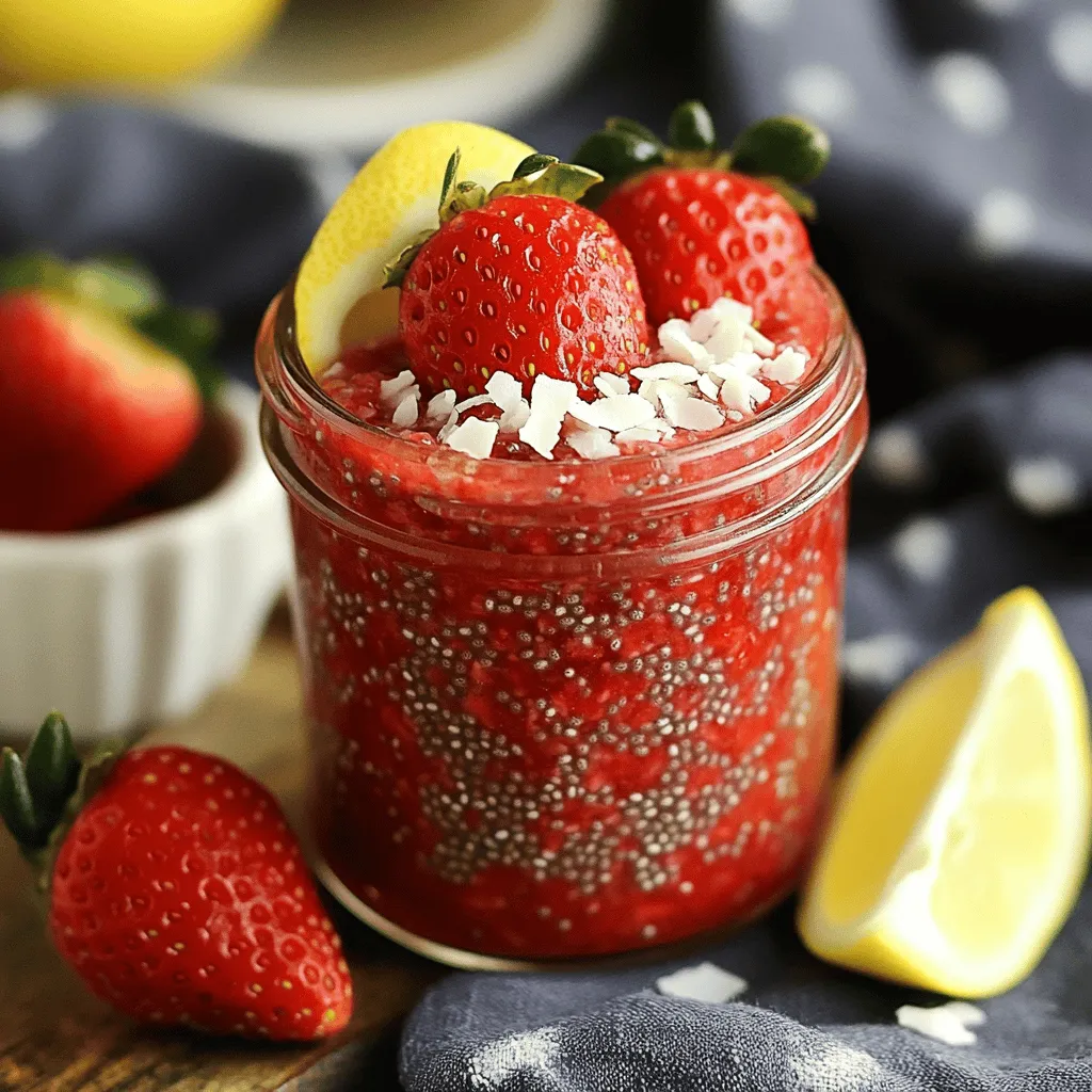 - 2 cups fresh strawberries, hulled and halved - 1/4 cup coconut sugar (or regular granulated sugar) - 1/4 cup unsweetened shredded coconut - 2 tablespoons chia seeds - 1 tablespoon freshly squeezed lemon juice - A pinch of salt In this jam, fresh strawberries shine. Their sweet flavor pairs well with coconut sugar, which adds a lovely hint of caramel. The shredded coconut gives a nice texture and tropical feel. You can choose to add chia seeds for extra nutrition. They help thicken the jam and add a slight crunch. A touch of lemon juice brightens the flavor, while salt balances the sweetness. Feel free to mix and match the optional ingredients to suit your taste. You can adjust the sweetness with more or less sugar. This jam is simple yet packed with flavor, making it a treat for breakfast or a snack. You can find the full recipe above. 1. Start by combining the hulled strawberries and coconut sugar in a medium saucepan. 2. Cook this mixture over medium heat for about 5 to 7 minutes. You want the strawberries to soften and let out their juices. 3. Once they are tender, use a fork or a potato masher to mash the strawberries. You can make it smooth or leave some chunks for texture. 1. Next, mix in the unsweetened shredded coconut and chia seeds. 2. Add 1 tablespoon of freshly squeezed lemon juice and a pinch of salt. Stir well to blend all the ingredients. 3. Lower the heat and let the jam simmer for about 5 minutes. This helps the chia seeds absorb liquid and thickens the jam nicely. 1. After simmering, remove the saucepan from heat and let the jam cool for a few minutes. 2. Carefully transfer the jam into a clean jar or airtight container. 3. Allow it to cool completely at room temperature. For the best texture, chill in the fridge for at least 1 hour before serving. For the full recipe, visit the detailed instructions. Enjoy your delicious jam! - Adjusting sweetness with coconut sugar: Coconut sugar adds a rich flavor. If you want it sweeter, add a bit more. Start with a small amount and taste as you mix. You can always add more. - Choosing the right texture: Decide if you want smooth jam or a chunky one. For smooth, mash the strawberries well. If you prefer chunks, mash them lightly. This gives your jam a nice feel. - Presentation ideas for jam: Serve the jam in a lovely glass jar. Add a cute label to make it special. You can also place it on a wooden board with fresh bread and fruit. This makes a beautiful snack. - Best food pairings: Strawberry coconut chia jam goes great with toast, pancakes, or yogurt. It also tastes good with cheese or as a topping on desserts. The options are endless! - Overcooking the mixture: Keep an eye on the jam while it cooks. Overcooking can make it too thick. Stir often and remove it from heat when it looks right. - Not letting it cool properly: After cooking, let the jam cool at room temperature. If you seal it too soon, it may not thicken well. Patience is key for the best results. For the full recipe, check out the [Full Recipe]. {{image_4}} You can make this jam even more fun by adding other fruits. Try mixing in raspberries or blueberries for a twist. These fruits add different tastes and colors. You can also add spices like vanilla or cinnamon. Just a dash can enhance the jam's flavor. This way, you can create your own unique version of Strawberry Coconut Chia Jam. If you want a sugar-free option, you can use a sugar substitute. Stevia or monk fruit sweetener work well. These keep the sweetness without the extra calories. For those on a vegan diet, you can use maple syrup or agave nectar instead of sugar. This makes the jam suitable for everyone. Adjusting the sweetener is simple and keeps the jam delicious. You can find the full recipe for Strawberry Coconut Chia Jam [here](#). Strawberry Coconut Chia Jam lasts about two weeks in the refrigerator. Store it in a clean, airtight jar. Keep it sealed when not in use. This helps maintain its flavor and freshness. Always check for any off smells or changes in texture before using. If you notice anything unusual, it’s best to discard it. You can freeze your jam for up to six months. To do this, pour the jam into a freezer-safe jar, leaving some space at the top. This allows room for expansion as it freezes. Make sure to seal it tightly to avoid freezer burn. When you're ready to enjoy it, transfer the jar to the fridge overnight to thaw. Using stored jam is easy! You can simply spread it cold on toast or pancakes. If you want it warm, heat it gently in a saucepan over low heat. Stir it occasionally until it warms through. You can also mix it into yogurt or oatmeal for a tasty treat. Enjoy your jam in many ways! You can adjust sweetness easily. Just add more or less sugar. Start with coconut sugar. Taste the mix while cooking. If it's not sweet enough, sprinkle in more sugar. You can also use honey or maple syrup for natural sweetness. Remember, the berries are sweet too! Yes, frozen strawberries work well. They are easy to find, and they save time. Just thaw them first. Drain any extra juice before cooking. This helps keep the jam from getting too watery. Cook them the same way as fresh berries. There are a few reasons for this. First, you may not have cooked it long enough. Chia seeds need time to absorb liquid. If the mix is too watery, add more chia seeds. Let it simmer longer. If it still doesn't thicken, try mashing the berries more. This helps break down the fruit. In summary, making Strawberry Coconut Chia Jam is simple. You only need fresh strawberries, coconut sugar, and shredded coconut. Optional ingredients like chia seeds and lemon juice enhance flavor. Follow the steps to prepare, cook, and chill the jam. Remember to avoid common mistakes for perfect results. Explore variations for new flavors or dietary needs. This jam stores well in the fridge and can also be frozen. Enjoy your tasty creation on toast or yogurt, and have fun experimenting with different fruits!