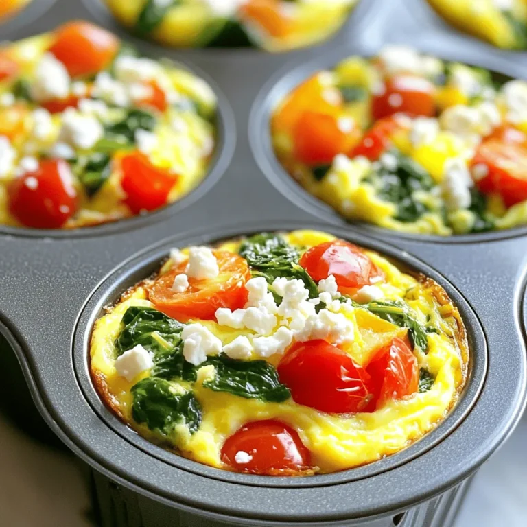 - 6 large eggs - 1/2 cup milk - 1 cup fresh spinach, finely chopped - 1/2 red bell pepper, diced - 1/2 cup cherry tomatoes, halved - 1/4 cup feta cheese, crumbled - 1 teaspoon garlic powder - 1 teaspoon onion powder - Salt and freshly ground black pepper to taste - Cooking spray or olive oil for greasing Egg muffin cups are simple to make and packed with flavor. Each ingredient plays a key role. The eggs provide protein. Milk adds creaminess. Fresh spinach gives color and nutrients. Red bell pepper adds sweetness. Cherry tomatoes bring a burst of freshness. Feta cheese adds a rich, tangy flavor. Nutritional Information These muffin cups are not just tasty; they are healthy too. Each serving has around 120 calories. You get about 10 grams of protein, 7 grams of fat, and 2 grams of carbs. The fresh spinach is high in iron and vitamins. Red bell peppers are rich in vitamin C. Eggs are a great source of protein and healthy fats. Feta cheese has calcium, which is good for bones. Egg muffin cups are a good choice for breakfast or snack. They are easy to make and offer a great balance of nutrients. For the full recipe, check out the Egg Muffin Cups Delight. 1. Preheat your oven to 350°F (175°C). 2. Grease a muffin tin with cooking spray or olive oil. 3. Crack 6 large eggs into a bowl and whisk them. 4. Add 1/2 cup of milk to the eggs and mix thoroughly. 5. Fold in 1 cup of chopped spinach, 1/2 diced red bell pepper, and 1/2 cup halved cherry tomatoes. 6. Stir in 1/4 cup of crumbled feta cheese gently. 7. Season with 1 teaspoon of garlic powder, 1 teaspoon of onion powder, and salt and pepper. 1. Pour the egg mixture into the muffin cups, filling them about three-quarters full. 2. Place the muffin tin in the oven and bake for 18-20 minutes. 3. Check for doneness by gently touching the tops; they should be firm. - Arrange the muffin cups on a colorful platter for a nice look. - You can garnish with fresh herbs or a dash of hot sauce for flavor. - Serve warm or let them cool; they taste great either way! These steps make it easy to enjoy egg muffin cups at home. For more details, check the Full Recipe. To achieve a fluffy texture in your egg muffin cups, whisk the eggs well. You want to beat in plenty of air. This helps them rise nicely when baked. Adding milk also makes them light and creamy. Use whole milk for best results. To avoid egg overflow, fill each muffin cup just three-quarters full. This leaves space for the eggs to puff up as they cook. If you overfill, you risk a messy oven and uneven cooking. One key error is not greasing the tin enough. If the cups stick, it ruins the presentation. Always use cooking spray or olive oil to coat the tin well. Another common mistake is underbaking. Check for doneness at 18 minutes. The tops should be slightly golden and firm to the touch. If they jiggle, bake a few more minutes. You need a good muffin tin for this recipe. A non-stick tin works best for easy release. Silicone muffin pans are also great for easy cleanup. Make sure you have a whisk for mixing the eggs. A measuring cup helps to pour the egg mixture into the cups. These tools will ensure your egg muffin cups turn out perfect every time. For the full recipe, check out the detailed steps I provided earlier. {{image_4}} You can add many veggies to your egg muffin cups. Try zucchini or mushrooms for new flavors. You can also use other greens like kale or Swiss chard. These options give you extra nutrients and taste. Plus, they make your muffin cups colorful. Mixing veggies allows you to use whatever is in your fridge. Protein helps keep you full longer. You can add meats like ham, bacon, or sausage. These options bring great flavor and texture. If you prefer a meat-free dish, try black beans or chickpeas. Beans add protein and fiber without meat. Choose the protein you like best to suit your taste. Cheese can change the flavor of your muffin cups. Cheddar and mozzarella are classic choices. If you want something different, try goat cheese or feta. You can also use vegan cheeses if you want a dairy-free option. Adding herbs and spices like basil or paprika can give your cheese a fun twist. Explore different cheese options for unique flavors in your cups. Check out the Full Recipe for more ideas on creating your perfect egg muffin cups! To store your egg muffin cups, let them cool completely first. This step helps prevent moisture build-up. After cooling, place them in an airtight container. I recommend using glass or BPA-free plastic containers. These options keep your muffins fresh longer. You can freeze egg muffin cups for later use. First, wrap each muffin cup tightly in plastic wrap. Then, place them in a freezer-safe bag or container. This method helps keep out air and moisture. They can stay in the freezer for up to three months. For the best flavor, eat them within one month. To reheat egg muffin cups, you have two main options: the microwave or the oven. The microwave is quick but may make the muffins soggy. Heat them in 30-second bursts until warm. The oven is a better choice for texture. Preheat it to 350°F (175°C) and warm the muffins for about 10 minutes. This method keeps them fluffy and delicious. Egg muffin cups can last in the fridge for about 4 to 5 days. Store them in an airtight container to keep them fresh. This way, they stay moist and tasty. If you notice any smell or change in color, it's best to toss them out. Yes, you can make egg muffin cups ahead of time! They are perfect for meal prep. Just bake them, cool, and store them in the fridge. When you want to eat them, simply reheat in the microwave for about 30 seconds to 1 minute. You can also warm them in the oven at 350°F for about 10 minutes. Egg muffin cups are naturally gluten-free! The main ingredients, like eggs and vegetables, do not contain gluten. However, if you add any processed ingredients, like certain cheeses or sauces, check the labels for gluten. Stick to fresh veggies and gluten-free cheese to keep your muffins safe for those with gluten concerns. In this post, we covered how to make delicious egg muffin cups. We looked at key ingredients, nutrition facts, and step-by-step baking tips. I shared common mistakes and how to avoid them. You can also customize your muffins with various veggies, proteins, and cheeses. For storage, I explained how to keep them fresh and reheat them for the best taste. Remember, these muffins are simple to make and a great meal prep option. Now, go ahead and enjoy creating your own tasty egg muffins, perfect for any time of the day!