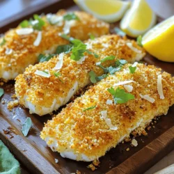 - 4 filets of white fish (cod, tilapia, or haddock) - 1 cup panko breadcrumbs - 1/2 cup freshly grated Parmesan cheese - 1 teaspoon garlic powder - 1 teaspoon onion powder - 1/2 teaspoon smoked paprika - 1/2 teaspoon dried oregano - 1/2 teaspoon fine sea salt - 1/4 teaspoon freshly ground black pepper - 2 large eggs - 2 tablespoons Dijon mustard - 1 tablespoon fresh lemon juice - Cooking spray or olive oil - Fresh herbs (parsley or dill) - Lemon wedges for serving When making crispy oven-baked fish, choosing great ingredients is key. First, select your fish. Cod, tilapia, and haddock all work well. You want fresh filets for the best taste. Next, panko breadcrumbs are a must. They create that nice crunch. Grated Parmesan cheese adds a rich flavor to the dish. Garlic and onion powders give a savory kick. Smoked paprika adds warmth; oregano adds depth. The seasonings work together, making each bite flavorful. Eggs and Dijon mustard help your breadcrumbs stick. Lemon juice brightens the dish and adds freshness. You can use cooking spray or olive oil for a golden finish. For extra flavor, consider fresh herbs. Parsley or dill can brighten your plate. Lemon wedges add a zesty touch when serving. To see the full recipe, check the Full Recipe section. Enjoy the process of gathering your ingredients. The right mix will make your crispy oven-baked fish shine! - Preheat oven to 425°F (220°C) - Line a baking sheet with parchment paper Start by preheating your oven. This step is key to getting crispy fish. Lining your baking sheet with parchment paper helps prevent sticking. It also makes cleanup a breeze. - Mixing the breadcrumb coating ingredients - Whisking the eggs with mustard and lemon juice Now, let’s create the tasty coating. In a large bowl, mix the panko breadcrumbs with Parmesan cheese, garlic powder, onion powder, smoked paprika, oregano, sea salt, and black pepper. This mix gives your fish flavor and crunch. In another bowl, whisk the eggs together with Dijon mustard and lemon juice. This mixture will help the crumbs stick to the fish. The mustard adds zest, while lemon gives a fresh taste. - Dipping filets in the egg mixture - Applying the breadcrumb mixture Take each fish filet and first dip it in the egg mix. Make sure to coat it well. Let any extra egg drip off. Next, roll the filet in the breadcrumb mix. Press gently so the crumbs stick evenly. Place the coated filets on your baking sheet. - Spraying filets with oil - Baking time and how to check for doneness Before baking, lightly spray the fish with cooking spray or drizzle olive oil on top. This step helps the fish turn golden brown. Bake in your preheated oven for 15-20 minutes. Check for doneness by using a fork. The fish should flake easily when cooked. Enjoy your crispy oven-baked fish! For the full recipe, check out the earlier sections. For the best crunch, use panko breadcrumbs instead of regular breadcrumbs. Panko is lighter and flakier, which helps create that perfect crispy texture. It allows more air and moisture to escape, making your fish nice and crunchy. Also, don’t skip the oil! Lightly spraying or drizzling oil on the fish before baking ensures even browning. This helps your fish get golden and crispy all around. When choosing fish, I recommend cod, tilapia, or haddock. These types have a mild flavor and hold up well when baked. Look for fresh filets with a clean smell and firm texture. Freshness is key! If the fish smells fishy or looks dull, it’s best to pass on it. Crispy fish pairs well with various side dishes. Think about serving it with a fresh salad or some roasted vegetables. You can also add a side of fries for a classic touch. For garnishing, try fresh herbs like parsley or dill. A squeeze of lemon juice brightens the dish, and a dollop of tartar sauce adds a nice creaminess. You can find the full recipe [here](#). {{image_4}} To make your crispy oven-baked fish even better, try adding spices. You can mix in some chili powder for heat or lemon zest for freshness. Experiment with herbs like thyme or dill for a new twist. You can also change the cheese. Instead of Parmesan, try using mozzarella or cheddar. Each cheese gives a different flavor and texture. Get creative and find what you love! If you want a gluten-free option, use gluten-free breadcrumbs. Many brands offer tasty choices that still provide a nice crunch. You can also use crushed nuts or cornmeal for a unique texture. To keep it crispy, make sure to coat your fish well. A light spray of oil helps too. This way, it stays golden and crunchy without gluten. You can make this recipe in an air fryer for a quicker option. Set the air fryer to 400°F (200°C) and cook for about 10-12 minutes. This method gives you a crispy outside and tender inside. Grilling is another fun way to cook your fish. Just preheat your grill and place the coated fish on it. Cook for about 5-7 minutes on each side. You’ll get a lovely smoky flavor while keeping the crispy texture! For the full recipe, check out the full recipe link provided. After enjoying your crispy oven-baked fish, store any leftovers in the fridge. To keep the fish fresh, place it in an airtight container. Glass or plastic containers work well. Make sure to cover the fish tightly. This helps keep the moisture in and the fish flavorful. To reheat your crispy fish, the oven is your best friend. Preheat the oven to 350°F (175°C). Place the fish on a baking sheet. Heat for about 10 to 15 minutes. This method keeps the crust crispy. You can also use an air fryer for the same time. Make sure the fish is hot all the way through before serving. If you want to save your crispy fish for later, freezing is a great option. Wrap each fish filet in plastic wrap. Then, place them in a freezer bag. Remove as much air as possible. This helps prevent freezer burn. When you're ready to eat, thaw the filets overnight in the fridge. Reheat them in the oven as described earlier. Enjoy the same great flavor as when you first made them! Baking fish takes about 15 to 20 minutes at 425°F (220°C). Factors like fish thickness and oven type affect cooking time. Thicker filets need a bit longer, while thinner ones cook fast. Always check for doneness to be sure. Yes, you can use frozen fish filets! However, you should thaw them first. To thaw, place them in the fridge overnight or run them under cold water. You may need to adjust the cooking time slightly. Make sure they are fully coated before baking. Great sides for crispy fish include: - Steamed vegetables - Rice or quinoa - French fries or sweet potato fries - Fresh salad with lemon vinaigrette - Tartar sauce or aioli for dipping These pair well and enhance the meal. Check the fish for a few signs. It should flake easily with a fork. The inside should appear opaque, not translucent. The breadcrumb coating should be golden brown. If you see these signs, your fish is perfectly cooked! This blog post shared a simple recipe for crispy oven-baked fish. We listed key ingredients, easy steps, and helpful tips to ensure success. You can make it tastier with optional ingredients and variations. Remember, fresh fish and the right breadcrumbs are key to crispiness. Enjoy your meal with good sides and fresh herbs. With these steps, you will cook delicious fish every time!