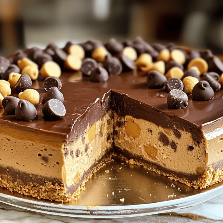 To create a perfect Chocolate Peanut Butter Cheesecake, gather these simple ingredients: - 1 ½ cups graham cracker crumbs - ½ cup unsalted butter, melted - 1 tablespoon granulated sugar - 16 oz cream cheese, softened at room temperature - 1 cup powdered sugar - 1 cup creamy peanut butter - 1 teaspoon vanilla extract - ½ cup heavy cream - 4 oz semi-sweet chocolate, melted and allowed to cool slightly - ½ cup chocolate chips (for topping) - ¼ cup mini peanut butter cups (for optional garnish) Each ingredient plays a key role in making this dessert rich and flavorful. For the crust, graham cracker crumbs give a nice crunch. The melted butter helps bind the crumbs together. Granulated sugar adds sweetness, balancing the flavors. The filling starts with cream cheese, which brings a creamy texture. Powdered sugar makes it sweeter, while peanut butter adds that rich, nutty taste. Vanilla extract gives a warm note, enhancing all the flavors. Heavy cream is whipped to create a light texture in the filling. Semi-sweet chocolate adds depth and richness. The chocolate chips and mini peanut butter cups on top provide a delightful finish. For the full recipe, follow the instructions to combine these ingredients into a delicious treat! 1. In a medium bowl, combine the graham cracker crumbs, melted butter, and sugar. Stir until it looks like wet sand. 2. Press this mixture firmly into the bottom of a 9-inch springform pan. Make sure it is packed tight. 3. Place the crust in the fridge for about 30 minutes. This will help it firm up nicely. 1. In a large bowl, use an electric mixer to beat the softened cream cheese and powdered sugar. Mix until it is smooth with no lumps. 2. Next, add the creamy peanut butter and vanilla extract. Keep mixing until everything is combined and creamy. 3. Gradually pour in the slightly cooled melted chocolate while mixing on low speed. This will help avoid lumps and keep it smooth. 1. In a clean bowl, pour the heavy cream. Use an electric mixer to whip it until soft peaks form. This makes the filling light and airy. 2. Gently fold the whipped cream into the chocolate and peanut butter mixture with a spatula. Be careful to keep it fluffy. 3. Pour the cheesecake filling over the chilled crust. Spread it evenly with a spatula. Tap the pan on the counter to release any air bubbles. 4. Cover the pan with plastic wrap and refrigerate for at least 4 hours, or overnight for the best results. This full recipe will guide you through creating a dessert that balances rich chocolate with creamy peanut butter. To get that creamy texture, always use room temperature ingredients. Cold cream cheese can lead to lumps. Let it sit out for about 30 minutes before mixing. When whipping heavy cream, start at a low speed. Gradually increase the speed to avoid splatters. Look for soft peaks; this adds lightness to the cheesecake. To avoid lumps in your filling, mix slowly when adding melted chocolate. This helps blend it smoothly without clumps. For a beautiful presentation, serve each slice on a nice plate. Drizzle with melted chocolate or add a dollop of whipped cream. You can sprinkle crushed graham crackers on the side for a fun crunch. Pair this cheesecake with coffee or a dessert wine. Both options enhance the rich flavors. If you have leftovers, store them in an airtight container in the fridge. This keeps the cheesecake fresh and delicious. One common mistake is overmixing the filling. This can make your cheesecake dense and heavy. Mix just until ingredients are combined. Also, don’t skip the chilling time. Cheesecake needs to cool fully for the best texture. Finally, refrigerate the crust before adding the filling. This helps it hold its shape and prevents it from becoming soggy. Following these tips will help you create a perfect Chocolate Peanut Butter Cheesecake. For the full recipe, check out the section above. {{image_4}} To make a swirl effect, you need to layer the filling. First, prepare the cheesecake filling as usual. Then, take some of the chocolate mixture and set it aside. Pour the plain peanut butter filling into the crust. Next, drop spoonfuls of the chocolate mixture on top. Use a knife to gently swirl the chocolate into the filling. This creates a beautiful marbled look. When adjusting ingredients for swirling, keep the chocolate filling smaller than the peanut butter. A good ratio is one part chocolate to four parts peanut butter. This keeps the flavor balance right while allowing the swirl to shine. For a gluten-free option, swap the graham crackers with gluten-free crumbs. You can use almond flour or gluten-free cookies. This change will give your crust a different taste but still hold up well. Adjusting the recipe means looking at the texture of the crust. You may need to add a bit more butter or a dash of sugar. This keeps the crust from being too crumbly. Just make sure to pack the crust tightly in the pan. You can change the toppings to suit your taste. Instead of just chocolate chips, try dark chocolate or white chocolate chips. Each type adds a new flavor twist to your cheesecake. For nut toppings, consider using chopped almonds or walnuts. These add a nice crunch. You can also sprinkle some crushed nuts on top for extra flair. This will give your cheesecake a unique look and taste. Feel free to explore these variations while making the Full Recipe! To keep your chocolate peanut butter cheesecake fresh, store it in the fridge. Wrap it well in plastic wrap or use an airtight container. This way, it will stay moist and delicious. You can also freeze the cheesecake if you need to store it longer. Use a freezer-safe container, and it can last up to three months. Just remember to let it cool completely before wrapping. When you want to enjoy frozen cheesecake, the best method is to move it to the fridge. Let it thaw overnight for the best results. This keeps the texture smooth and creamy. If you’re in a hurry, you can leave it out at room temperature for about 2 hours. Just avoid using the microwave, as it can change the texture. If you want to warm a slice, use the oven. Preheat it to 250°F (120°C). Place the slice on a baking sheet and heat for about 10 minutes. This method helps keep the cheesecake creamy without drying it out. Enjoy your slice warm with a drizzle of melted chocolate for an extra treat. The prep time for this cheesecake is 30 minutes. The total time, including chilling, is about 4 hours and 30 minutes. This makes it a great dessert for any occasion! Yes, you can make this cheesecake one day ahead. Just cover it well and store it in the fridge. This helps the flavors meld and improves the taste! To make a firmer cheesecake, chill it longer. Aim for at least 6 hours or overnight. You can also use less cream or add a bit more cream cheese. This helps create a denser texture. Yes, you can use dairy-free cream cheese and coconut cream. Also, choose a plant-based butter for the crust. These swaps keep the flavor while making it dairy-free. Absolutely! Using crunchy peanut butter adds texture and a nice crunch. It also gives a different taste, making each bite more interesting. Just keep in mind that the filling may not be as smooth. This blog post walks you through making a delicious Chocolate Peanut Butter Cheesecake. We covered the key ingredients needed, from graham cracker crumbs to mini peanut butter cups. The step-by-step guide ensures a smooth process, helping you avoid common mistakes. Remember to chill your cheesecake well for the best texture. In conclusion, this cheesecake is easy to customize. Whether you try a swirl or gluten-free option, you can enjoy a tasty treat. So gather your ingredients and start baking today!