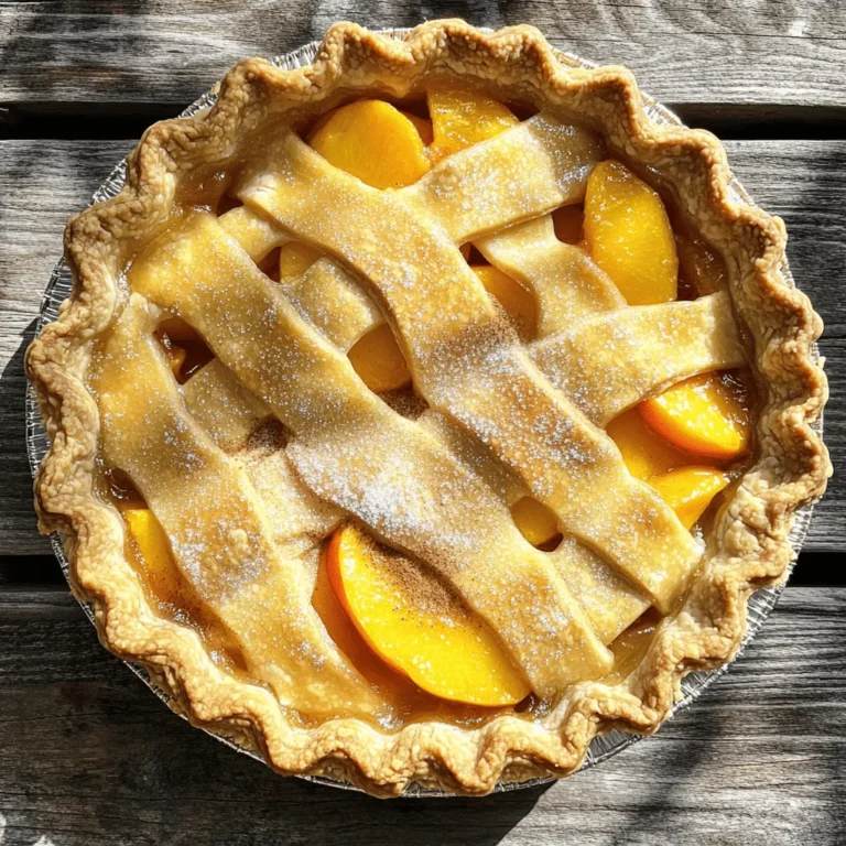 - Fresh peaches - Granulated sugar - All-purpose flour - Salt - Ground cinnamon - Fresh lemon juice - Cold butter - Refrigerated pie crusts - Egg for egg wash For the best peach pie, you need ripe peaches. They add sweetness and flavor. Use about 6 to 8 peaches. Make sure they are soft when pressed. Next, gather granulated sugar. It helps to sweeten the pie. All-purpose flour is key, too. It thickens the filling well. A pinch of salt balances the sweetness. Ground cinnamon adds warmth and spice. Fresh lemon juice brightens the flavor of the peaches. You also need cold butter, which gives richness to the pie. I prefer using refrigerated pie crusts for ease. They save time and taste great. Finally, an egg for washing the crust adds a nice golden color when baked. - 9-inch pie pan - Mixing bowl - Rolling pin - Sharp knife - Pastry brush For making peach pie, you need the right tools. A 9-inch pie pan holds the filling and crust well. A mixing bowl is vital for combining the ingredients. Use a rolling pin to flatten the crusts evenly. A sharp knife is handy for slicing peaches and making slits in the top crust. Lastly, a pastry brush is great for applying the egg wash. By having these tools and ingredients ready, you set yourself up for success. You can find the full recipe for this delicious peach pie [Full Recipe]. First, we need to peel and slice the peaches. Use ripe peaches for the best flavor. A sharp knife helps make this task easier. Aim for even slices to cook well. Next, mix the peaches with sugar, flour, salt, cinnamon, and lemon juice. I like to toss this mixture gently. Let it sit for about 15 minutes. This step helps the peaches release their juices, making the filling sweet and tasty. Now, let’s roll out the pie crusts. Take one crust and lay it into a 9-inch pie pan. Make sure it fits snugly in the corners. Let some dough hang over the edge for crimping later. Pour the peach mixture into the pie crust. Spread it out evenly. Dot the filling with small pieces of cold butter. This adds richness to the pie. Roll out the second pie crust. Carefully place it over the peach filling. Trim any extra dough hanging off the edges. Press the two crusts together to seal them well. Crimp the edges using your fingers or a fork. This gives the pie a nice look. Cut small slits in the top crust. This lets steam escape while baking. Don’t skip this step! Finally, brush the top crust with a beaten egg. This will help it turn golden brown while baking. Preheat your oven to 425°F (220°C). This hot start is key to a flaky crust. Place the pie in the oven and bake it for 15 minutes. After this, lower the temperature to 350°F (175°C). Bake for another 30-35 minutes. Look for a golden crust and bubbling filling. When it’s done, take the pie out of the oven. Let it cool on a wire rack for at least 2 hours. This cooling time helps the filling set, making slicing easier. Enjoy your homemade peach pie! For the full recipe, check the main article. For a great peach pie, choose freestone peaches. They are easier to slice. Look for ripe peaches that feel slightly soft but not mushy. Their skin should be smooth, with a vibrant color. You can also smell the peaches; a sweet aroma means they are ripe and ready. A flaky crust makes your pie shine. Use cold butter and ice water in your dough. This helps create layers. Keep your ingredients chilled for the best results. You can chill your mixing bowl and utensils too. This step prevents the fat from melting too quickly. To boost flavor, add spices like nutmeg or ginger. A teaspoon of vanilla extract can also add depth. For toppings, consider whipped cream or a scoop of vanilla ice cream. These additions can make each slice even more delightful. If you want to dive deeper into the process, check out the [Full Recipe]. {{image_4}} You can change up the classic peach pie by using other fruits. Try using ripe cherries, blueberries, or even apples. Each fruit brings its unique flavor and sweetness. This mix can create a fun twist on the traditional recipe. If you need a gluten-free option, substitute regular flour with a gluten-free blend. Many blends work well in pie crusts. Look for one that matches your taste. You can also use gluten-free pie crusts available in stores. Savory peach pie is a great way to surprise your guests. You can add herbs like thyme or rosemary for a fresh taste. A pinch of black pepper can also enhance the flavor. If you enjoy cheese, try adding some crumbled goat cheese or sharp cheddar. This mix of sweet and savory will thrill your taste buds. Mini peach pies are perfect for parties or snacks. To make them, use a muffin tin instead of a pie pan. Roll out the dough and cut it into small circles. Press each circle into the muffin tin to form a crust. Fill with the peach mixture and top with another small circle of dough. Adjust the cooking time to about 20-25 minutes. Keep an eye on them to avoid burning. Once golden, let them cool before serving. These mini treats are cute and fun to eat! For the full recipe, refer to the Peachy Dream Pie section above. Store your leftover peach pie in the fridge. Wrap it tightly in plastic wrap. This keeps the pie fresh and prevents it from drying out. You can also place it in a pie box for extra protection. If you want to keep it longer, freeze the pie. Wrap it in foil and then in plastic wrap. Store it in the freezer for up to three months. To keep the crust crisp, avoid sealing it too tightly. This can trap moisture and make the crust soggy. Instead, let the pie cool completely before storing. This allows steam to escape and helps maintain that delightful texture. To reheat your peach pie without losing texture, use the oven. Preheat it to 350°F (175°C). Place the pie on a baking sheet and cover it loosely with foil. Heat for about 15 to 20 minutes. This method warms the filling and keeps the crust crispy. If you're in a hurry, you can use the microwave. Place a slice on a microwave-safe plate. Heat it in short bursts, about 30 seconds at a time. Check often to make sure it does not get too hot. The microwave may soften the crust, but the filling will be warm and tasty. For the full recipe, check out the Peachy Dream Pie section. Homemade peach pie lasts about 3 to 4 days in the fridge. Wrap it well to keep it fresh. You can freeze it for up to 3 months. Just make sure to use a freezer-safe container. Label the container with the date so you know when you made it. Thaw it in the fridge before serving for the best taste. Yes, you can use frozen peaches! Just thaw them first and drain any extra juice. This prevents the filling from being too runny. You may want to add a little more flour to help thicken the filling. Follow the same mixing steps as you would with fresh peaches. The pie will still taste great! Serve classic peach pie warm or at room temperature. It pairs well with whipped cream or vanilla ice cream. A scoop of ice cream melts on the warm pie and adds a nice touch. You can also sprinkle some cinnamon on top for extra flavor. Enjoy each slice with friends and family! Making a classic peach pie is simple yet rewarding. You learned about the needed ingredients, tools, and step-by-step instructions. I shared tips for choosing peaches and making a crust that’s just right. You now know different variations and how to store leftovers. With fresh peaches and some care, your pie can be a hit. Enjoy your tasty treat and the joy it brings!