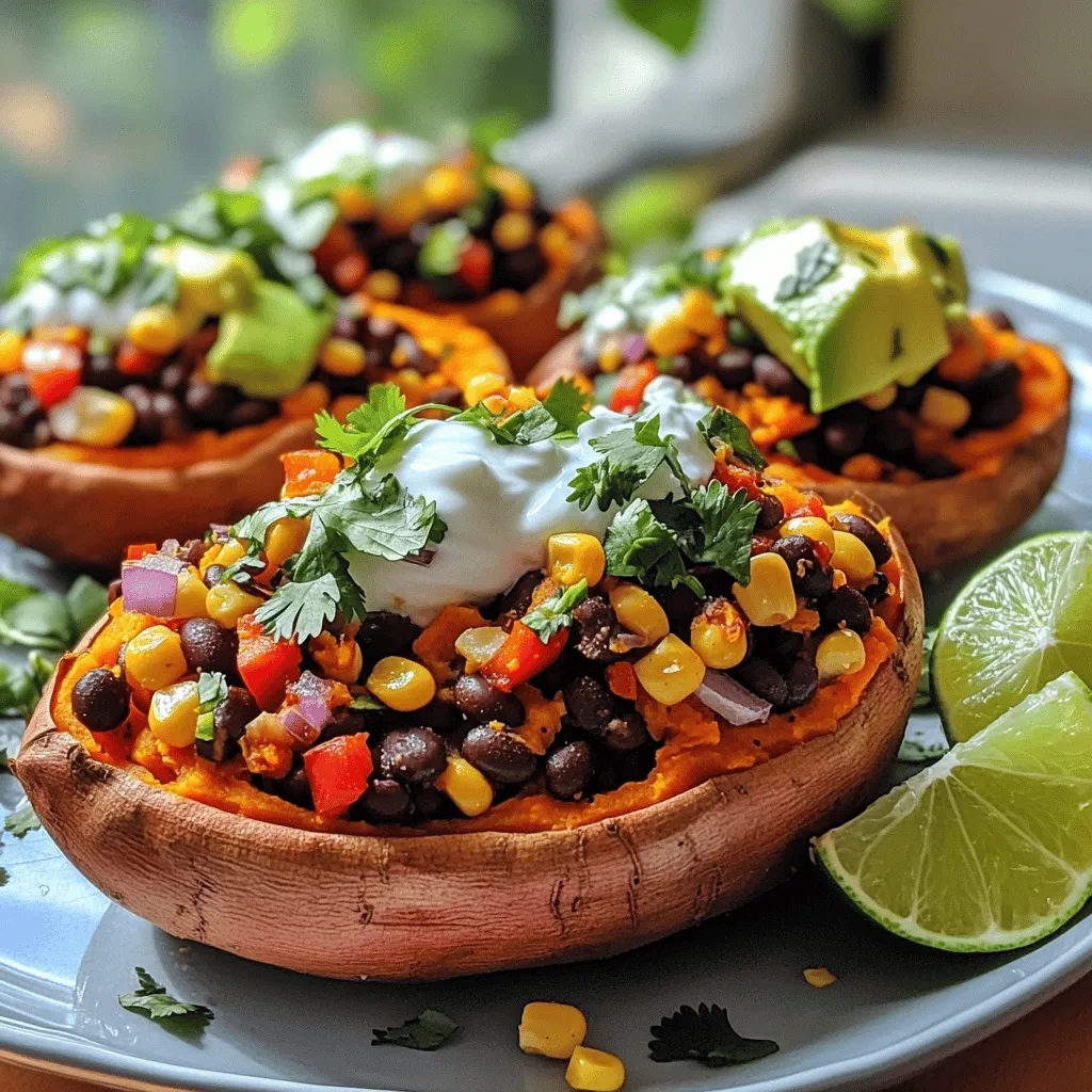- 4 medium sweet potatoes - 1 can (15 oz) black beans, rinsed and drained - 1 cup corn (fresh or frozen) - 1 red bell pepper, finely diced - 1 small red onion, finely diced - 2 cloves garlic, minced - 1 teaspoon ground cumin - 1 teaspoon smoked paprika - 1 tablespoon extra-virgin olive oil - Salt and freshly ground pepper to taste - ½ cup Greek yogurt or ripe avocado, for topping - Fresh cilantro, chopped (for garnish) - Lime wedges (for serving) These ingredients create the perfect flavor boost for your stuffed sweet potatoes. Sweet potatoes are naturally sweet and creamy, making them a great base. The black beans add protein and a nice texture. Corn brings a fresh crunch, while the red bell pepper and onion add color and sweetness. Spices like cumin and smoked paprika deepen the flavor. Olive oil helps sauté the veggies and gives a rich finish. Topping with Greek yogurt or avocado adds creaminess. Fresh cilantro and lime wedges give a burst of freshness. Try to use fresh ingredients for the best taste. You can find the full recipe to guide you through the cooking steps and enjoy this delicious dish! 1. Preheat your oven to 400°F (200°C). This makes sure the sweet potatoes roast well. 2. Wash the sweet potatoes under running water. Scrub them lightly to remove dirt. 3. Pierce each sweet potato several times with a fork. This helps steam escape while cooking. 4. Place them on a baking sheet. Roast for 45-50 minutes until soft and tender. A fork should easily go through. 1. While the sweet potatoes roast, heat olive oil in a large skillet over medium heat. 2. Add diced red onion and bell pepper. Cook for about 5 minutes until they soften. 3. Stir in minced garlic, ground cumin, smoked paprika, salt, and pepper. Cook for another minute. This brings out the spices' rich flavors. 4. Mix in rinsed black beans and corn. Stir well to combine, cooking for 5-7 minutes. This lets the flavors meld together. 1. When the sweet potatoes are done, take them out and let them cool a bit. 2. Slice each sweet potato open lengthwise. Create a pocket for the stuffing. 3. Fluff the insides with a fork. This makes them light and airy. 4. Spoon the black bean mixture into each sweet potato. Fill them generously for a satisfying bite. 5. Top each stuffed sweet potato with Greek yogurt or creamy avocado. This adds a fresh touch. 6. Garnish with chopped cilantro. Serve with lime wedges for a zesty finish. For the full recipe, check out the details provided. Enjoy making your stuffed sweet potatoes! To get the best flavor, ensure even roasting. I like to pierce the sweet potatoes with a fork. This helps steam escape and keeps them from bursting. Roast them until they're soft and tender. This usually takes about 45-50 minutes at 400°F. For added flavor, think about enhancements. You can mix in some spices like chili powder or cayenne for heat. Fresh herbs like parsley or basil can add brightness. Alternate toppings are fun too! Try using guacamole instead of Greek yogurt. A sprinkle of feta or diced tomatoes can also add a nice touch. Using the right tools makes cooking easier. A sharp knife and cutting board are must-haves. A large skillet helps cook the stuffing evenly. I recommend using a sturdy baking dish for the sweet potatoes. Look for one that holds heat well. This way, your sweet potatoes cook evenly. You can customize this dish to fit your diet. Swap black beans for kidney beans or chickpeas if you prefer. If you're avoiding dairy, use avocado as a topping. You can also try cashew cream for a tasty vegan option. Another great idea is to add diced veggies to the filling for extra nutrition. {{image_4}} You can add spicy jalapeños for heat. They give a nice kick to the dish. Just slice them thin and mix them into the black bean filling. If you want a savory touch, try cheese! Feta, cheddar, or pepper jack melt nicely and enhance the flavors. Sprinkle some on top before baking for a gooey, delicious finish. Want to mix it up? You can use other legumes or plant-based proteins. Chickpeas or kidney beans work well too. They add different textures and tastes. You can also create a fusion by using lentils. Cooked lentils blend nicely with the other ingredients and add protein. For a Mexican twist, top your sweet potatoes with fresh salsa or avocado. These toppings brighten the dish and add freshness. If you prefer Mediterranean flavors, try adding feta cheese and olives. They give a salty, rich taste that pairs well with sweet potatoes. Explore these variations to make stuffed sweet potatoes truly your own. For the full recipe, check out the section above! To keep your stuffed sweet potatoes fresh, store leftovers in the fridge. Place them in an airtight container to prevent drying out. If you have extra stuffing, store it separately. This keeps the texture nice and prevents sogginess from the sweet potatoes. I recommend using glass containers for storage. They are safe, reusable, and do not absorb food odors. If you prefer plastic, choose BPA-free containers. Always let the sweet potatoes cool down before sealing them to avoid condensation. When you're ready to eat your leftovers, you can quickly reheat stuffed sweet potatoes in the microwave. Place one on a microwave-safe plate and cover it with a damp paper towel. Heat on medium power for 1-2 minutes. Check if it's warm enough; you can always heat it longer. If you want a crispy skin, reheat them in the oven. Preheat your oven to 350°F (175°C). Place the sweet potatoes on a baking sheet and heat for about 10-15 minutes. This method keeps the texture nice and avoids that rubbery feel. Yes, you can freeze stuffed sweet potatoes! First, let them cool completely. Wrap each potato tightly in plastic wrap. Then, place them in a freezer bag or container. They can last up to three months in the freezer. To thaw, move them to the fridge for a few hours or overnight. When you're ready to eat, reheat them as I mentioned above. This way, you enjoy your delicious stuffed sweet potatoes anytime! For the full recipe, check out the recipe section. Can I use other types of potatoes? Yes, you can use regular potatoes or even yams. Keep in mind, sweet potatoes add a unique sweetness and flavor. If you choose another type, adjust cooking times. They may cook faster or slower. How can I make this recipe vegan? To make this dish vegan, skip the Greek yogurt or use a plant-based yogurt. Avocado is a great topping, too. You can also add more veggies for extra flavor and nutrients. What sides pair well with stuffed sweet potatoes? Stuffed sweet potatoes pair nicely with a simple green salad. Grilled or roasted vegetables also make a great side. You could serve them with a light soup for a full meal. Caloric content and health benefits One stuffed sweet potato has around 300 calories. Sweet potatoes are rich in vitamins A and C. Black beans provide protein and fiber, making this meal filling and healthy. Balancing a meal with stuffed sweet potatoes These stuffed sweet potatoes are balanced on their own. If you want more protein, add grilled chicken or tofu. Pairing them with a green salad adds freshness and crunch. Can I make stuffed sweet potatoes in an Instant Pot? Yes, you can cook sweet potatoes in an Instant Pot! Place them on a rack with water. Cook on high pressure for about 15 minutes, then let the steam release naturally. Grilling versus baking sweet potatoes Grilling sweet potatoes adds a smoky flavor. To grill, wrap them in foil and place on the grill for about 30 minutes. Baking gives them a soft texture, perfect for stuffing. Each method has its own charm. Stuffed sweet potatoes are a fun, tasty dish. You learned about key ingredients, easy steps, and helpful tips. You can make this meal fit your taste and diet. With options for spicy and cheesy add-ins, the flavor can change every time. Proper storage keeps leftovers fresh and ready. Whether you bake, grill, or make it vegan, the ways to enjoy this dish are endless. Try these ideas, share your favorite type, and keep exploring delicious flavors. Your kitchen adventures will be rewarding!
