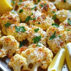 To make this tasty Garlic Parmesan Roasted Cauliflower, gather the following items: - 1 medium head of cauliflower - 4 cloves of garlic - 1/4 cup freshly grated Parmesan cheese - 3 tablespoons extra virgin olive oil - 1 teaspoon sea salt - 1/2 teaspoon freshly ground black pepper - 1/2 teaspoon smoked paprika - Fresh parsley (for garnish) - Lemon wedges (for serving) Each ingredient plays a key role in making this dish delicious. The cauliflower gives us a great base. Garlic adds a nice, strong flavor. Parmesan cheese brings a rich, cheesy goodness. Olive oil helps everything roast well, while the spices enhance the taste. Fresh parsley adds color and a fresh touch, and lemon juice brightens it all up. For the full cooking instructions, refer to the Full Recipe. First, set your oven to 425°F (220°C). This temperature helps the cauliflower roast perfectly. Next, line a baking sheet with parchment paper. This step prevents the cauliflower from sticking. Take your medium head of cauliflower and break it into bite-sized florets. In a large bowl, add the florets and toss them with four finely minced garlic cloves. Make sure the garlic spreads evenly over all the florets. This ensures every bite bursts with flavor. Now, drizzle three tablespoons of extra virgin olive oil over the cauliflower. Use your hands or a spatula to mix it well. Every piece should get a nice coat of oil. Then, sprinkle one teaspoon of sea salt, half a teaspoon of freshly ground black pepper, and half a teaspoon of smoked paprika over the mixture. Toss it again to ensure each piece is seasoned. Spread the seasoned cauliflower in a single layer on the baking sheet. This way, each floret gets enough heat to roast well. Bake it for 20 minutes. After that time, take it out and sprinkle a quarter cup of grated Parmesan cheese over the florets. Return the baking sheet to the oven. Keep an eye on it for another 10 to 15 minutes. You want the cauliflower tender and the cheese golden brown. Once it’s done, carefully remove the baking sheet from the oven. Let it cool for a few moments. Transfer the cauliflower to a serving platter. For a finishing touch, garnish with finely chopped parsley. Serve with lemon wedges on the side. Squeezing lemon over the dish adds a fresh taste that brightens every bite. To get the best flavor and texture, proper roasting is key. Roasting at 425°F (220°C) gives a great balance of crispness and tenderness. You want the edges to turn golden brown. Adjusting seasoning is also vital. Taste your dish before serving. If it needs more salt or pepper, go ahead and add it. Each oven is different, so don’t hesitate to tweak the seasonings. Using fresh garlic and cheese makes a big difference. Fresh garlic gives a strong, bold flavor. Grated Parmesan cheese melts beautifully and adds richness. If you don’t have Parmesan, try Pecorino Romano or nutritional yeast for a vegan option. You can even mix in some fresh herbs like thyme or rosemary for extra flavor. Having the right tools makes cooking easier. Use a large mixing bowl to toss the cauliflower. A good spatula helps coat the florets evenly with oil and spices. For baking, choose a sturdy baking sheet. It should be large enough to hold the cauliflower in a single layer, so it roasts well. Parchment paper helps prevent sticking and makes cleanup a breeze. {{image_4}} You can easily change the flavor of garlic Parmesan roasted cauliflower. One great way is to add spices. A pinch of cayenne gives a nice kick. Italian herbs like oregano or basil can add depth too. You can also mix in other vegetables. Carrots, bell peppers, or Brussels sprouts work well. They roast nicely and bring their own flavors to the dish. If you want a dairy-free option, use vegan cheese. It melts well and adds a nice taste. You can also try other cheeses. Feta adds a tangy flavor, while cheddar gives a bold kick. Keep in mind that different cheeses will change the taste of the dish. Pair garlic Parmesan roasted cauliflower with main courses like grilled chicken or fish. It also goes well with steak. For parties, serve it as a tasty appetizer. You can even use toothpicks for easy eating. Plating it on a colorful platter makes it look fancy and fun. Don't forget to squeeze lemon on top for a fresh taste! To keep the flavor of Garlic Parmesan roasted cauliflower, store it in the fridge. Place it in an airtight container. This will help keep it fresh. Try to eat it within three days for the best taste. If you have extra, let it cool first before storing. This helps stop extra moisture from forming. To reheat, use your oven if you can. Set it to 350°F (175°C) and warm the cauliflower for about 10 minutes. This helps it stay crispy. If you use a microwave, heat for 30 seconds at a time. Stir in between to check for warmth. Avoid overheating, or it will get soggy. You can freeze Garlic Parmesan roasted cauliflower, but it may change a bit. First, let it cool completely. Pack it in a freezer-safe bag or container. Remove as much air as you can. When you're ready to eat it, thaw it in the fridge overnight. Reheat it in the oven to bring back some of that crispy texture. Leftovers of Garlic Parmesan Roasted Cauliflower stay good for about 3 to 5 days. Store them in an airtight container in the fridge. This keeps them fresh and tasty. Yes, you can prepare this dish ahead of time. Chop the cauliflower and mix it with garlic and oil. Store it in the fridge for up to a day. When ready to cook, just add the seasonings and roast. Garlic Parmesan Roasted Cauliflower is a healthy choice. Cauliflower is low in calories and high in fiber. Garlic boosts your immune system. Olive oil adds healthy fats, and Parmesan gives protein. This dish pairs well with many meals. Serve it with grilled chicken or fish. It also goes great with pasta or a fresh salad. Try serving it at your next dinner party! For detailed cooking instructions, check out the Full Recipe. This blog post detailed how to make Garlic Parmesan Roasted Cauliflower. We covered key ingredients, step-by-step instructions, and helpful tips. Remember to use fresh products for the best taste. You can explore variations by adding spices or using different cheeses. Storing and reheating leftovers properly helps keep flavors intact. This dish is healthy and pairs well with many meals. Try this recipe and enjoy a delicious, simple dish that impresses!