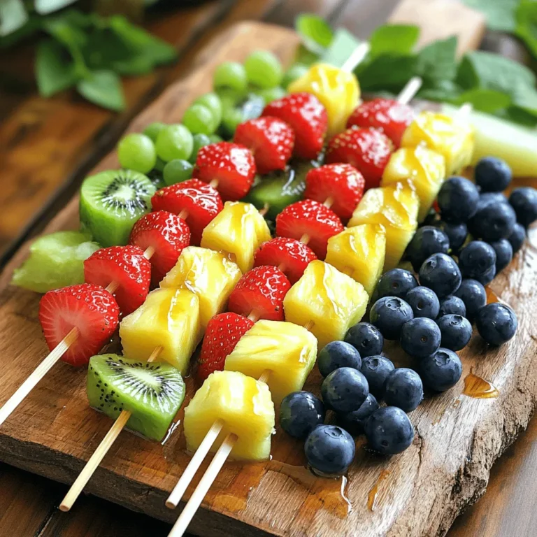 Start by washing all the fruits under cold water. This keeps them clean and fresh. For strawberries, remove the green tops and cut them in half. Slice the kiwi into round pieces. Dice the watermelon into small cubes. Aim for uniform sizes to make your kabobs look great. It helps if each piece is about the same size. This way, they will cook evenly and look nice on the skewers. Next, grab a small bowl. Combine two tablespoons of honey with juice from one fresh lime. Use a whisk to mix them together. Whisk until the honey and lime juice blend well. This dressing adds a sweet and tangy flavor to your fruits. It will make each bite exciting and tasty. Make sure the dressing is smooth before using it. Now, it's time to assemble your kabobs. Use wooden or metal skewers. Start with a strawberry, followed by a pineapple chunk. Next, add a half grape, then a blueberry, a slice of kiwi, and finish with a watermelon cube. Keep this colorful order for a fun look. Leave a small space at both ends of the skewer for handling. Repeat this process until all the fruit is used. The kabobs should be bright and appealing. Drizzle the honey-lime dressing over the kabobs for extra flavor. You can also use a pastry brush for even coverage. For a nice touch, add fresh mint leaves on top. This makes the kabobs look fancy and tasty. Let them chill in the fridge for 10-15 minutes. This step makes them even more refreshing. For the full recipe, check the detailed instructions above. - Use bright colors for a fun look. - Mix fruits in a rainbow order: red, orange, yellow, green, blue, and purple. - Place kabobs on a large platter for easy access at parties. - Add mint leaves for a fresh touch and extra color. - Serve chilled for a refreshing treat. - Pair with yogurt for a creamy dip. - Offer alongside cheese or crackers for a snack platter. - Let kids help assemble the kabobs. - Encourage them to pick their favorite fruits. - Create fun shapes or patterns on the skewers. - Use cookie cutters to shape watermelon or kiwi. Try these tips to make your Rainbow Fruit Kabobs even more fun and delicious! For the full recipe, check out the details above. {{image_4}} Using fruits that are in season makes these kabobs taste fresher. When strawberries are out, try sweet peaches or juicy cherries. In fall, use apples and pears for a crisp bite. You can also mix it up by adding seasonal berries, like blackberries in summer. This keeps your kabobs bright and fun! You can boost the taste of your kabobs by adding spices. A sprinkle of cinnamon or a dash of nutmeg makes a sweet twist. You might also want to use a few drops of vanilla extract in the honey-lime dressing. This adds a nice depth of flavor. For a fun twist, sprinkle shredded coconut on top before serving. It gives texture and makes the kabobs more exciting! Make your kabobs fit any event by choosing a theme. For a birthday party, add colorful candy pieces between the fruit. At a holiday gathering, use red and green fruits like strawberries and kiwi. You can even combine these kabobs with savory elements like cheese or ham for a unique twist. This way, you get a blend of sweet and savory in one bite! After making your Rainbow Fruit Kabobs, chill them before serving. This step keeps the fruits fresh and tasty. Place the kabobs on a plate and cover them with plastic wrap. If you have leftovers, store them in an airtight container. This helps prevent them from drying out or absorbing other odors in the fridge. Rainbow Fruit Kabobs can last in the fridge for about 2 to 3 days. However, check them regularly. Look for signs of spoilage like brown spots or a mushy texture on the fruits. If you see any of these signs, it’s best to throw them away. Enjoy your delicious kabobs while they are fresh! You can prepare Rainbow Fruit Kabobs in advance. Start by washing and cutting the fruits. Store them in airtight containers in the fridge. This keeps them fresh and ready for assembly. Assemble the kabobs just before serving. This way, they stay colorful and crisp. If you need to prep even more, make the honey-lime dressing ahead. Whisk the honey and lime juice together and store it in a jar. When you’re ready, drizzle it over the kabobs for a fresh taste. The best fruits are those that are colorful and firm. Here are some great options: - Strawberries - Pineapple chunks - Green grapes - Blueberries - Ripe kiwi - Watermelon cubes These fruits not only look good but taste great together. You can mix and match based on your favorites or what’s in season. The key is to choose fruits that are easy to cut and thread onto skewers. Yes, you can! Skewers are great for savory kabobs too. You can use grilled chicken, beef, or veggies. Try these combinations: - Chicken and bell peppers - Shrimp and zucchini - Tofu and mushrooms For a fun twist, you can use fruit skewers with cheese or other snacks. This makes for a great appetizer or finger food at parties. Use metal or bamboo skewers for best results. In this blog post, we explored how to make vibrant Rainbow Fruit Kabobs. We covered fresh fruit choices, making the honey-lime dressing, and tips for assembly. I shared ideas for fun presentations and how to keep kids involved. You can swap fruits by season and try different themes. Remember to chill your kabobs and watch for spoilage signs. With these tips, you can create colorful, tasty treats for any occasion. Enjoy making these with family and friends!