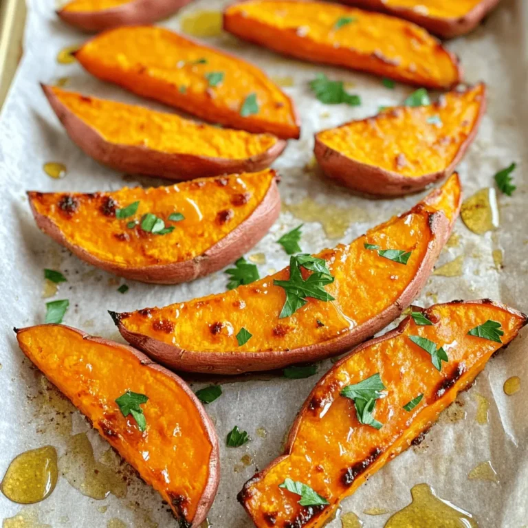 - 2 large sweet potatoes - 3 tablespoons olive oil - 1 teaspoon smoked paprika - 1 teaspoon ground cinnamon - 1/2 teaspoon cayenne pepper - 1 teaspoon garlic powder - Salt and freshly cracked black pepper - 2 tablespoons honey or maple syrup - Fresh parsley for garnish - Baking sheet - Parchment paper - Large mixing bowl - Whisk or spatula When making roasted sweet potato wedges, the right ingredients make all the difference. Sweet potatoes are the star here. Their natural sweetness shines when roasted. Olive oil helps achieve that crispy texture we love. Spices add depth and flavor. Smoked paprika gives a warm, smoky note. Ground cinnamon adds sweetness and warmth. Cayenne pepper brings heat, but you can adjust it to your taste. Garlic powder enhances the savory profile. Don’t forget salt and black pepper; they bring all the flavors together. For a sweet touch, honey or maple syrup adds a nice glaze. Finally, fresh parsley not only looks great but also adds freshness. Gather these ingredients and tools to make the perfect roasted sweet potato wedges. You can find the full recipe above to guide you through the cooking process. - Preheat oven to 425°F (220°C). - Line baking sheet with parchment paper. Start by setting your oven to 425°F (220°C). This high heat helps the wedges turn crispy. Next, take a baking sheet and line it with parchment paper. This step makes cleanup easy and stops the wedges from sticking. - Combine olive oil and spices in a bowl. - Whisk until smooth. In a large bowl, combine the olive oil with spices like smoked paprika and cinnamon. I love using smoked paprika for its rich flavor. Add garlic powder, cayenne pepper, salt, and black pepper. Whisk until it forms a smooth paste. This mixture will coat the wedges and give them a fantastic taste. - Toss sweet potato wedges in the spice mixture. - Ensure even coverage for maximum flavor. Now, take your sweet potato wedges and add them to the bowl. Use a spatula or your hands to toss the wedges in the spice mixture. Make sure every wedge gets coated well. This ensures that each bite is full of flavor. - Lay wedges on the prepared baking sheet. - Drizzle with honey or maple syrup. - Roast for 25-30 minutes, flipping halfway. Next, lay the coated wedges on the baking sheet in a single layer. Make sure to space them out. This helps them roast evenly. Now, drizzle some honey or maple syrup over the top for a sweet glaze. Place the baking sheet in your hot oven and roast for 25 to 30 minutes. Flip the wedges halfway through. They should come out golden brown with crispy edges. For the full recipe, check the detailed instructions above. To get crispy sweet potato wedges, space them evenly on the baking sheet. If they touch, they won't crisp up well. Use a high oven temperature, like 425°F (220°C). This helps them cook fast and get that nice crunch. Don't be afraid to experiment with flavors! You can use spices like cumin or chili powder. These add a nice kick. A splash of lime juice gives a bright, zesty flavor. It pairs wonderfully with the sweetness of the potatoes. Check the wedges for a golden brown color and crispy edges. This is your sign they are ready. If your wedges are thicker, you might need a bit more time. For thinner wedges, keep an eye on them, as they will cook faster. Enjoy perfect wedges every time! {{image_4}} You can enhance the flavor of your roasted sweet potato wedges in simple ways. - Add maple syrup for a touch of sweetness. - Incorporate savory herbs like rosemary for a fragrant twist. These additions will make your dish exciting and flavorful. The sweet syrup pairs nicely with the savory herbs. Experiment with these variations to find your favorite blend! If you have dietary needs, you can still enjoy this dish. - Use gluten-free options available in stores. - Make it vegan-friendly by substituting honey with maple syrup. These choices keep the dish tasty while meeting your dietary needs. No one will miss the original ingredients! Roasted sweet potato wedges are fun to serve in many ways. - Pair them with a yogurt dip or spicy salsa for extra flavor. - Serve as a side dish at dinner or enjoy as a snack. These options make the wedges versatile and appealing for any meal. You can even mix and match dips for a fun tasting experience. Store your roasted sweet potato wedges in an airtight container in the refrigerator. This helps keep them fresh and tasty. They are best consumed within 3-5 days. The flavors will still be good, but they may lose some crispiness over time. For maximum crispiness, reheat the wedges in the oven. Preheat your oven to 375°F (190°C) and place the wedges on a baking sheet. Bake until they’re hot and crispy. If you need a quick option, you can use the microwave. Just know that the texture will not be as crunchy. You can freeze sweet potato wedges before or after cooking. If freezing before cooking, cut and coat the wedges, then lay them on a baking sheet. Freeze them until solid, then transfer to a bag. If freezing after cooking, make sure they are cooled completely before placing them in a bag. This helps prevent ice crystals and keeps them tasting fresh later. Yes, you can prepare roasted sweet potato wedges ahead of time. Just store them in an airtight container in the fridge. When you’re ready to eat, simply reheat them in the oven for the best texture. To add some heat, increase the amount of cayenne pepper. You can also sprinkle in some chili flakes. This will give your wedges a nice spicy kick that pairs well with their natural sweetness. Cutting sweet potatoes into uniform wedges is key. Aim for wedges that are similar in size. This helps them cook evenly, ensuring a nice, crispy texture all around. Roasted sweet potato wedges are very versatile. They work well with dips like yogurt or salsa. They also pair great with grilled meats or can be tossed into a fresh salad for added flavor. Sweet potato wedges are done when they are golden brown and fork-tender. This means they should easily break apart when you poke them with a fork. Make sure to check them towards the end of the cooking time for the best results. You now know how to make tasty roasted sweet potato wedges. We covered the key ingredients, tools, and easy steps. I shared tips for the best flavor and texture. You can even try different spices or serve them in various ways. Remember, leftovers can be stored and reheated, so enjoy them later. With these ideas, I hope you feel excited to cook. Your meals can be simple and delicious!