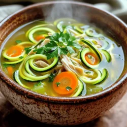 For a delicious Chicken Zoodle Soup, gather these items: - 2 medium zucchinis, spiralized into noodles - 1 pound boneless, skinless chicken breasts - 4 cups low-sodium chicken broth - 1 medium onion, finely diced - 2 cloves garlic, minced - 2 medium carrots, sliced into rounds - 1 cup celery, sliced - 1 teaspoon dried thyme - 1 teaspoon dried oregano - Salt and freshly ground black pepper to taste - 2 tablespoons extra-virgin olive oil - Fresh parsley, chopped (for garnish) You can replace fresh ingredients with pantry staples or frozen options. Here are some ideas: - Zucchini: Use spaghetti squash or any squash you like. - Chicken: Swap for rotisserie chicken or turkey for a twist. - Carrots: Baby carrots or frozen mixed veggies work well. - Celery: Bell peppers or green beans can add crunch. - Broth: Use vegetable broth for a vegetarian option. These swaps help when you’re low on fresh items or want to try something new. This Chicken Zoodle Soup is not just tasty; it’s healthy too! Here’s a simple breakdown: - Calories: About 250 per serving - Protein: 30 grams from chicken - Carbs: 15 grams mainly from veggies - Fat: 8 grams, mostly from olive oil - Fiber: 3 grams, thanks to zucchini and carrots This soup is low in calories but high in nutrients. It’s a great choice for a light meal or when you're feeling under the weather. Enjoying a bowl of this soup helps you stay full without extra calories. To start, gather your ingredients. You need: - 2 medium zucchinis, spiralized into noodles - 1 pound boneless, skinless chicken breasts - 4 cups low-sodium chicken broth - 1 medium onion, finely diced - 2 cloves garlic, minced - 2 medium carrots, sliced into rounds - 1 cup celery, sliced - 1 teaspoon dried thyme - 1 teaspoon dried oregano - Salt and freshly ground black pepper to taste - 2 tablespoons extra-virgin olive oil - Fresh parsley, chopped (for garnish) Next, spiralize the zucchinis into zoodles. Set them aside for later. This step makes your soup light and fun! 1. First, heat the olive oil in a large pot over medium heat. 2. Add the diced onion and minced garlic. Sauté for about 3-4 minutes. You want them soft and fragrant. 3. Toss in the sliced carrots and celery. Stir occasionally for about 5 minutes. Let those veggies soften up! 4. Now, add the dried thyme, oregano, salt, and pepper. Stir well to mix the flavors. 5. Carefully pour in the chicken broth. Bring it to a rolling boil! 6. Once boiling, reduce the heat to a simmer. Add the chicken breasts. Cover the pot and let it simmer for 20 minutes. The chicken should cook through. 7. Remove the chicken from the pot. Use two forks to shred it into bite-sized pieces. 8. Return the shredded chicken back into the soup. 9. Stir in the zoodles. Let the soup simmer for 3-4 more minutes. You want the zoodles tender but still crunchy. 10. Taste your soup! Adjust the salt and pepper if needed. To shred chicken easily, wait for it to cool slightly after cooking. This makes it safer to handle. Use two forks: one to hold the chicken and the other to pull apart the meat. If you have a stand mixer, you can shred it quickly using the paddle attachment. Just be careful not to overdo it! Shredded chicken should be tender, not mushy. To cook zoodles just right, follow these simple steps. First, spiralize your zucchinis. Use a good spiralizer for even noodles. Next, heat a non-stick pan on medium heat. Add a little olive oil to the pan. Sauté the zoodles for about 2-3 minutes. You want them tender but still crisp. Overcooking makes them mushy. So, keep an eye on them! If you have leftover soup, store it properly. Let the soup cool down first. Then, pour it into an airtight container. Make sure to leave some space at the top. This helps prevent spills when freezing. You can keep it in the fridge for up to 3 days. For longer storage, freeze the soup. It stays fresh for about 2-3 months. Just remember to label it! To take your Chicken Zoodle Soup to the next level, use spices wisely. Dried thyme and oregano add great taste. You can also try adding a pinch of cayenne for heat. Fresh herbs like basil or cilantro can brighten the dish. Lemon zest gives a nice zing too. Always taste your soup before serving. Adjust the spices to match your preference. Enjoy your flavorful creation! {{image_4}} You can add more veggies to your chicken zoodle soup for extra flavor and nutrition. Consider using: - Bell peppers, diced - Spinach or kale, chopped - Mushrooms, sliced - Green beans, cut into small pieces - Peas, fresh or frozen These additions not only boost the soup's health value but also make it colorful. Just remember to chop the veggies into small pieces for even cooking. Add them during the sauté step, just like you do with the carrots and celery. If you're looking for protein alternatives, there are many options. Try: - Turkey breast instead of chicken - Tofu for a plant-based option - Shrimp for a seafood twist - Cooked beans like chickpeas for more fiber These swaps can change the flavor profile and keep the dish exciting. Adjust the cooking time based on the protein you choose. Always ensure your protein is fully cooked before serving. Choosing between low-sodium and regular broth can affect the taste and health of your soup. Low-sodium broth allows you to control the salt level better. This is great if you watch your sodium intake. Regular broth adds more salt but can enhance flavor. If you use regular broth, taste the soup before adding salt. Adjust according to your preference. Remember, balancing flavors is key to a delicious chicken zoodle soup. Want to try the full recipe? Check it out for all the details! You can freeze Chicken Zoodle Soup for later. First, let the soup cool down. Then, pour it into an airtight container. Leave some space at the top for expansion. If you want, you can freeze the broth and zoodles separately. This keeps the zoodles from getting mushy. In the fridge, Chicken Zoodle Soup lasts about three to four days. Store it in an airtight container. Make sure to check for any signs of spoilage before eating. To reheat your soup, pour it into a pot. Heat over medium until warm. Stir it often to keep it from sticking. If the zoodles look too soft, add a few fresh ones while reheating. You can also microwave it in a bowl. Heat in one-minute intervals, stirring in between. For the best taste, eat the soup fresh. But knowing how to store it well makes meal prep easy! For the full recipe, check the section above. Yes, you can. Just add all the ingredients to your slow cooker. Cook on low for 6-8 hours or high for 3-4 hours. Shred the chicken when it's done. Add zoodles in the last 30 minutes. This method gives you a deep, rich flavor without much work. Zoodles are a great choice for many reasons: - Low in carbs: They are a great substitute for pasta. - High in vitamins: They provide vitamins A and C, helping your immune system. - Good for hydration: Zucchini has a high water content, keeping you hydrated. - Low in calories: This makes your soup lighter and helps with weight control. Switching to zoodles can help you enjoy your favorite soup while staying healthy. Making Chicken Zoodle Soup dairy-free is easy: - Use low-sodium chicken broth, which is often dairy-free. - Skip any cream or cheese that some recipes may add. - Ensure your seasonings, like thyme and oregano, are also dairy-free. This way, you keep the soup creamy and tasty without adding dairy. For the full recipe, check out the Chicken Zoodle Soup section. This article covered all you need for Chicken Zoodle Soup. We explored the ingredients, shared tips, and offered storage info. You learned how to make it your own with variations and substitutions. Each step helps you create a tasty, healthy meal. In the end, Chicken Zoodle Soup is versatile and easy to prepare. With simple steps, you can enjoy a bowl packed with flavor and nutrients. Now, it’s time to gather your ingredients and start cooking. Enjoy your delicious soup today!