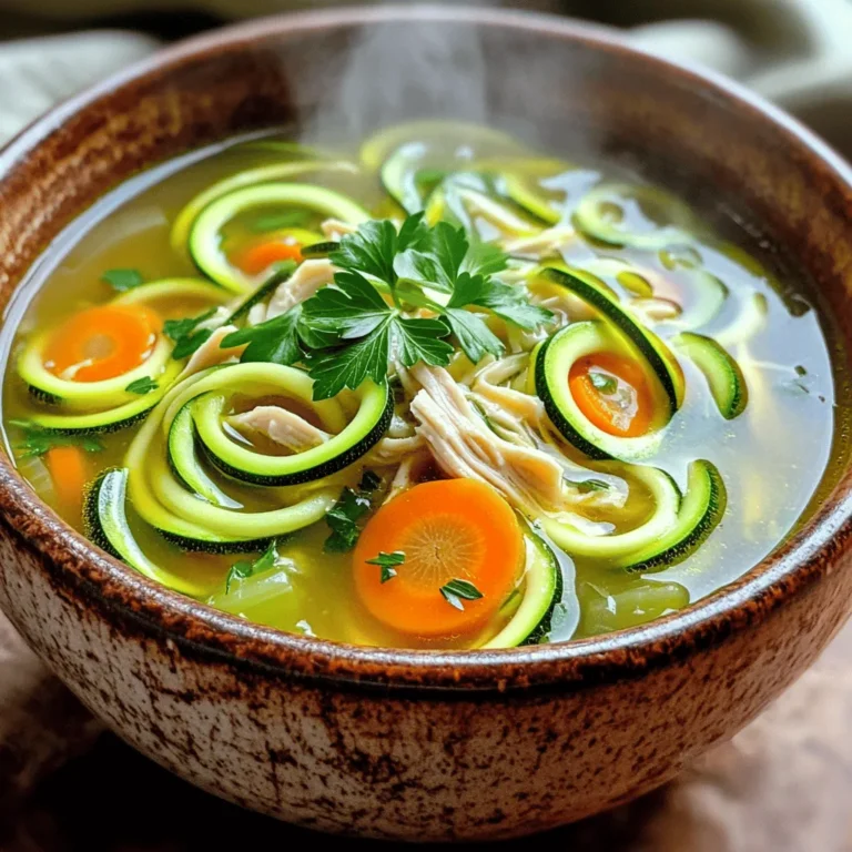 For a delicious Chicken Zoodle Soup, gather these items: - 2 medium zucchinis, spiralized into noodles - 1 pound boneless, skinless chicken breasts - 4 cups low-sodium chicken broth - 1 medium onion, finely diced - 2 cloves garlic, minced - 2 medium carrots, sliced into rounds - 1 cup celery, sliced - 1 teaspoon dried thyme - 1 teaspoon dried oregano - Salt and freshly ground black pepper to taste - 2 tablespoons extra-virgin olive oil - Fresh parsley, chopped (for garnish) You can replace fresh ingredients with pantry staples or frozen options. Here are some ideas: - Zucchini: Use spaghetti squash or any squash you like. - Chicken: Swap for rotisserie chicken or turkey for a twist. - Carrots: Baby carrots or frozen mixed veggies work well. - Celery: Bell peppers or green beans can add crunch. - Broth: Use vegetable broth for a vegetarian option. These swaps help when you’re low on fresh items or want to try something new. This Chicken Zoodle Soup is not just tasty; it’s healthy too! Here’s a simple breakdown: - Calories: About 250 per serving - Protein: 30 grams from chicken - Carbs: 15 grams mainly from veggies - Fat: 8 grams, mostly from olive oil - Fiber: 3 grams, thanks to zucchini and carrots This soup is low in calories but high in nutrients. It’s a great choice for a light meal or when you're feeling under the weather. Enjoying a bowl of this soup helps you stay full without extra calories. To start, gather your ingredients. You need: - 2 medium zucchinis, spiralized into noodles - 1 pound boneless, skinless chicken breasts - 4 cups low-sodium chicken broth - 1 medium onion, finely diced - 2 cloves garlic, minced - 2 medium carrots, sliced into rounds - 1 cup celery, sliced - 1 teaspoon dried thyme - 1 teaspoon dried oregano - Salt and freshly ground black pepper to taste - 2 tablespoons extra-virgin olive oil - Fresh parsley, chopped (for garnish) Next, spiralize the zucchinis into zoodles. Set them aside for later. This step makes your soup light and fun! 1. First, heat the olive oil in a large pot over medium heat. 2. Add the diced onion and minced garlic. Sauté for about 3-4 minutes. You want them soft and fragrant. 3. Toss in the sliced carrots and celery. Stir occasionally for about 5 minutes. Let those veggies soften up! 4. Now, add the dried thyme, oregano, salt, and pepper. Stir well to mix the flavors. 5. Carefully pour in the chicken broth. Bring it to a rolling boil! 6. Once boiling, reduce the heat to a simmer. Add the chicken breasts. Cover the pot and let it simmer for 20 minutes. The chicken should cook through. 7. Remove the chicken from the pot. Use two forks to shred it into bite-sized pieces. 8. Return the shredded chicken back into the soup. 9. Stir in the zoodles. Let the soup simmer for 3-4 more minutes. You want the zoodles tender but still crunchy. 10. Taste your soup! Adjust the salt and pepper if needed. To shred chicken easily, wait for it to cool slightly after cooking. This makes it safer to handle. Use two forks: one to hold the chicken and the other to pull apart the meat. If you have a stand mixer, you can shred it quickly using the paddle attachment. Just be careful not to overdo it! Shredded chicken should be tender, not mushy. To cook zoodles just right, follow these simple steps. First, spiralize your zucchinis. Use a good spiralizer for even noodles. Next, heat a non-stick pan on medium heat. Add a little olive oil to the pan. Sauté the zoodles for about 2-3 minutes. You want them tender but still crisp. Overcooking makes them mushy. So, keep an eye on them! If you have leftover soup, store it properly. Let the soup cool down first. Then, pour it into an airtight container. Make sure to leave some space at the top. This helps prevent spills when freezing. You can keep it in the fridge for up to 3 days. For longer storage, freeze the soup. It stays fresh for about 2-3 months. Just remember to label it! To take your Chicken Zoodle Soup to the next level, use spices wisely. Dried thyme and oregano add great taste. You can also try adding a pinch of cayenne for heat. Fresh herbs like basil or cilantro can brighten the dish. Lemon zest gives a nice zing too. Always taste your soup before serving. Adjust the spices to match your preference. Enjoy your flavorful creation! {{image_4}} You can add more veggies to your chicken zoodle soup for extra flavor and nutrition. Consider using: - Bell peppers, diced - Spinach or kale, chopped - Mushrooms, sliced - Green beans, cut into small pieces - Peas, fresh or frozen These additions not only boost the soup's health value but also make it colorful. Just remember to chop the veggies into small pieces for even cooking. Add them during the sauté step, just like you do with the carrots and celery. If you're looking for protein alternatives, there are many options. Try: - Turkey breast instead of chicken - Tofu for a plant-based option - Shrimp for a seafood twist - Cooked beans like chickpeas for more fiber These swaps can change the flavor profile and keep the dish exciting. Adjust the cooking time based on the protein you choose. Always ensure your protein is fully cooked before serving. Choosing between low-sodium and regular broth can affect the taste and health of your soup. Low-sodium broth allows you to control the salt level better. This is great if you watch your sodium intake. Regular broth adds more salt but can enhance flavor. If you use regular broth, taste the soup before adding salt. Adjust according to your preference. Remember, balancing flavors is key to a delicious chicken zoodle soup. Want to try the full recipe? Check it out for all the details! You can freeze Chicken Zoodle Soup for later. First, let the soup cool down. Then, pour it into an airtight container. Leave some space at the top for expansion. If you want, you can freeze the broth and zoodles separately. This keeps the zoodles from getting mushy. In the fridge, Chicken Zoodle Soup lasts about three to four days. Store it in an airtight container. Make sure to check for any signs of spoilage before eating. To reheat your soup, pour it into a pot. Heat over medium until warm. Stir it often to keep it from sticking. If the zoodles look too soft, add a few fresh ones while reheating. You can also microwave it in a bowl. Heat in one-minute intervals, stirring in between. For the best taste, eat the soup fresh. But knowing how to store it well makes meal prep easy! For the full recipe, check the section above. Yes, you can. Just add all the ingredients to your slow cooker. Cook on low for 6-8 hours or high for 3-4 hours. Shred the chicken when it's done. Add zoodles in the last 30 minutes. This method gives you a deep, rich flavor without much work. Zoodles are a great choice for many reasons: - Low in carbs: They are a great substitute for pasta. - High in vitamins: They provide vitamins A and C, helping your immune system. - Good for hydration: Zucchini has a high water content, keeping you hydrated. - Low in calories: This makes your soup lighter and helps with weight control. Switching to zoodles can help you enjoy your favorite soup while staying healthy. Making Chicken Zoodle Soup dairy-free is easy: - Use low-sodium chicken broth, which is often dairy-free. - Skip any cream or cheese that some recipes may add. - Ensure your seasonings, like thyme and oregano, are also dairy-free. This way, you keep the soup creamy and tasty without adding dairy. For the full recipe, check out the Chicken Zoodle Soup section. This article covered all you need for Chicken Zoodle Soup. We explored the ingredients, shared tips, and offered storage info. You learned how to make it your own with variations and substitutions. Each step helps you create a tasty, healthy meal. In the end, Chicken Zoodle Soup is versatile and easy to prepare. With simple steps, you can enjoy a bowl packed with flavor and nutrients. Now, it’s time to gather your ingredients and start cooking. Enjoy your delicious soup today!
