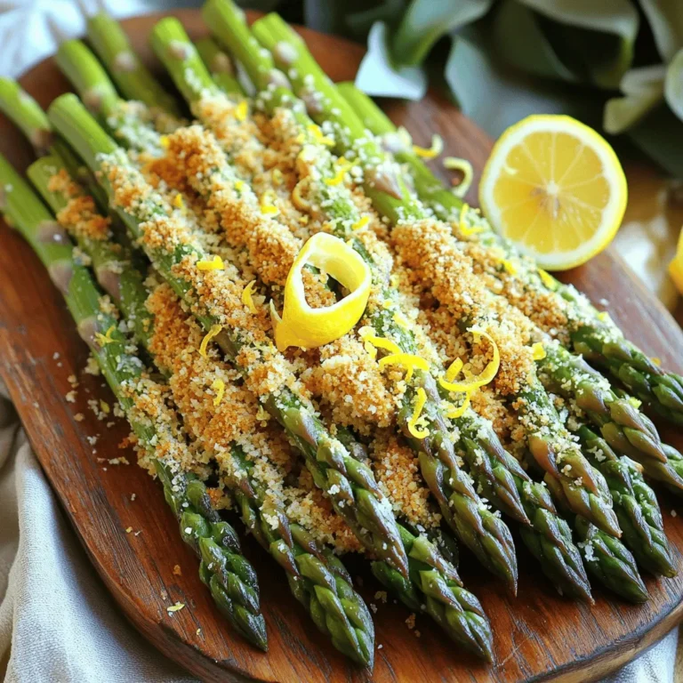 Use 1 pound of fresh asparagus. Look for bright green spears. They should be firm and crisp. Trim the woody ends before cooking. This step helps ensure a tender bite. You need 1 cup of panko breadcrumbs. This type of breadcrumb adds great crunch. It’s lighter than regular breadcrumbs. It makes the dish crispy and golden. Use ½ cup of finely grated Parmesan cheese. This cheese adds a rich, nutty flavor. It melts slightly during cooking, creating a tasty crust. Freshly grated cheese works best for this dish. You will also need: - 2 large eggs - 2 tablespoons freshly grated lemon zest - 1 tablespoon fresh lemon juice - 1 teaspoon garlic powder - ½ teaspoon sea salt - ¼ teaspoon freshly ground black pepper - Olive oil spray These ingredients work together to make the asparagus flavorful and crunchy. For the full recipe, check out the detailed instructions. First, preheat your oven to 425°F (220°C). This helps your asparagus cook well. While the oven heats, line a baking sheet with parchment paper. This step keeps the asparagus from sticking. It also makes cleanup easier. Next, take two large eggs and crack them into a shallow bowl. Add lemon juice, garlic powder, sea salt, and black pepper. Whisk them together until you see a smooth mix. The lemon juice adds a fresh taste. This egg mixture helps the breadcrumbs stick to the asparagus. Now, take your fresh asparagus. Dip each spear into the egg mix. Let any extra egg drip off. Then, roll the asparagus in the panko breadcrumb mixture. Press gently to help it stick. Place each coated spear on the baking sheet. After you coat them all, give them a light spray of olive oil. This makes them nice and crispy. Bake in the oven for 15-20 minutes. Watch closely until they turn golden brown. Enjoy this simple and tasty dish! For the complete process, check the Full Recipe. To get that perfect crunch, start with fresh asparagus. Look for firm, bright green spears. Trim the ends for even cooking. Use panko breadcrumbs instead of regular ones. They create a lighter, crispier texture. Lightly spray the coated asparagus with olive oil. This step helps to achieve that golden finish. Bake at 425°F (220°C) for 15-20 minutes. Keep an eye on them as they cook. You want them tender but not mushy. Serve the crispy lemon Parmesan asparagus on a colorful platter. It looks great with a sprinkle of extra Parmesan. Add lemon zest on top for a pop of color. A slice of lemon on the side encourages guests to add more flavor. Pair this dish with grilled chicken or fish for a complete meal. It also works well as a side for pasta dishes. Crispy lemon Parmesan asparagus pairs nicely with roasted meats. Think chicken, pork, or beef. It also complements lighter meals like quinoa or salad. A crisp white wine, like Sauvignon Blanc, pairs beautifully. If you want a non-alcoholic option, try sparkling water with lemon. You can find the full recipe for this tasty dish in the main article. {{image_4}} You can easily change the flavor of crispy lemon Parmesan asparagus. Try adding spices like paprika or cayenne pepper for a kick. You can also mix in fresh herbs like thyme or basil to enhance the taste. These small changes can make each batch unique and exciting. If you want a vegan twist, try using a flaxseed egg instead of the regular eggs. Mix 1 tablespoon of ground flaxseed with 2.5 tablespoons of water. Let it sit for a few minutes until it thickens. For the cheese, use nutritional yeast to add a cheesy flavor without dairy. It keeps the dish tasty while being vegan-friendly. You don’t have to stick with Parmesan cheese. You can experiment with different cheeses like pecorino or even a vegan cheese. Each option gives the dish a new flavor. For a sharper taste, try aged gouda. For a milder cheese, mozzarella works well. Just remember to keep the cheese finely grated for the best coating on the asparagus. For the complete recipe, check the [Full Recipe] provided earlier. After enjoying your crispy lemon Parmesan asparagus, store any leftovers in the fridge. Place them in an airtight container. They will stay fresh for up to three days. To keep the asparagus crispy, avoid stacking them. Instead, lay them flat in a single layer if possible. To reheat, the oven is your best friend. Preheat it to 350°F (175°C). Spread the asparagus on a baking sheet. Heat for about 10 minutes or until warm and crisp. Avoid the microwave; it makes the asparagus soggy. If you need a quick fix, a skillet works too. Heat it on medium and toss the asparagus for a few minutes. Freezing is not ideal for this recipe, but it can be done. First, let the asparagus cool completely. Then, place them in a single layer on a baking sheet and freeze for about an hour. After they are firm, transfer them to a freezer bag. Remove as much air as possible. Store for up to two months. When you’re ready to eat, bake them straight from the freezer. Just add a few extra minutes to the cooking time. For the full recipe, check the main section. Bake asparagus for 15-20 minutes at 425°F (220°C). Check for a golden color and crunch. Thinner spears will cook faster, while thicker ones take a bit longer. Keep an eye on them in the last few minutes to avoid burning. The right timing gives you that perfect crispy bite. You can use frozen asparagus, but fresh works best. Frozen asparagus may release water as it cooks. This can make your dish less crispy. If you use frozen, thaw and pat it dry first. This step helps maintain the crunch you want in your dish. If you lack panko breadcrumbs, regular breadcrumbs will work too. They won’t be as crunchy, but they will still add texture. You can also crush up crackers or use cereal like cornflakes. Just make sure they are finely crushed to coat the asparagus well. For the best taste, try to season any alternative you use. For the full recipe, check the earlier sections. In this blog post, we covered how to prepare crispy asparagus using fresh ingredients, like panko breadcrumbs and Parmesan cheese. I provided step-by-step instructions, plus tips for achieving that perfect crunch. We also explored tasty variations and smart storage methods. Remember, great asparagus is all about freshness and proper prep. Enjoy experimenting with flavors and find your favorite way to make this dish shine.