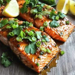 When making honey garlic glazed salmon, you need fresh ingredients for the best taste. Here’s what you will need: - 4 salmon fillets (approximately 6 oz each) - 1/4 cup honey - 2 tablespoons low-sodium soy sauce - 3 cloves garlic, finely minced - 1 tablespoon fresh ginger, grated - 1 tablespoon sesame oil - 1 teaspoon red pepper flakes (optional for added heat) - Salt and freshly ground black pepper, to taste - Fresh cilantro or finely sliced green onions, for garnish - Lemon wedges, for serving Using quality salmon makes a big difference in flavor. I love using wild-caught salmon, but farmed works too. Fresh garlic and ginger bring a lot of flavor to the glaze. The honey adds sweetness, while soy sauce gives it a savory touch. If you want some heat, add red pepper flakes. For garnishing, fresh herbs like cilantro or green onions add color and taste. Lemon wedges brighten the dish and balance the sweetness. Having all your ingredients ready makes cooking easy and fun. Refer to the [Full Recipe] for detailed steps in making this delicious dish. To start, we need to make the honey garlic glaze. In a small mixing bowl, combine these ingredients: - 1/4 cup honey - 2 tablespoons low-sodium soy sauce - 3 cloves garlic, finely minced - 1 tablespoon fresh ginger, grated - 1 tablespoon sesame oil - 1 teaspoon red pepper flakes (optional) Whisk until the mix is smooth. This glaze will add a sweet and savory touch to the salmon. Next, season your salmon fillets. Sprinkle some salt and freshly cracked black pepper on both sides. This step is key for flavor. Now it’s time to cook the salmon. Heat a splash of oil in a large skillet over medium-high heat. When the oil is shimmering, place your salmon fillets in the skillet, skin-side down. Sear the salmon for about 4-5 minutes. Do not flip it yet. This will create a nice golden crust. Once it’s ready, gently turn the fillets over. Pour the honey garlic glaze over the salmon. Reduce the heat to medium. Cook for another 4-6 minutes, spooning the sauce over the salmon. The salmon will turn opaque and flake easily when done. After cooking, remove the skillet from heat and let the salmon rest for one minute. This helps it stay juicy. For garnish, sprinkle with chopped cilantro or thinly sliced green onions. Serve each fillet with a wedge of lemon for a bright flavor. For a beautiful presentation, plate the salmon on a serving platter. Drizzle any remaining honey garlic glaze from the skillet on top. Arrange lemon wedges around the dish. This adds color and a fresh touch. You can find the full recipe for this delicious dish to guide you through the steps. To get a great sear on your salmon, the temperature matters. Heat your skillet until it is hot but not smoking. This high heat helps form a nice crust. If the pan is not hot enough, the fish will stick. Avoid overcrowding the skillet. Cook only two fillets at a time. If you add too many, they won’t sear well. This can make them soggy instead of crispy. You can adjust the sweetness of the glaze. Use more honey for a sweeter taste or less for a more savory flavor. If you like heat, add more red pepper flakes. This will give the glaze a nice kick. Adding citrus can brighten the dish. A splash of lime or lemon juice can add a fresh taste. Fresh herbs, like cilantro or parsley, also boost flavor. They can make the dish even more vibrant. Honey garlic glazed salmon pairs well with many sides. Try serving it with steamed broccoli or rice. A light salad with mixed greens also goes well with the rich fish. When it comes to drinks, a chilled white wine is a great choice. A crisp Sauvignon Blanc or a light Pinot Grigio can complement the glaze nicely. For a non-alcoholic option, serve it with sparkling water and a slice of lemon. For more details on the recipe, check the Full Recipe. {{image_4}} You can switch the salmon for other fish. Trout or tilapia work well. These fish offer a mild taste that blends nicely with the honey garlic glaze. Just follow the same steps as with salmon. Sear them until golden and pour on that tasty glaze. If you want to try something different, chicken or tofu is great too. Chicken thighs have juicy flavor and work well in this recipe. Just cook them until they reach 165°F. For tofu, use firm blocks and press them first. This helps them soak up flavor. If you need a gluten-free version, simply swap the soy sauce. Use tamari or coconut aminos instead. Both options give you that savory taste without gluten. For a low-carb twist, skip the honey or use a sugar-free substitute. This keeps the glaze flavorful while cutting carbs. You can also serve your dish with fresh veggies instead of rice. This keeps your meal light and healthy. After cooking, let your honey garlic glazed salmon cool down for about 30 minutes. Place it in an airtight container. This keeps it fresh longer. Store it in the fridge. Your salmon will stay good for 3 to 4 days. Make sure it is covered well to avoid drying out. To reheat, use a microwave or a skillet. For the microwave, place the salmon on a plate. Cover it with a damp paper towel. Heat for 30 seconds at a time until warm. In a skillet, set it on low heat. Heat for about 3 to 4 minutes. This keeps the salmon moist and tasty. Avoid high heat to keep the texture right. Enjoy your meal just like the first time! You should cook honey garlic glazed salmon for about 8 to 11 minutes. The time depends on the thickness of your fillets. For fillets that are 1 inch thick, cook for 4 to 5 minutes on each side. Thicker fillets may need a bit longer. Always check if the salmon is opaque and flakes easily with a fork. This means it's done. Yes, you can use frozen salmon. Just remember to thaw it first for the best results. You can thaw it overnight in the fridge or quickly in cold water for about an hour. If you cook it from frozen, add a few extra minutes to your cooking time. This helps ensure the salmon cooks evenly. Honey garlic glazed salmon pairs well with many sides. Here are some great options: - Steamed broccoli - Roasted asparagus - Garlic mashed potatoes - Quinoa salad - Mixed green salad These sides add color and balance to your meal. You can also add a refreshing citrus salad for a bright touch. For an easy meal, check out the Full Recipe for more ideas. This blog covered how to make honey garlic glazed salmon. We looked at the needed ingredients, cooking steps, and tips for perfecting the dish. You learned about variations, dietary adjustments, and storage. Enjoy cooking this dish at home with the tips shared! It’s simple, flavorful, and can impress anyone at the dinner table. Try different herbs or fish to make it your own. Happy cooking!