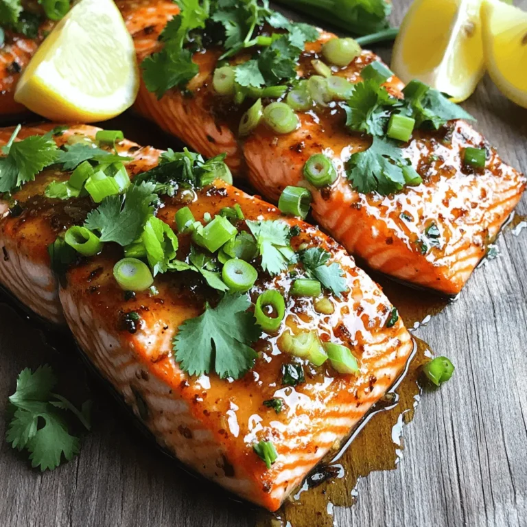 When making honey garlic glazed salmon, you need fresh ingredients for the best taste. Here’s what you will need: - 4 salmon fillets (approximately 6 oz each) - 1/4 cup honey - 2 tablespoons low-sodium soy sauce - 3 cloves garlic, finely minced - 1 tablespoon fresh ginger, grated - 1 tablespoon sesame oil - 1 teaspoon red pepper flakes (optional for added heat) - Salt and freshly ground black pepper, to taste - Fresh cilantro or finely sliced green onions, for garnish - Lemon wedges, for serving Using quality salmon makes a big difference in flavor. I love using wild-caught salmon, but farmed works too. Fresh garlic and ginger bring a lot of flavor to the glaze. The honey adds sweetness, while soy sauce gives it a savory touch. If you want some heat, add red pepper flakes. For garnishing, fresh herbs like cilantro or green onions add color and taste. Lemon wedges brighten the dish and balance the sweetness. Having all your ingredients ready makes cooking easy and fun. Refer to the [Full Recipe] for detailed steps in making this delicious dish. To start, we need to make the honey garlic glaze. In a small mixing bowl, combine these ingredients: - 1/4 cup honey - 2 tablespoons low-sodium soy sauce - 3 cloves garlic, finely minced - 1 tablespoon fresh ginger, grated - 1 tablespoon sesame oil - 1 teaspoon red pepper flakes (optional) Whisk until the mix is smooth. This glaze will add a sweet and savory touch to the salmon. Next, season your salmon fillets. Sprinkle some salt and freshly cracked black pepper on both sides. This step is key for flavor. Now it’s time to cook the salmon. Heat a splash of oil in a large skillet over medium-high heat. When the oil is shimmering, place your salmon fillets in the skillet, skin-side down. Sear the salmon for about 4-5 minutes. Do not flip it yet. This will create a nice golden crust. Once it’s ready, gently turn the fillets over. Pour the honey garlic glaze over the salmon. Reduce the heat to medium. Cook for another 4-6 minutes, spooning the sauce over the salmon. The salmon will turn opaque and flake easily when done. After cooking, remove the skillet from heat and let the salmon rest for one minute. This helps it stay juicy. For garnish, sprinkle with chopped cilantro or thinly sliced green onions. Serve each fillet with a wedge of lemon for a bright flavor. For a beautiful presentation, plate the salmon on a serving platter. Drizzle any remaining honey garlic glaze from the skillet on top. Arrange lemon wedges around the dish. This adds color and a fresh touch. You can find the full recipe for this delicious dish to guide you through the steps. To get a great sear on your salmon, the temperature matters. Heat your skillet until it is hot but not smoking. This high heat helps form a nice crust. If the pan is not hot enough, the fish will stick. Avoid overcrowding the skillet. Cook only two fillets at a time. If you add too many, they won’t sear well. This can make them soggy instead of crispy. You can adjust the sweetness of the glaze. Use more honey for a sweeter taste or less for a more savory flavor. If you like heat, add more red pepper flakes. This will give the glaze a nice kick. Adding citrus can brighten the dish. A splash of lime or lemon juice can add a fresh taste. Fresh herbs, like cilantro or parsley, also boost flavor. They can make the dish even more vibrant. Honey garlic glazed salmon pairs well with many sides. Try serving it with steamed broccoli or rice. A light salad with mixed greens also goes well with the rich fish. When it comes to drinks, a chilled white wine is a great choice. A crisp Sauvignon Blanc or a light Pinot Grigio can complement the glaze nicely. For a non-alcoholic option, serve it with sparkling water and a slice of lemon. For more details on the recipe, check the Full Recipe. {{image_4}} You can switch the salmon for other fish. Trout or tilapia work well. These fish offer a mild taste that blends nicely with the honey garlic glaze. Just follow the same steps as with salmon. Sear them until golden and pour on that tasty glaze. If you want to try something different, chicken or tofu is great too. Chicken thighs have juicy flavor and work well in this recipe. Just cook them until they reach 165°F. For tofu, use firm blocks and press them first. This helps them soak up flavor. If you need a gluten-free version, simply swap the soy sauce. Use tamari or coconut aminos instead. Both options give you that savory taste without gluten. For a low-carb twist, skip the honey or use a sugar-free substitute. This keeps the glaze flavorful while cutting carbs. You can also serve your dish with fresh veggies instead of rice. This keeps your meal light and healthy. After cooking, let your honey garlic glazed salmon cool down for about 30 minutes. Place it in an airtight container. This keeps it fresh longer. Store it in the fridge. Your salmon will stay good for 3 to 4 days. Make sure it is covered well to avoid drying out. To reheat, use a microwave or a skillet. For the microwave, place the salmon on a plate. Cover it with a damp paper towel. Heat for 30 seconds at a time until warm. In a skillet, set it on low heat. Heat for about 3 to 4 minutes. This keeps the salmon moist and tasty. Avoid high heat to keep the texture right. Enjoy your meal just like the first time! You should cook honey garlic glazed salmon for about 8 to 11 minutes. The time depends on the thickness of your fillets. For fillets that are 1 inch thick, cook for 4 to 5 minutes on each side. Thicker fillets may need a bit longer. Always check if the salmon is opaque and flakes easily with a fork. This means it's done. Yes, you can use frozen salmon. Just remember to thaw it first for the best results. You can thaw it overnight in the fridge or quickly in cold water for about an hour. If you cook it from frozen, add a few extra minutes to your cooking time. This helps ensure the salmon cooks evenly. Honey garlic glazed salmon pairs well with many sides. Here are some great options: - Steamed broccoli - Roasted asparagus - Garlic mashed potatoes - Quinoa salad - Mixed green salad These sides add color and balance to your meal. You can also add a refreshing citrus salad for a bright touch. For an easy meal, check out the Full Recipe for more ideas. This blog covered how to make honey garlic glazed salmon. We looked at the needed ingredients, cooking steps, and tips for perfecting the dish. You learned about variations, dietary adjustments, and storage. Enjoy cooking this dish at home with the tips shared! It’s simple, flavorful, and can impress anyone at the dinner table. Try different herbs or fish to make it your own. Happy cooking!