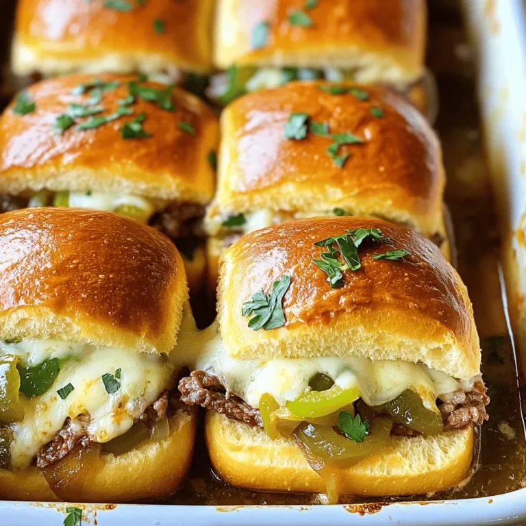 - 12 slider rolls - 1 pound thinly sliced beef (ribeye or sirloin recommended) - 1 medium onion, thinly sliced - 1 green bell pepper, thinly sliced - 2 cups shredded provolone cheese - 3 tablespoons olive oil - 2 tablespoons Worcestershire sauce - 1 teaspoon garlic powder - Salt and pepper, to taste - Optional: Fresh parsley, chopped, for garnish Choosing the right beef is key for great taste. Ribeye or sirloin works best, as they are tender and juicy. For the peppers, green bell adds a nice crunch and flavor. You can also try red or yellow bell peppers if you like a sweeter taste. Provolone cheese melts well and enhances the flavor. The olive oil keeps everything moist and helps with cooking. If you need a different meat, chicken or turkey can work well too. For a vegetarian option, try using mushrooms or a plant-based meat substitute. If you're dairy-free, look for a vegan cheese that melts nicely. Ensure your slider rolls are gluten-free if you have a gluten allergy. There are many tasty options available for everyone! Start by preheating your oven to 350°F (175°C). This is key for baking the sliders. While the oven heats up, gather your ingredients. You will need slider rolls, beef, and some veggies. In a large skillet, pour in three tablespoons of olive oil. Heat it over medium-high heat. Once hot, add one medium onion and one green bell pepper, both thinly sliced. Sauté these for about 5-7 minutes. You want them soft and fragrant. Next, push the veggies to one side of the skillet. On the other side, add one pound of thinly sliced beef. Season this with salt, pepper, and one teaspoon of garlic powder. Cook the beef for about 3-4 minutes. Use a spatula to break it apart as it browns. Once the beef is cooked, stir in two tablespoons of Worcestershire sauce. Mix it all well, then take the skillet off the heat. Now, take your 12 slider rolls and slice them in half. Place the bottom halves in a greased baking dish. Spoon the beef and veggie mix evenly over the bottom halves. Next, sprinkle two cups of shredded provolone cheese on top of the meat mix. Then place the top halves of the rolls on the cheese layer. For added flavor, brush the tops lightly with olive oil or melted butter. Cover the dish with aluminum foil to keep the sliders moist. Bake them in the preheated oven for 15 minutes. After that, remove the foil and bake for another 5-10 minutes. This will melt the cheese and make the tops golden brown. Once done, let the dish cool for a couple of minutes. Slice the sliders into pieces and enjoy this tasty meal. For extra flair, you can garnish with chopped fresh parsley. For the full recipe, check out the detailed instructions above! Slice the beef thin. This helps it cook fast and stay tender. Place the beef in the freezer for about 30 minutes before slicing. This makes it firm and easier to cut. Use a sharp knife, and cut against the grain. This keeps the meat tender. Always use medium-high heat for sautéing. This helps the veggies cook evenly. Start with the onions. Cook them until they are soft and clear. Then add the bell peppers. Stir them often to avoid burning. Aim for about 5-7 minutes of cooking time. This brings out their sweet flavor. Use good-quality provolone cheese for the best taste. Shred the cheese yourself for better melting. Spread it evenly over the beef mix. This ensures every bite is cheesy. Bake the sliders covered first, then uncovered to melt and brown the cheese. This gives a nice, gooey texture. Follow these tips for a tasty slider experience! Check the Full Recipe for more details. {{image_4}} You can make your sliders spicy by adding peppers. Try using jalapeños or banana peppers. Slice them thin and sauté them with your onions and bell peppers. This will give your sliders a great kick. If you want more heat, add crushed red pepper flakes to the beef mix. Just a pinch goes a long way! While provolone cheese is classic, you can mix it up! Try using cheddar, Swiss, or even pepper jack cheese. Each cheese adds a unique flavor. If you're feeling adventurous, blend different cheeses for a rich, gooey texture. Just remember, the cheese should melt well to create that creamy goodness in every bite. You can easily make these sliders meat-free. Use thinly sliced mushrooms instead of beef. Portobello or shiitake mushrooms work best. For cheese, try vegan cheese or even a cashew cheese spread. Season your mushrooms well with garlic powder and Worcestershire sauce for a savory flavor. These changes keep the dish tasty while catering to different diets. For the full recipe, check out the Cheesy Philly Slider Delight. After enjoying your sliders, let any leftovers cool. Place them in an airtight container. This keeps the flavors fresh. Store them in the fridge for up to three days. The key is to keep them covered to avoid drying out. To reheat, preheat your oven to 350°F (175°C). Place the sliders on a baking sheet. Cover them with foil to prevent burning. Heat for about 10-15 minutes, until warm. If you want a crispy top, remove the foil for the last few minutes. You can freeze these sliders for longer storage. Wrap each slider tightly in plastic wrap. Place them in a freezer-safe bag. Make sure to remove as much air as possible. They will keep well for up to three months. To enjoy, thaw them in the fridge overnight, then reheat as mentioned above. This way, you can always have a tasty meal ready when needed! Yes, you can use other meats. Chicken or turkey works well if you prefer. Just slice it thinly, like beef. For a different flavor, try using pork. You can use the same method as with beef. Just make sure to adjust the cooking time as needed. To make gluten-free sliders, you can use gluten-free rolls. Many stores sell them now. Just check the label to be sure they are gluten-free. You can also use lettuce wraps instead of rolls. This keeps the filling together and cuts out the bread. These sliders pair well with many sides. You can serve them with crispy fries or sweet potato fries. A fresh salad with crunchy veggies is also a great choice. For something fun, try potato chips or coleslaw. They add a nice crunch and contrast to the sliders. Enjoy your meal! In this blog post, we explored how to make delicious Philly Cheesesteak Sliders. We covered the essential ingredients and substitutions for dietary needs. I shared simple step-by-step instructions that ensure your sliders come out perfectly. You learned tips for slicing beef, sautéing veggies, and making them cheesy. We also talked about fun variations and how to store your leftovers. In summary, making these sliders is easy and rewarding. Enjoy creating your perfect version!