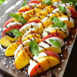 - 3 ripe peaches, sliced into wedges - 8 oz fresh mozzarella cheese, sliced into rounds - 1 cup fresh basil leaves, washed and dried - 3 tablespoons balsamic glaze for drizzling - 2 tablespoons extra virgin olive oil for drizzling - Sea salt to taste - Freshly cracked black pepper to taste - Large serving platter - Sharp knife for slicing - Measuring spoons Gather your ingredients to make this Summer Peach Caprese Salad. You want juicy peaches, fresh mozzarella, and vibrant basil. I love using ripe peaches because they are sweet and add a burst of flavor. Fresh mozzarella brings a creamy texture that pairs well with the peaches. You will need balsamic glaze for a sweet finish. Extra virgin olive oil adds richness. A sprinkle of sea salt and black pepper elevates the dish. For tools, a large serving platter works best. A sharp knife is key for slicing peaches and cheese. Measuring spoons help you get the right amounts for your dressing. This dish is simple, fresh, and full of flavor. It showcases summer's best produce. When you prepare it, you will see how easy it is to create a beautiful salad. For the complete recipe, check the full recipe section. Start by washing the peaches well under cold water. Make sure they are clean. Next, slice the peaches into wedges. Remember to remove the pit from each peach. Then, cut the mozzarella cheese into rounds. Aim for slices that are about half an inch thick. This will help them blend nicely with the peaches. Take a large serving platter and begin arranging the peach wedges and mozzarella slices. Alternate the peach and cheese, creating a pattern that looks great. You can go for a circular shape or a straight line. It’s all about what you like best! Now, gently tuck fresh basil leaves between the peach and mozzarella. This adds color and a fresh scent to the dish. Drizzle the extra virgin olive oil evenly over the salad. Make sure every piece gets a bit of that rich flavor. Then, drizzle the balsamic glaze on top. This will add a sweet and tangy taste that pairs perfectly with the fruits. Next, lightly sprinkle sea salt and freshly cracked black pepper on top. This will enhance the flavors even more. Lastly, let the salad rest for about 10 minutes. This is key! It helps all the flavors come together beautifully. For the full recipe, check out the details above. - Use ripe, juicy peaches for optimal sweetness. - Choose high-quality mozzarella for superior taste. Choosing the right peaches is key. Ripe peaches have a sweet, fragrant smell. They should yield slightly when you press them. This gives the salad its fresh, sweet flavor. Mozzarella is just as important. A creamy, fresh mozzarella will enhance every bite. Look for cheese that feels soft and has a milky scent. - Best served fresh and at room temperature. - Pair with a light white wine or sparkling water. Serve your salad right after you make it. This keeps the flavors bright and fresh. A light white wine or sparkling water works great with this dish. The drinks will balance the sweet and savory notes of the salad. - Creative serving styles to impress guests. - Incorporate seasonal garnishes for visual appeal. Presentation matters! Arrange the salad in a pattern on a nice platter. You can alternate the peach and mozzarella slices for a beautiful look. Add fresh basil leaves to make it pop. Seasonal garnishes like edible flowers or microgreens can add color and charm. For a rustic touch, consider serving on a wooden board. For the full recipe, refer to the detailed instructions provided earlier. {{image_4}} You can change the fruits in this salad. Try using nectarines or apricots instead of peaches. They add a sweet twist. If you want a creamier taste, switch mozzarella for burrata or goat cheese. Both options bring new flavors to the dish. To add crunch, include nuts like walnuts or pistachios. They not only taste great but also give texture. If you like heat, sprinkle some chili flakes on top. This will give your salad a spicy kick that pairs well with the sweetness of the peaches. Don’t hesitate to explore different vinegars. Red wine vinegar or apple cider vinegar can change the flavor profile. You can also try flavored oils like basil or garlic oil. These add an extra layer of taste that enhances the overall dish. To store leftovers, place your salad in an airtight container. This keeps the food fresh and safe. Make sure to cover it with a lid to avoid air exposure. Store it in the refrigerator for up to two days. The best practice is to keep the dressing separate until you are ready to eat. This helps maintain the salad's texture and flavor. You can freeze peach slices if you want to save them. First, wash and slice the peaches, then spread them on a baking sheet. Freeze them for a few hours. Once frozen, transfer the slices to a freezer bag. This helps prevent them from sticking together. Use frozen peaches in smoothies or desserts later. Other ingredients, like basil and mozzarella, do not freeze well. It is best to use them fresh. Leftover salad can work well in new dishes. Try mixing it into pasta for a fresh twist. You can also add it to a sandwich or wrap for added flavor. Another idea is to blend it into a dressing or sauce. If you have extra peaches, they can be used in desserts or smoothies. Get creative and enjoy the taste of summer in many ways. Check out the Full Recipe to explore more ideas and possibilities! Yes, you can prepare parts of the Summer Peach Caprese Salad ahead. Slice the peaches and mozzarella a few hours before serving. Keep them separate in the fridge. Assemble the salad just before serving. This keeps the flavors fresh and bright. This salad pairs well with grilled chicken or shrimp. You can also serve it with crusty bread or a light pasta dish. A chilled white wine complements the salad's flavors, too. The salad is best enjoyed fresh. It will stay good for about one day in the fridge. After that, the peaches may get mushy. Keep the salad covered to maintain freshness. For the full recipe, check here: [Full Recipe]. This Summer Peach Caprese Salad is simple and tasty. We talked about fresh peaches, mozzarella, and basil as key parts. You learned how to prepare it step by step, plus tips for the best flavor. Remember, ripe peaches make a big difference. You can even switch ingredients for your taste. Enjoy this salad fresh, and don’t hesitate to try new things! It will impress your guests and leave them wanting more. Let your creativity shine in the kitchen.
