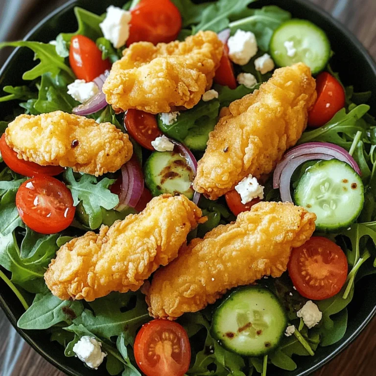 - 2 boneless, skinless chicken breasts - 1 cup buttermilk - 1 cup panko breadcrumbs - 1/2 cup all-purpose flour - 1 teaspoon garlic powder - 1 teaspoon smoked paprika - Salt and pepper to taste - 6 cups mixed salad greens - 1 cup cherry tomatoes, halved - 1/2 medium red onion, thinly sliced - 1/2 cucumber, sliced into rounds - 1/4 cup crumbled feta cheese - 1/4 cup balsamic vinaigrette dressing - Fresh vegetables for garnish - For buttermilk, use milk mixed with lemon juice. - For a gluten-free option, swap panko with crushed cornflakes. When I create crispy chicken salad, I focus on fresh and flavorful ingredients. The chicken breasts stay juicy after marinating in buttermilk. Then, I coat them in seasoned flour and panko breadcrumbs. This gives them that perfect crunch. For the salad, I love mixing greens like arugula, spinach, and romaine. They add a nice texture and color. Cherry tomatoes bring sweetness, while cucumbers add a refreshing crunch. Feel free to add feta cheese for a creamy touch and balsamic vinaigrette for a tangy kick. Remember, you can always change a few ingredients to fit your taste. Enjoy the full recipe for crispy chicken salad! First, we need to marinate the chicken. This step adds flavor and keeps the chicken juicy. Place the chicken breasts in a large bowl. Pour in enough buttermilk to cover the chicken. Cover the bowl and refrigerate it for at least 30 minutes. If you have more time, let it marinate for up to 2 hours. This will help the chicken soak up the flavors. Next, set up your breading station. Use three bowls for this process. In the first bowl, mix the flour with garlic powder, smoked paprika, salt, and pepper. In the second bowl, pour the buttermilk you used for marinating. If needed, add a bit more buttermilk. In the third bowl, place the panko breadcrumbs. This setup makes it easy to coat the chicken evenly. Now, it’s time to cook the chicken. Heat about 1/4 cup of vegetable oil in a large non-stick skillet over medium-high heat. You want the oil to shimmer but not smoke. Carefully add the breaded chicken breasts to the hot oil. Cook them for about 6-7 minutes on each side. You want them to turn a nice golden brown and reach an internal temperature of 165°F. Once done, place the chicken on a paper towel to absorb any extra oil. You can find the full recipe [here]. To get that perfect crunch, follow these steps. First, marinate your chicken in buttermilk. This step makes the meat juicy. It also helps the coating stick. Make sure to let it sit for at least 30 minutes. Next, set up a breading station. Use three bowls: one for seasoned flour, one for buttermilk, and one for panko breadcrumbs. Coat the chicken first in flour, then dip it in buttermilk. Finally, press it into the panko. This layering gives your chicken that nice, crispy texture. When frying, use a large skillet. Heat enough oil so the chicken can float a bit. This helps it cook evenly. Keep the heat medium-high. If it’s too low, your chicken will soak up oil. Cook for 6-7 minutes on each side. Aim for golden brown and an internal temp of 165°F. For a stunning salad, layer your ingredients. Start with the mixed greens. Then, add cherry tomatoes, red onion, and cucumber. This not only looks good but also keeps flavors fresh. Slice your crispy chicken into strips. Place them on top. This way, everyone sees the star of the show! Drizzle balsamic vinaigrette just before serving. It adds a nice shine and burst of flavor. Balsamic vinaigrette is key for balancing flavors. It adds sweetness and tang. This contrast works well with the crispy chicken and fresh greens. Use it sparingly at first. You can always add more if needed. Toss the salad gently to coat all the ingredients. This ensures every bite is flavorful. Enjoy your fresh and flavorful crispy chicken salad! For a detailed guide, check the Full Recipe. {{image_4}} To give your salad an Asian twist, change some ingredients. Use sesame oil in place of vegetable oil for cooking the chicken. Swap the balsamic vinaigrette for a soy sauce-based dressing. Add some sliced almonds for crunch and mandarin oranges for sweetness. You can also mix in shredded cabbage and carrots for extra color and texture. This blend will create a bright and tasty dish! For a classic Caesar twist, use a creamy Caesar dressing instead of balsamic vinaigrette. Top the salad with fresh parmesan cheese and croutons for added flavor and crunch. You can also add anchovies for a bold taste. This variation brings a rich and savory profile that pairs well with the crispy chicken. Feel free to adjust the greens and toppings based on what’s in season. In spring, try using tender baby greens or pea shoots. In summer, mix in fresh corn and diced bell peppers. In fall, add roasted pumpkin or butternut squash for warmth. In winter, hearty greens like kale or Swiss chard work well. Experimenting with seasonal ingredients makes each salad unique and fresh. For a detailed guide on making the perfect crispy chicken salad, check out the [Full Recipe]. To keep your crispy chicken salad fresh, cool it down quickly. Place the salad in a shallow container. This helps the heat escape faster. Cover it tightly with a lid or plastic wrap. Store it in the fridge for up to three days. Remember, the longer it sits, the less crispy the chicken will become. If you want to freeze the chicken, do it right. First, let the chicken cool completely. Wrap each piece tightly in plastic wrap. Then, place the wrapped chicken in a freezer bag. Squeeze out all the air before sealing. This keeps the chicken fresh for up to three months. Just remember, freezing the salad greens can change their texture. To reheat the chicken and keep it crispy, use the oven. Preheat your oven to 375°F. Place the chicken on a baking sheet. Heat for about 10-15 minutes, checking until it’s warm. You can also use an air fryer if you have one. This method will revive the crispiness. Avoid the microwave, as it can make the chicken soggy. Enjoy your meal again with that crispy texture! To make the chicken super crispy, follow these tips: - Use Panko Breadcrumbs: They create a light and crunchy texture. - Double Dredge: Coat the chicken in flour, dip in buttermilk, then coat again in breadcrumbs. - Hot Oil: Make sure the oil is hot before adding the chicken. This helps lock in the crunch. - Avoid Overcrowding: Fry in batches to keep the oil temperature steady. These techniques ensure a crispy chicken every time. Yes, you can use a variety of greens in your salad. Here are some tasty options: - Spinach: Soft and mild, it pairs well with many flavors. - Arugula: Adds a peppery kick to your salad. - Romaine: Crunchy and fresh, perfect for a hearty base. - Kale: For a robust texture, massage it with dressing to soften. Mixing these greens can create a colorful and flavorful salad. Balsamic vinaigrette is a great choice for this salad. Here’s why: - Balance: Its sweet and tangy notes balance the savory chicken. - Lightness: It keeps the salad fresh without being heavy. - Flavor: The depth of balsamic enhances the overall taste. You can also try ranch or honey mustard for a different twist. This blog post covered how to make a tasty crispy chicken salad. We discussed main and optional ingredients for great flavor. I shared step-by-step instructions for marinating, coating, and cooking the chicken. You learned tips to keep your chicken crispy and how to assemble a beautiful salad. Variations like Asian-inspired and Caesar salad keep things fresh. Finally, I provided storage tips to keep leftovers tasty. Enjoy making this dish your own!