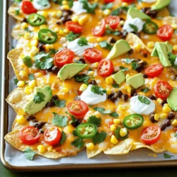 To make great nachos, gather these must-have items: - Tortilla chips - Shredded cheese (cheddar and Monterey Jack) - Black beans Starting with tortilla chips gives you that crunchy base. I love a mix of cheddar and Monterey Jack cheese for a rich flavor. Black beans add protein and a nice texture. Fresh toppings make nachos pop! Here’s what you need: - Cherry tomatoes - Jalapeño - Avocado Halved cherry tomatoes add sweetness. If you like heat, slice some jalapeños. Diced avocado brings creaminess to each bite. Add these for extra flavor: - Sour cream - Fresh cilantro - Lime juice Sour cream cools the heat from the jalapeños. Chopped cilantro adds brightness. A squeeze of lime juice enhances all the flavors. For the full recipe, check out the Cheesy Fiesta Sheet Pan Nachos. Enjoy your tasty dish! First, preheat your oven to 375°F (190°C). This heat gets the nachos crispy and delicious. Next, grab a large baking sheet. Line it with parchment paper. This helps with cleanup and keeps the nachos from sticking. Now it’s time to layer the nachos. Start by spreading tortilla chips on the baking sheet. Try to cover the sheet evenly. Don’t pile them too high, or they won’t crisp up. Once the chips are ready, it’s time to add toppings. Distribute black beans, corn, and halved cherry tomatoes over the chips. Make sure they are spread out for even flavor. If you like a little spice, add sliced jalapeños on top. Finally, sprinkle the shredded cheese generously over everything. This will create a gooey layer. Put the nachos in the oven and bake for 10-15 minutes. Keep an eye on them. You want the cheese to melt and bubble. It should start turning golden brown. After baking, take the nachos out and let them cool for a minute. This helps prevent burns and lets the cheese set. While they cool, prepare the avocado. Mix diced avocado with lime juice, salt, and pepper in a small bowl. This keeps the avocado fresh and tasty. Top the warm nachos with this seasoned avocado. Add dollops of sour cream and sprinkle with fresh cilantro for extra flavor. Serve right away while everything is warm and gooey. Enjoy your cheesy fiesta nachos with friends or family! For the complete recipe, check out [Full Recipe]. For a great cheese melt, I love using a mix of cheeses. Cheddar brings sharpness while Monterey Jack adds creaminess. This combo creates a rich taste. You can also try pepper jack for some heat. Baking is key for crispiness. Spread the chips in a single layer on the pan. This allows the heat to reach all chips. Bake at 375°F for about 10-15 minutes. Watch closely to avoid burning. You want the cheese to melt and bubble. Nachos are fun to share! Serve them with tasty dips like sour cream or guacamole. You can also add salsa or pico de gallo for extra flavor. For gatherings, plan your portions. A large sheet pan feeds four people well. But you can double the recipe for bigger groups. Everyone loves nachos, so you won't have leftovers! Make nachos your own! For a vegan version, skip the cheese and use plant-based options. Nutritional yeast can mimic cheese flavor. If you like it spicy, add more jalapeños or use spicy cheese. You can even sprinkle chili powder for a kick. Adjust the heat to fit your taste. For the full recipe, check out the Cheesy Fiesta Sheet Pan Nachos. {{image_4}} Want to make your nachos heartier? Add some protein! Seasoned ground beef or chicken works great here. Cook it with spices like cumin and chili powder for a tasty kick. If you prefer a meat-free option, try tofu or tempeh. Just cube them, season well, and sauté. Both give a nice texture and flavor. Change up the taste with different flavor profiles. For a Southwestern twist, add ingredients like black olives, corn, or even a drizzle of salsa. You can also go Mediterranean by using olives and feta cheese. The salty olives and creamy feta create a unique and tasty nacho experience. Nachos don’t have to be savory. For dessert nachos, use tortilla chips with sweet toppings. Try fresh fruits like bananas, strawberries, or apples. Drizzle some chocolate sauce or caramel over the top. This fun twist will surprise everyone and make a great ending to your meal. For more ideas, check out the Full Recipe and get creative with your nachos! To keep your nachos fresh, store them in the fridge. Use an airtight container. This will help keep them safe from air and moisture. For best results, avoid stacking the nachos. This keeps them from getting soggy. If you have toppings like avocado or tomatoes, store them separately. This way, they stay fresh longer. When reheating nachos, the oven works best. Preheat your oven to 350°F (175°C). Spread the nachos on a baking sheet and heat for about 10 minutes. This method keeps them crispy. If you must use the microwave, do so for a short time. Heat them in 30-second bursts. Watch closely to avoid sogginess. Fresh toppings like tomatoes and avocados last about 2-3 days in the fridge. For nachos, try to eat them within 1-2 days for the best taste. The chips may lose their crunch over time. Always check for any signs of spoilage before using. For the best taste, use the Full Recipe for your nachos right away! To make nachos extra crispy, layering is key. Start with a single layer of tortilla chips. If you pile them too high, they will steam and turn soggy. Spread your toppings evenly over the chips. This way, every chip gets its share of flavor. Bake them at 375°F for about 10-15 minutes. Keep an eye on the cheese. When it melts and bubbles, your nachos are ready. Let them cool for a minute before digging in. This helps them stay crispy. Yes, you can use homemade cheese sauce! It adds a rich flavor and smooth texture. To make a basic cheese sauce, melt butter in a pan. Whisk in flour until it forms a paste. Gradually add milk, stirring until thick. Then, add your favorite cheese. Cheddar works great! Pour the cheese sauce over the chips instead of shredded cheese. This will give you a creamy nacho experience. Get creative with your toppings! Here are some popular options: - Diced red or green onions for crunch - Sliced olives for a briny bite - Cooked ground beef or turkey for protein - Chopped bell peppers for a fresh taste - Fresh jalapeños for added heat - Pineapple for a sweet twist Mix and match to find your favorite combinations! Easy sheet pan nachos are a fun and tasty dish. We covered essential ingredients like tortilla chips, cheese, and beans. Fresh toppings and seasonings add flavor. I shared tips for baking and achieving perfect cheese melt. You can customize nachos to suit any diet or taste. In the end, nachos are versatile and easy to make. Enjoy experimenting with your favorite flavors and toppings. Your next gathering will be a hit with these nachos.