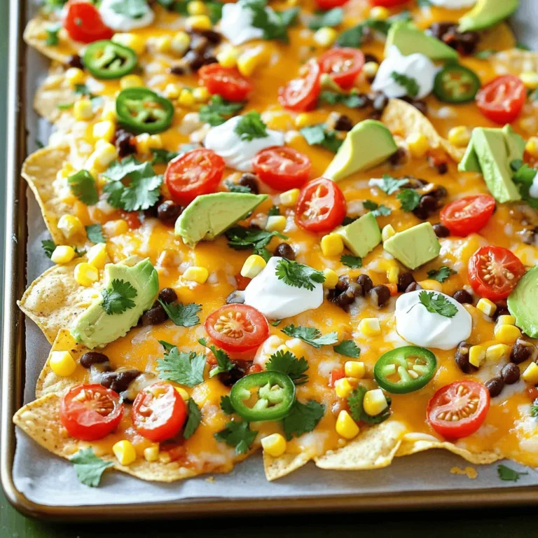 To make great nachos, gather these must-have items: - Tortilla chips - Shredded cheese (cheddar and Monterey Jack) - Black beans Starting with tortilla chips gives you that crunchy base. I love a mix of cheddar and Monterey Jack cheese for a rich flavor. Black beans add protein and a nice texture. Fresh toppings make nachos pop! Here’s what you need: - Cherry tomatoes - Jalapeño - Avocado Halved cherry tomatoes add sweetness. If you like heat, slice some jalapeños. Diced avocado brings creaminess to each bite. Add these for extra flavor: - Sour cream - Fresh cilantro - Lime juice Sour cream cools the heat from the jalapeños. Chopped cilantro adds brightness. A squeeze of lime juice enhances all the flavors. For the full recipe, check out the Cheesy Fiesta Sheet Pan Nachos. Enjoy your tasty dish! First, preheat your oven to 375°F (190°C). This heat gets the nachos crispy and delicious. Next, grab a large baking sheet. Line it with parchment paper. This helps with cleanup and keeps the nachos from sticking. Now it’s time to layer the nachos. Start by spreading tortilla chips on the baking sheet. Try to cover the sheet evenly. Don’t pile them too high, or they won’t crisp up. Once the chips are ready, it’s time to add toppings. Distribute black beans, corn, and halved cherry tomatoes over the chips. Make sure they are spread out for even flavor. If you like a little spice, add sliced jalapeños on top. Finally, sprinkle the shredded cheese generously over everything. This will create a gooey layer. Put the nachos in the oven and bake for 10-15 minutes. Keep an eye on them. You want the cheese to melt and bubble. It should start turning golden brown. After baking, take the nachos out and let them cool for a minute. This helps prevent burns and lets the cheese set. While they cool, prepare the avocado. Mix diced avocado with lime juice, salt, and pepper in a small bowl. This keeps the avocado fresh and tasty. Top the warm nachos with this seasoned avocado. Add dollops of sour cream and sprinkle with fresh cilantro for extra flavor. Serve right away while everything is warm and gooey. Enjoy your cheesy fiesta nachos with friends or family! For the complete recipe, check out [Full Recipe]. For a great cheese melt, I love using a mix of cheeses. Cheddar brings sharpness while Monterey Jack adds creaminess. This combo creates a rich taste. You can also try pepper jack for some heat. Baking is key for crispiness. Spread the chips in a single layer on the pan. This allows the heat to reach all chips. Bake at 375°F for about 10-15 minutes. Watch closely to avoid burning. You want the cheese to melt and bubble. Nachos are fun to share! Serve them with tasty dips like sour cream or guacamole. You can also add salsa or pico de gallo for extra flavor. For gatherings, plan your portions. A large sheet pan feeds four people well. But you can double the recipe for bigger groups. Everyone loves nachos, so you won't have leftovers! Make nachos your own! For a vegan version, skip the cheese and use plant-based options. Nutritional yeast can mimic cheese flavor. If you like it spicy, add more jalapeños or use spicy cheese. You can even sprinkle chili powder for a kick. Adjust the heat to fit your taste. For the full recipe, check out the Cheesy Fiesta Sheet Pan Nachos. {{image_4}} Want to make your nachos heartier? Add some protein! Seasoned ground beef or chicken works great here. Cook it with spices like cumin and chili powder for a tasty kick. If you prefer a meat-free option, try tofu or tempeh. Just cube them, season well, and sauté. Both give a nice texture and flavor. Change up the taste with different flavor profiles. For a Southwestern twist, add ingredients like black olives, corn, or even a drizzle of salsa. You can also go Mediterranean by using olives and feta cheese. The salty olives and creamy feta create a unique and tasty nacho experience. Nachos don’t have to be savory. For dessert nachos, use tortilla chips with sweet toppings. Try fresh fruits like bananas, strawberries, or apples. Drizzle some chocolate sauce or caramel over the top. This fun twist will surprise everyone and make a great ending to your meal. For more ideas, check out the Full Recipe and get creative with your nachos! To keep your nachos fresh, store them in the fridge. Use an airtight container. This will help keep them safe from air and moisture. For best results, avoid stacking the nachos. This keeps them from getting soggy. If you have toppings like avocado or tomatoes, store them separately. This way, they stay fresh longer. When reheating nachos, the oven works best. Preheat your oven to 350°F (175°C). Spread the nachos on a baking sheet and heat for about 10 minutes. This method keeps them crispy. If you must use the microwave, do so for a short time. Heat them in 30-second bursts. Watch closely to avoid sogginess. Fresh toppings like tomatoes and avocados last about 2-3 days in the fridge. For nachos, try to eat them within 1-2 days for the best taste. The chips may lose their crunch over time. Always check for any signs of spoilage before using. For the best taste, use the Full Recipe for your nachos right away! To make nachos extra crispy, layering is key. Start with a single layer of tortilla chips. If you pile them too high, they will steam and turn soggy. Spread your toppings evenly over the chips. This way, every chip gets its share of flavor. Bake them at 375°F for about 10-15 minutes. Keep an eye on the cheese. When it melts and bubbles, your nachos are ready. Let them cool for a minute before digging in. This helps them stay crispy. Yes, you can use homemade cheese sauce! It adds a rich flavor and smooth texture. To make a basic cheese sauce, melt butter in a pan. Whisk in flour until it forms a paste. Gradually add milk, stirring until thick. Then, add your favorite cheese. Cheddar works great! Pour the cheese sauce over the chips instead of shredded cheese. This will give you a creamy nacho experience. Get creative with your toppings! Here are some popular options: - Diced red or green onions for crunch - Sliced olives for a briny bite - Cooked ground beef or turkey for protein - Chopped bell peppers for a fresh taste - Fresh jalapeños for added heat - Pineapple for a sweet twist Mix and match to find your favorite combinations! Easy sheet pan nachos are a fun and tasty dish. We covered essential ingredients like tortilla chips, cheese, and beans. Fresh toppings and seasonings add flavor. I shared tips for baking and achieving perfect cheese melt. You can customize nachos to suit any diet or taste. In the end, nachos are versatile and easy to make. Enjoy experimenting with your favorite flavors and toppings. Your next gathering will be a hit with these nachos.