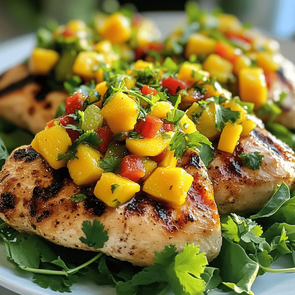 - 4 boneless, skinless chicken breasts - 2 ripe mangoes, peeled and diced into small cubes - 1 red bell pepper, finely chopped - 1 small red onion, finely diced - 1 jalapeño pepper, deseeded and finely minced - 2 tablespoons fresh cilantro leaves, chopped - 2 tablespoons freshly squeezed lime juice - 1 tablespoon extra virgin olive oil - 1 teaspoon ground cumin - 1 teaspoon smoked paprika - Salt and freshly ground black pepper to taste - Chicken: 4 pieces (about 1 pound total) - Mangoes: 2 medium-sized - Red bell pepper: 1 medium-sized - Red onion: 1 small - Jalapeño: 1 small - Cilantro: 2 tablespoons - Lime juice: 2 tablespoons - Olive oil: 1 tablespoon - Ground cumin: 1 teaspoon - Smoked paprika: 1 teaspoon - Salt: to taste - Black pepper: to taste - Grill or grill pan - Medium mixing bowl - Knife and cutting board - Measuring spoons - Tongs - Meat thermometer Gather these ingredients and tools before you start. This will make cooking more fun and smooth. The vibrant flavors of the mango salsa will bring joy to your plate. Don't forget the full recipe for guidance! First, get your grill or grill pan ready. Heat it on medium-high. Take your chicken breasts and place them in a bowl. Drizzle with olive oil. Add ground cumin, smoked paprika, salt, and black pepper. Use your hands to rub the spices all over the chicken. This helps the flavors stick. Now, let’s make the salsa. Grab a medium bowl. Add diced mango, chopped red bell pepper, and diced red onion. Next, add minced jalapeño, chopped cilantro, and lime juice. Mix everything well. Taste it and adjust the salt if needed. This salsa brings a fresh kick to your chicken! It’s time to cook the chicken. Place the seasoned chicken on the hot grill. Cook for about 6-7 minutes on each side. Use a meat thermometer to check the center. It should read 165°F (75°C). Once done, take the chicken off the grill. Let it rest for 5 minutes. This keeps the juices inside. Just before serving, top the chicken with your spicy mango salsa. Enjoy this tasty and colorful dish! You can find the full recipe for more details. To grill chicken well, start with a clean grill. This keeps the chicken from sticking. Heat your grill to medium-high. This temperature helps the chicken cook evenly. Use a meat thermometer to check doneness. The chicken should reach 165°F (75°C). Let it rest after grilling. This step makes the meat juicy and tender. You can change the salsa to fit your taste. Add diced avocado for creaminess. Try mango with pineapple for a tropical twist. If you like heat, add more jalapeño. For a sweeter taste, include a drizzle of honey. Experiment with fresh herbs like mint or basil for a new flavor. Marinating chicken adds delicious flavor. Mix lime juice, olive oil, and spices for a quick marinade. Let the chicken soak for at least 30 minutes. For a deeper taste, marinate for up to 4 hours. Try adding yogurt for a tenderizing boost. This will make your chicken even more tasty. For the full recipe, check out the Spicy Mango Salsa Chicken section above. {{image_4}} You can swap chicken for other proteins. Try shrimp or fish for a fresh twist. They cook quickly and absorb the salsa's flavor well. If you like pork, use tenderloin for a hearty option. Each protein brings its unique taste to the dish. For a vegetarian dish, use cauliflower or tofu. For cauliflower, chop it into florets. Toss them in olive oil and spices before grilling. For tofu, press it to remove water, then cut it into cubes. Marinate it in the same spices as the chicken. Both options cook well and soak up the salsa's bright flavors. To change the spice level, adjust the jalapeño amount. Add more for heat or leave it out for a milder flavor. You can also use a milder pepper, like a banana pepper. If you love heat, try adding diced habanero or a pinch of cayenne. Taste as you go to find your perfect balance. You can keep Spicy Mango Salsa Chicken in the fridge for up to 3 days. Store it in an airtight container. This will help keep the chicken moist and the salsa fresh. Always let the chicken cool to room temperature before sealing it up. This step prevents moisture buildup which can spoil the dish faster. If you want to save the chicken for later, freezing is a great option. Wrap each chicken breast tightly in plastic wrap. Then, place them in a freezer-safe bag or container. You can freeze the mango salsa too. Put it in a separate airtight container. This way, you can keep both parts fresh for up to 3 months. To reheat the chicken, you can use the oven or microwave. If using the oven, preheat it to 350°F (175°C). Place the chicken on a baking sheet and cover it with foil. Heat for about 15-20 minutes until warm. In the microwave, place the chicken on a microwave-safe plate. Heat in short bursts of 1 minute, checking often. Always add fresh salsa just before serving to keep it vibrant and tasty. For the full recipe, check out the Spicy Mango Salsa Chicken section above. Yes, you can use frozen mango for the salsa. Just thaw it first. Fresh mango adds a bright taste and texture, but frozen works too. It may be softer, but that won't ruin the flavor. Make sure to drain any extra liquid before mixing it in. Several side dishes go great with Spicy Mango Salsa Chicken. Here are some tasty options: - Cilantro lime rice - Black beans - Grilled vegetables - Corn on the cob - Simple green salad These sides complement the spicy and sweet flavors of the dish. They add freshness and balance to the meal. Making this recipe gluten-free is easy! All the ingredients are already gluten-free. Just ensure that any added sauces or spices are gluten-free too. Check labels for any hidden gluten. Enjoy your meal without worry! For the full recipe, you can look back at the main sections. This blog post shared the key steps for making Spicy Mango Salsa Chicken. You learned how to gather ingredients, prepare the chicken, and make salsa. I also offered tips for grilling, customizing flavors, and storing leftovers. In the end, this dish is easy and fun to make. Experiment with ingredients to fit your taste. Enjoy your cooking and the delicious results!