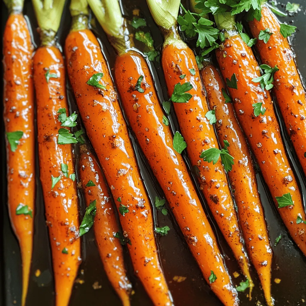 - 1 lb baby carrots, peeled - 3 tablespoons pure maple syrup - 2 tablespoons unsalted butter, melted - 1 teaspoon ground cinnamon - 1 teaspoon salt - 1/2 teaspoon freshly ground black pepper - 2 tablespoons freshly squeezed orange juice - 1 tablespoon fresh parsley, finely chopped (for garnish) - Each serving has about 150 calories. - Key nutrients include vitamin A, vitamin C, and fiber. These ingredients make maple glazed carrots a tasty and healthy side dish. The sweetness of the maple syrup blends well with the natural flavor of the carrots. The orange juice adds a fresh zing. This dish is not just pretty; it is packed with good stuff for your body. Using fresh ingredients is key. Fresh baby carrots give the best flavor and texture. You can find them easily at your local market. If you want to make this dish extra special, you can also use organic maple syrup. It boosts the taste and supports sustainable farming. For a balanced meal, pair these glazed carrots with roasted chicken or grilled fish. They brighten up any plate and make it fun to eat. Don't forget to check out the Full Recipe for more detailed steps! To prepare baby carrots, start by peeling them. Use a simple vegetable peeler. This step helps remove the outer skin, making the carrots sweeter. After peeling, rinse them under cold water. This ensures they are clean and ready for cooking. Even-sized carrots cook better. When they are uniform, they roast evenly. If you have larger carrots, cut them in half or quarters. Aim for pieces about the same size as baby carrots. This way, they all cook at the same rate. First, preheat your oven to 400°F (200°C). This high heat helps caramelize the carrots, bringing out their natural sweetness. Next, take a large mixing bowl. Combine the peeled baby carrots with the following ingredients: - 3 tablespoons pure maple syrup - 2 tablespoons unsalted butter, melted - 1 teaspoon ground cinnamon - 1 teaspoon salt - 1/2 teaspoon freshly ground black pepper Gently toss the carrots in the bowl. Make sure every carrot is well-coated with the sweet and spiced mixture. Now, transfer the coated carrots to a baking sheet. Arrange them in a single layer. This allows for even roasting. Place the baking sheet in the oven. Roast the carrots for 25-30 minutes. They should become fork-tender and caramelized. Stir the carrots halfway through for even cooking. Finally, take the carrots out of the oven. Drizzle them with 2 tablespoons of freshly squeezed orange juice. Toss them again to mix in the citrus flavor. For plating, serve the warm, glazed carrots on a beautiful platter. This makes the dish pop! Garnish with 1 tablespoon of finely chopped fresh parsley. The green adds a nice contrast to the orange carrots. These maple glazed carrots pair well with many dishes. They complement roasted meats, like chicken or pork. You can also serve them with grains, like quinoa or rice. Their sweet and savory taste enhances any meal. For the full recipe, refer to the earlier section. To get the right thickness for your glaze, start with the maple syrup. The syrup should not be too runny. Combine it with melted butter for a rich flavor. When mixed, it will coat the carrots nicely. If you find it too thin, cook it on low heat for a few minutes. This will help thicken the glaze. For even coating on the carrots, mix them in a large bowl. Toss them gently to cover all sides. This ensures every carrot gets that sweet, sticky goodness. You can also use your hands to mix, giving you better control. Cooking time varies with carrot sizes. If you use baby carrots, 25-30 minutes is ideal. For larger carrots, cut them into smaller pieces. This helps them cook evenly. Always check for tenderness with a fork. You want them soft but not mushy. To achieve perfect tenderness, stir your carrots halfway through roasting. This promotes even cooking and caramelization. If you find them too firm, add a few extra minutes in the oven. To add extra flavor, consider spices like nutmeg or allspice. Just a pinch can elevate the dish. You could also try a sprinkle of cayenne for a mild kick. For herbs, parsley is a great choice for garnishing. Basil or thyme can also add fresh notes. If you want a nutty crunch, sprinkle some toasted almonds on top. These small changes can transform your dish and surprise your guests. Remember to check the [Full Recipe] for all details on making these delicious maple glazed carrots. {{image_4}} You can make maple glazed carrots even better by adding garlic or ginger. These ingredients add depth and a nice kick. Just one or two minced cloves of garlic mixed in will give a rich flavor. If you prefer ginger, use a teaspoon of fresh grated ginger. It brings warmth and spice to the dish. Nuts can also enhance the dish. Adding chopped walnuts or pecans gives a crunchy texture. Toast the nuts lightly before mixing them in. This small step makes them extra tasty. If you want to switch up the sweetness, try honey or agave syrup. These sweeteners can replace maple syrup in the recipe. Use the same amount if you want a similar taste. However, you can adjust the amount based on your sweetness preference. You can also reduce the maple syrup. Cutting back by one tablespoon still keeps that sweet flavor, but it lightens the dish. This option is great if you want fewer calories. For vegan options, swap the butter with coconut oil or a vegan butter. This simple change keeps the dish plant-based while still being rich and tasty. In addition, the recipe is naturally gluten-free. Just make sure to check any labels on your ingredients. This way, you can enjoy this side dish without worry. To store your maple glazed carrots, let them cool down first. Place them in an airtight container. This helps keep them fresh. You can store them in the fridge for about 3 to 5 days. If you want to keep them longer, consider freezing them. Just remember that freezing may change their texture a bit. When reheating roasted carrots, I recommend using the oven. Preheat it to 350°F (175°C). Spread the carrots on a baking sheet and warm them for about 10 minutes. This method keeps them crispy. You can also reheat them in a pan on low heat. Add a splash of water or a bit of butter. This adds moisture and flavor, making them taste fresh. Yes, you can use frozen carrots. However, the texture will differ. Frozen carrots may be softer and less crisp when cooked. To adjust, thaw them first and pat them dry. This helps reduce excess moisture. Since frozen carrots are often blanched, they may cook faster. Watch them closely to avoid overcooking. Maple glazed carrots pair well with many dishes. Consider serving them with: - Roast chicken - Grilled salmon - Pork chops - Quinoa salad - Mashed potatoes These dishes enhance the sweet and savory flavors of the carrots. You can also serve them at holiday dinners for a festive touch. Making this recipe ahead is easy. You can prep the carrots and glaze in advance. Simply mix the carrots with the glaze and store them in the fridge. When ready, roast them right before serving. This keeps the flavors fresh and saves you time during gatherings. Enjoy your meal prep! In this post, we explored a simple and tasty recipe for maple glazed carrots. We covered the ingredients needed, how to prepare and roast the carrots, and tips for perfecting the glaze. You learned variations to suit your taste and how to store leftovers properly. Experiment with flavors and enjoy this dish at your next meal. The sweetness of the maple syrup paired with the spices creates a delightful side. Roasting brings out the carrots' natural sweetness. You can impress your guests with this easy recipe. Enjoy!