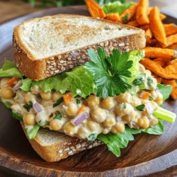 To make a tasty chickpea salad sandwich, gather these key items: - 1 can (15 oz) chickpeas, thoroughly drained and rinsed - 1/4 cup creamy plain Greek yogurt - 2 tablespoons rich tahini paste - 1 tablespoon freshly squeezed lemon juice - 1 celery stalk, finely diced - 1/4 red onion, finely diced - 1 medium carrot, grated - 1/4 teaspoon garlic powder - 1/4 teaspoon ground cumin - Sea salt and freshly cracked black pepper, to taste - 4 slices of hearty whole grain bread - Crisp, fresh lettuce leaves - Slices of ripe tomato (optional) These ingredients create a balanced and flavorful base for your sandwich. You can enhance your chickpea salad with these tasty add-ins: - Chopped fresh herbs like parsley or cilantro - Diced bell peppers for a crunch - Avocado for creaminess - A dash of hot sauce for some heat These options let you customize your sandwich to fit your taste. Chickpeas pack a punch of nutrition. They are rich in protein and fiber. This helps keep you full and satisfied. Plus, they are low in fat, making them a healthy choice. Chickpeas also provide essential vitamins and minerals, such as: - Folate, which supports cell health - Iron, important for energy - Magnesium, which helps with muscle function Including chickpeas in your diet can boost your health in many ways. For the full recipe, check the [Full Recipe]. To start, grab a mixing bowl. Place the drained chickpeas in it. Use a fork or potato masher. Mash the chickpeas until they break down well, but leave some chunks for texture. Next, add creamy Greek yogurt, tahini, and lemon juice. Mix until smooth and well blended. Then, fold in diced celery, red onion, and grated carrot. This will add color and crunch to your mix. Finally, season with garlic powder, cumin, salt, and pepper. Taste it and adjust the seasonings as needed. Now, it’s time to toast the bread. Heat a toaster or a pan over medium heat. Toast your whole grain bread until it turns golden brown. This will give the bread a nice crunch. The warm, toasted bread will hold up well against the chickpea mixture. This step is key for making your sandwich satisfying and delightful. To assemble, take two slices of your toasted bread. Place fresh lettuce leaves on each slice. This creates a nice crunch and keeps the bread from getting soggy. Next, spoon the chickpea mixture on top of the lettuce. Use a spatula to spread it evenly. If you want, add slices of ripe tomato for extra flavor. Finally, place the other slices of bread on top. Gently press down to hold it all together. Slice each sandwich in half for easy eating. Enjoy your tasty and healthy chickpea salad sandwich! For the full recipe, check out the detailed instructions above. To mash chickpeas well, start with a can of rinsed chickpeas. Use a fork or potato masher. You want a mix of smooth and chunky bits. This gives your chickpea salad good texture. Don't over-mash them; some pieces should stay whole for a nice bite. You can make this sandwich your own! Try adding different vegetables like bell peppers or cucumbers. Fresh herbs, like cilantro or parsley, can brighten the flavor. Want a kick? Add a pinch of cayenne pepper. For more creaminess, swap Greek yogurt for avocado. Each change can make your sandwich unique and tasty. Serve your sandwich on a bright plate. A white plate makes the colors pop. Add a sprig of parsley for a fresh touch. You can also place cherry tomatoes around the sandwich. For a fun side, serve with sweet potato fries. This adds crunch and color to your meal. For the full recipe, check out the Chickpea Delight Salad Sandwich. {{image_4}} To make a vegan chickpea salad sandwich, swap Greek yogurt for a plant-based yogurt. You can use coconut or almond yogurt for great taste. Instead of tahini, try sunflower seed butter for a nut-free option. These swaps keep your sandwich creamy and rich, without using any animal products. You can choose many types of bread for your chickpea salad sandwich. Whole grain bread is a classic choice, but here are some great options: - Sourdough - Rye - Pita bread - Gluten-free bread Each type adds a unique flavor and texture to your sandwich. Choose what you like best! To change the taste of your chickpea salad, you can use different herbs and spices. Here are some ideas: - Fresh dill for a bright flavor - Chopped parsley for freshness - Curry powder for a warm twist - Smoked paprika for a smoky taste Feel free to mix and match to create your perfect flavor! After making your chickpea salad, you may have some left. To store it, place the salad in an airtight container. Keep it in the fridge. It stays fresh for up to three days. Make sure to cover it tightly. This helps to keep out air and moisture. If you want to save some for later, you can freeze the chickpea salad. Use a freezer-safe container or bag. Remove as much air as possible to prevent freezer burn. When you want to eat it, thaw it overnight in the fridge. Use it within a month for the best taste and quality. When making sandwiches, keep them fresh by wrapping them well. Use plastic wrap or parchment paper. This will help to keep the bread from getting soggy. If you plan to eat them later, store the filling and bread separately. Assemble them just before eating. This keeps the bread crispy and the filling fresh. For more ideas, check out the Full Recipe for extra tips. Yes, you can make this sandwich ahead of time. Prepare the chickpea salad and store it in an airtight container. Keep it in the fridge for up to three days. When you are ready to eat, toast your bread. Then, assemble the sandwich just before serving. This keeps your bread nice and crunchy. Chickpea salad sandwiches pair well with many sides. Here are a few tasty ideas: - Crispy baked sweet potato fries - Fresh vegetable sticks with hummus - A simple green salad with lemon dressing - Fruit salad with seasonal fruits These sides brighten up your meal and add extra nutrition. To make a gluten-free chickpea salad sandwich, switch to gluten-free bread. Many stores offer great options. You can also use lettuce wraps instead of bread. This option is fresh and crunchy. Just scoop the chickpea salad into the wrap and enjoy! This blog post covered all you need to know for a chickpea salad sandwich. We explored essential and optional ingredients, and the many ways to spice it up. You learned how to prepare the chickpea mixture, get the bread just right, and assemble a tasty sandwich. We also shared tips on storage and made customizing easy. In short, this sandwich is simple, healthy, and very tasty. Get creative, enjoy your meals, and share with friends!