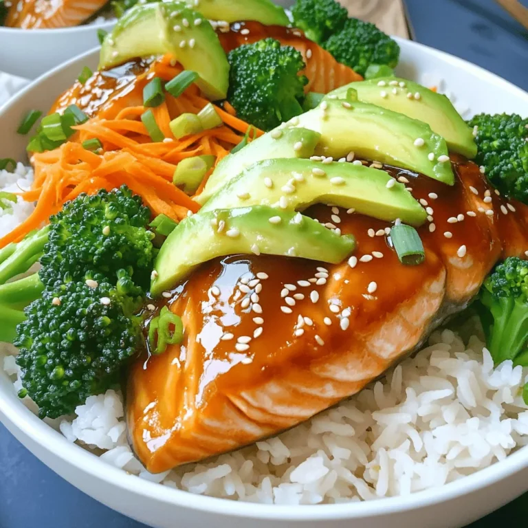 To make tasty teriyaki salmon bowls, gather these key ingredients: - 2 salmon fillets (approximately 6 ounces each) - 1/4 cup low-sodium soy sauce - 2 tablespoons honey or maple syrup - 1 tablespoon rice vinegar - 1 tablespoon sesame oil - 1 teaspoon fresh ginger, grated - 2 cloves garlic, minced - 2 cups cooked jasmine rice - 1 cup steamed broccoli florets - 1 cup shredded carrots - 1/2 ripe avocado, sliced - Sesame seeds for garnish - Fresh green onions, chopped for garnish You will need some basic kitchen tools to prepare this dish: - Non-stick skillet - Mixing bowl - Whisk or fork - Shallow dish or zip-top bag for marinating - Serving bowls or deep dish for assembly You can enhance your teriyaki salmon bowls with these fun add-ins: - Sliced radishes for crunch - Pickled ginger for a tangy bite - Edamame for extra protein - Seaweed salad for a unique touch - A sprinkle of chili flakes for some heat These options can make your meal even tastier and more exciting. Enjoy experimenting with flavors! For the full recipe, check out the details in the main article. To make the teriyaki sauce, mix a few simple ingredients. In a small bowl, combine: - 1/4 cup low-sodium soy sauce - 2 tablespoons honey or maple syrup - 1 tablespoon rice vinegar - 1 tablespoon sesame oil - 1 teaspoon fresh ginger, grated - 2 cloves garlic, minced Whisk these together until smooth. This sauce is sweet and savory, perfect for your salmon. Next, you need to marinate the salmon. Place your two salmon fillets in a shallow dish or a zip-top bag. Pour half of the teriyaki sauce over the fillets. Make sure they are well coated. Let the salmon sit for at least 15 minutes. This allows the flavors to soak in while you prepare the rest. Now it's time to cook the salmon. Heat a non-stick skillet over medium heat. Remove the fillets from the marinade, but keep the leftover sauce. Place the salmon skin-side down in the skillet. Cook for about 4 to 5 minutes. The skin will get crispy. Then, carefully flip the fillets over. Pour the reserved teriyaki sauce over the salmon. Cook for another 3 to 4 minutes. The salmon should be fully cooked and flake easily with a fork. Start assembling your bowls. In a serving bowl, scoop a generous portion of cooked jasmine rice. Layer the steamed broccoli florets next. After that, add the colorful shredded carrots. Finally, include sliced avocado for a creamy touch. To finish, place the cooked salmon fillets on top of the rice and veggies. Drizzle any remaining teriyaki sauce over the salmon. Then, sprinkle sesame seeds and chopped green onions on top. This adds a nice crunch and fresh flavor. Enjoy your tasty teriyaki salmon bowls! For the full recipe, check out the earlier section. To make perfect salmon, start with fresh fillets. Look for bright color and no strong smell. The skin should be shiny and intact. Use a non-stick skillet to cook the salmon. This helps prevent sticking. Always cook the salmon skin-side down first. This gives it a nice crispy texture. To keep your salmon moist, do not overcook it. Salmon cooks quickly, so watch it closely. Aim for an internal temperature of 145°F. Use a fork to test if it flakes easily. Marinating the salmon helps add moisture. Let it sit in the teriyaki sauce for at least 15 minutes. This adds flavor and keeps it juicy. You can boost your teriyaki sauce with simple tweaks. Add a splash of orange juice for a fruity twist. A dash of red pepper flakes gives it heat. For a richer taste, mix in some miso paste. If you like sweetness, try adding more honey or maple syrup. Experimenting with flavors makes your dish unique and fun. For the full recipe, check out the detailed instructions above. {{image_4}} If you want to change up your teriyaki salmon bowls, try using different proteins. Tofu is a great option for a plant-based meal. It soaks up the teriyaki sauce well and adds protein. Simply press the tofu to remove excess water, then cube it. Marinate the tofu just like the salmon and cook until golden. Another tasty alternative is chicken. Use boneless chicken thighs for juicy flavor. Marinate and cook them in the same way. You can even use shrimp! They cook quickly and take on the teriyaki glaze beautifully. For a healthier twist, swap jasmine rice with quinoa. Quinoa adds extra protein and fiber to your meal. It also has a nutty taste that pairs well with teriyaki sauce. Cauliflower rice is another smart option. It is low in carbs and can help you meet your veggie goals. Just pulse cauliflower florets in a food processor until rice-sized. Lightly sauté it with a splash of soy sauce for flavor. You can make your teriyaki bowls colorful by adding different vegetables. Bell peppers, snap peas, and zucchini are all excellent choices. Just slice them thinly and sauté them quickly. They add crunch and nutrition to your meal. Mushrooms bring an earthy flavor that complements the teriyaki sauce. You can also try adding edamame for a pop of color and protein. Get creative and mix your favorite veggies for a unique dish! For the full recipe, check out the [Full Recipe]. To keep your teriyaki salmon bowls fresh, place leftovers in an airtight container. Make sure the salmon, rice, and veggies are in separate layers. This helps keep everything from getting soggy. Store them in the fridge for up to three days. When you’re ready to eat, you can enjoy the flavors as they meld together. When reheating your salmon bowls, the microwave is quick and easy. Put your bowl in the microwave for about one to two minutes. If you want a crispier texture, use a skillet instead. Heat on medium-low for about three to four minutes. This helps the salmon stay juicy and the veggies stay crunchy. You can freeze your teriyaki salmon bowls for later meals. First, let the salmon cool completely. Then, place it in a freezer-safe container with rice and veggies. This will keep them fresh for up to three months. To enjoy later, thaw in the fridge overnight and reheat as mentioned above. This way, you can always have a tasty meal ready to go. For full details on making the dish, check out the Full Recipe. You can use coconut aminos as a soy sauce substitute. It's a bit sweeter and lower in sodium. If you want a similar flavor, try tamari. It’s also gluten-free. Yes! You can prep the salmon and sauce a day in advance. Just store them separately in the fridge. Cook the salmon fresh before serving for the best taste. Use gluten-free soy sauce or tamari. This keeps the flavor while ensuring the dish is safe for those with gluten allergies. Salmon is packed with omega-3 fatty acids. These healthy fats support heart health and may lower inflammation. Salmon also has protein, vitamins, and minerals like vitamin D and selenium. Many Asian restaurants serve teriyaki salmon bowls. Look for places that focus on sushi or Japanese cuisine. Asian fusion spots often have creative variations too. You’ve learned how to make teriyaki salmon bowls. We covered essential ingredients, needed equipment, and optional add-ins that boost flavor. Then, I shared step-by-step instructions for preparing, marinating, cooking the salmon, and assembling your bowls. I also included tips for perfecting your dish and variations for different proteins and veggies. Lastly, I provided storage info and answered common questions. Enjoy making this dish and feel free to explore variations that suit your taste!