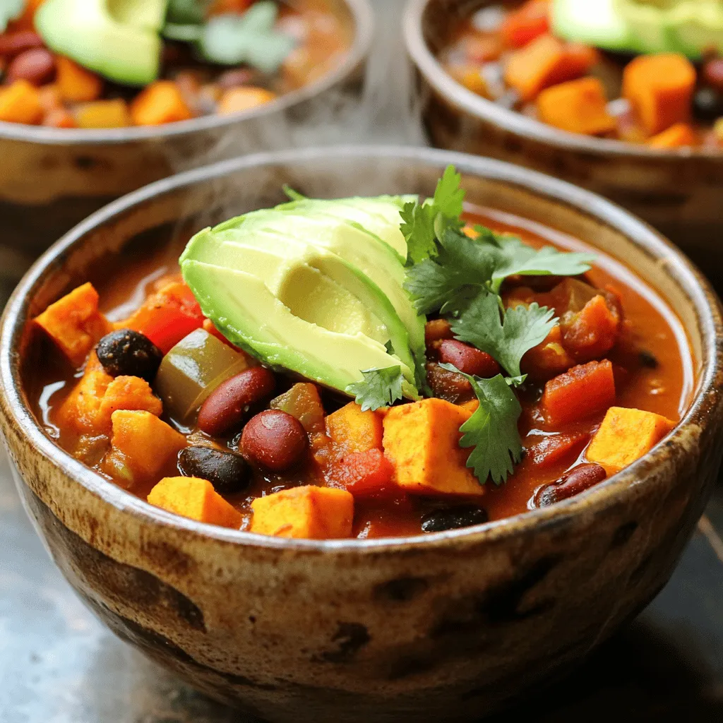To make a hearty Vegan Sweet Potato Chili, you'll need these fresh and vibrant ingredients: - 2 medium sweet potatoes, peeled and diced into 1-inch cubes - 1 can (15 oz) black beans, rinsed and drained - 1 can (15 oz) kidney beans, rinsed and drained - 1 can (14.5 oz) diced tomatoes, including juices - 1 medium red onion, finely chopped - 2 cloves garlic, minced - 1 red bell pepper, chopped into chunks - 1 yellow bell pepper, chopped into chunks - 2 cups vegetable broth - 1 tablespoon olive oil - 2 tablespoons chili powder - 1 teaspoon ground cumin - 1 teaspoon smoked paprika - Salt and freshly ground black pepper to taste - Fresh cilantro, chopped (for garnish) - Creamy avocado slices (for serving) These ingredients work together to create a warm, flavorful meal. The sweet potatoes add a natural sweetness and texture. The beans provide protein, making this dish filling. The spices bring a nice kick, while the veggies add color and nutrients. For the full recipe, check out the details above! To make this vegan sweet potato chili, you need a large pot. Start by warming olive oil over medium heat. Once the oil is hot, add the chopped red onion. Sauté for about 5 minutes until the onions become soft and clear. Next, add minced garlic and cook for another minute. This makes your kitchen smell amazing! After the garlic, add the diced sweet potatoes and bell peppers. Mix in chili powder, cumin, smoked paprika, salt, and pepper. Stir well and cook for 5 more minutes. This helps the veggies absorb all the spices. Pour in vegetable broth and canned tomatoes, including their juices. Stir everything together and bring it to a boil. Once it boils, lower the heat, cover the pot, and let it simmer for 25 to 30 minutes. This allows the sweet potatoes to soften and the flavors to blend. Finally, add the black beans and kidney beans. Heat for an additional 5 minutes. Taste the chili and adjust the seasoning as needed. This process is key to a flavorful dish. Sautéing onions and garlic is very important. It builds a strong base for your chili. The onions add sweetness, while the garlic brings depth. This combination makes your chili taste rich. When you add spices, do it while cooking the veggies. This allows the heat to release their oils and flavors. Make sure to mix well. The chili powder gives heat, the cumin adds earthiness, and smoked paprika offers a nice smoky taste. This layering of flavors is what makes your chili delicious. Simmering is the key to great chili. It allows all the ingredients to marry and develop deep flavors. Be patient during this step. Once the sweet potatoes are fork-tender, you are almost done! After simmering, taste the chili again. Adjust the salt and pepper if needed. This final seasoning is essential. It can make all the difference in taste. Let the chili rest for a few minutes before serving. This helps all the flavors to settle in. For full details, check the [Full Recipe]. To elevate the taste of your vegan sweet potato chili, start with good herbs and spices. I recommend using: - Cumin: It adds warmth and depth. - Chili powder: This brings a nice kick. - Smoked paprika: This gives a subtle smoky flavor. - Fresh cilantro: It brightens the dish. Best Practices for Seasoning: - Add spices early to let them bloom. - Taste as you go; adjust salt and spice levels. For this recipe, use a large pot. A heavy-bottomed pot helps heat evenly. A wooden spoon is great for stirring. If you like speed, a food processor can chop veggies quickly. An immersion blender also works if you want a smoother texture. When cooking sweet potato chili, watch out for overcooking the sweet potatoes. They should be fork-tender but not mushy. To improve texture, add beans at the end. Stir gently to keep them whole. Adjust liquid for a thick or thin chili based on your preference. {{image_4}} You can change the beans and veggies in this chili. Try using pinto or cannellini beans instead of black or kidney beans. You can also add corn, zucchini, or carrots for extra flavor and texture. If you want more protein, add some cooked quinoa or lentils. These swaps keep the dish exciting and tasty! Want your chili milder? Just cut back on the chili powder. You can also add a little sugar to balance the heat. If you like it spicy, add jalapeños or cayenne pepper. A little goes a long way, so start with a small amount. You can always add more if needed! To make this chili gluten-free, use gluten-free vegetable broth. Most canned beans and tomatoes are gluten-free, but check the labels. If you need it nut-free, this recipe already fits that need. Just keep an eye on the toppings. Make sure any garnishes, like sour cream, are also dairy-free. You can follow the Full Recipe for all the details! To store leftover vegan sweet potato chili, let it cool first. Use an airtight container for best results. This keeps the chili fresh and flavorful. In the fridge, it lasts about 4 to 5 days. When you're ready to eat, just reheat it on the stove or in a microwave. You can freeze vegan chili for later. Use freezer-safe containers or bags. Leave some space at the top for expansion. When you want to enjoy it again, thaw it overnight in the fridge. For reheating, warm it on the stove over low heat. Stir often for even heating. You can also microwave it in short bursts, stirring in between. To make quick meals, prep a big batch of chili. Store it in single servings. This way, you can grab a portion when you need it. You can also use it in various meals. Try it over rice, in tacos, or as a soup base. The possibilities are endless! For more ideas, check the Full Recipe. Vegan sweet potato chili can last in the fridge for about 4 to 5 days. Store it in an airtight container. For longer storage, freeze it. It can stay fresh in the freezer for up to 3 months. Just thaw it overnight in the fridge before reheating. Yes, you can use fresh tomatoes! If you use fresh tomatoes, chop about 4 medium-sized ones. Make sure to remove the seeds and excess liquid for a thicker chili. Add them with the broth and beans. This will bring a fresh taste to your chili. You can serve your chili with rice or quinoa for a hearty meal. Cornbread or tortilla chips make great sides too. Top your chili with fresh cilantro, avocado, or vegan sour cream. These toppings add flavor and texture to every bite. If your chili is too thin, there are easy ways to thicken it. You can mash some of the sweet potatoes with a fork. This will give your chili a creamier texture. Another option is to let it simmer longer without the lid. This will reduce the liquid and make it thicker. You can create a delicious vegan sweet potato chili using simple and fresh ingredients. We explored step-by-step instructions, tips to enhance flavor, and common mistakes to avoid. By trying variations and following storage tips, you can enjoy this dish multiple times. Remember, small tweaks can lead to big flavor changes. Enjoy your cooking journey and share this tasty chili with friends and family! Their smiles will show how great it is.