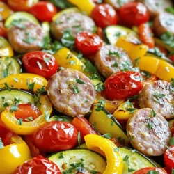 For this tasty dish, you need simple and fresh ingredients. Here’s what you will use: - 1 lb chicken or turkey sausage, sliced into rounds - 1 bell pepper (choose red, yellow, or orange), sliced into strips - 1 medium zucchini, sliced into half-moons - 1 cup cherry tomatoes, halved - 1 red onion, cut into wedges - 3 cloves garlic, minced These main ingredients bring great flavor and color to your meal. The sausage adds a savory taste, while the veggies provide crunch and freshness. Seasonings and oils make this dish shine. Here’s what you will add: - 1 tablespoon olive oil - 1 teaspoon smoked paprika - 1 teaspoon dried oregano - Salt and freshly ground black pepper, to taste Olive oil helps the ingredients roast well. Smoked paprika adds a warm, rich flavor. Dried oregano gives an herby touch. Salt and pepper enhance all the flavors. Garnishes are a great way to finish your dish. You can use: - Fresh parsley or basil, chopped Chopped herbs add a fresh taste and bright color. They make your meal look fancy and inviting. You can find the full recipe in the provided link. Enjoy your cooking! Start by washing all your veggies. I like to use a mix of colors for fun. Slice the chicken or turkey sausage into rounds. You can use any sausage you prefer. Next, take one bell pepper and slice it into strips. Any color works well. Then, slice one medium zucchini into half-moons. Halve one cup of cherry tomatoes and cut a red onion into wedges. Finally, mince three cloves of garlic. This will add a great flavor. In a large mixing bowl, combine all the sliced sausage and veggies. This is where the magic happens! Preheat your oven to 425°F (220°C). Line a big baking sheet with parchment paper. This helps with easy cleanup. Once your oven is ready, drizzle one tablespoon of olive oil over the mixture. Sprinkle one teaspoon of smoked paprika and one teaspoon of dried oregano. Add a pinch of salt and freshly ground black pepper to taste. Toss everything together until coated. Spread the mixture evenly on the baking sheet. Make sure not to crowd the pieces. They need space to roast well. Roast for about 25 to 30 minutes. Stir the mixture halfway through to help it brown evenly. You'll know it’s done when the sausage is cooked and the veggies are tender. After roasting, let the pan cool for a few minutes. Then, transfer the mixture to a serving dish. For a nice touch, garnish with chopped parsley or basil. This adds color and fresh flavor. You can serve this dish alone or with crusty bread. It makes a hearty meal that everyone will love. Enjoy your colorful creation! To get great results, cut the vegetables and sausage into similar sizes. This step helps them cook at the same rate. Spread everything out on the pan. Avoid crowding. If the pan is too full, some pieces won’t roast well. Stir the mixture halfway through cooking. This helps everything brown evenly and adds flavor. Using fresh herbs can boost the taste. Try adding thyme or rosemary for a fresh kick. You can also switch up the spices. For heat, add crushed red pepper flakes. A splash of balsamic vinegar before serving adds a nice tang. Don't forget to season well with salt and pepper. These simple changes make your dish pop! For a stunning look, serve the dish in a colorful bowl. A wooden platter can also work well. Garnish with fresh herbs like parsley or basil. Their bright green color adds a nice touch. You can even sprinkle some lemon zest on top for a bright finish. Remember, we eat with our eyes first! {{image_4}} You can use many types of sausage in this dish. Chicken or turkey sausage is great for a lean option. Pork sausage adds a richer flavor. If you like spice, try Italian sausage. For a unique touch, use smoked sausage for a deeper taste. Each option brings its own flavor and character to the meal. The beauty of this recipe is its flexibility with veggies. You can add carrots, broccoli, or asparagus for more color and taste. Sweet potatoes or butternut squash work well, too. They add a sweet note that pairs nicely with the sausage. Don't be afraid to mix and match your favorite vegetables to make it your own. If you enjoy heat, this dish can easily turn spicy. Add sliced jalapeños or red pepper flakes to bring the heat. You can also use spicy sausage as your base. For a smoky flavor, consider adding chipotle peppers in adobo sauce. These small changes can take your meal to a whole new level of flavor. For the full recipe, check out the main article. After enjoying your meal, store any leftovers in an airtight container. This keeps the sausage and veggies fresh for a few days. I recommend refrigerating them within two hours of cooking. You can safely keep the dish for up to three days. When you're ready to eat, just take it out and enjoy! If you want to save some for later, freezing is a great option. Let the dish cool completely before placing it in a freezer-safe container. Use a layer of plastic wrap followed by a lid to prevent freezer burn. It can last in the freezer for about three months. When you're ready to eat, thaw it in the fridge overnight before reheating. When reheating, you can use the oven or microwave. If using the oven, preheat it to 350°F (175°C). Place the leftovers in an oven-safe dish and cover it with foil. This keeps the moisture in. Heat for about 15-20 minutes. If you are using a microwave, use a microwave-safe bowl. Heat in short bursts, stirring in between, until hot. Enjoy your meal just like the first time! For the full recipe, check the earlier section. Cook your sausage and veggies for about 25 to 30 minutes. Start by preheating your oven to 425°F (220°C). Spread the mixture evenly on your baking sheet and roast. Halfway through, stir the mix to ensure even cooking. Check if the sausage is cooked through and the veggies are tender and slightly caramelized. Yes, you can use frozen vegetables! They are a great time-saver. Just keep in mind that frozen veggies may release more water while cooking. This can make the dish a bit soggy. To prevent this, roast them longer or increase the oven temperature by 25°F. This dish pairs well with many sides. Consider serving it with: - Warm crusty bread - A fresh green salad - Quinoa or rice for a hearty meal - Mashed potatoes for comfort food You can also enjoy it as a filling in wraps or sandwiches. For the full recipe, check out the detailed instructions above. Sheet pan sausage and veggies is simple and fun to make. We’ve covered the key ingredients, cooking steps, and helpful tips. Remember, you can switch up sausages and veggies for variety. Store leftovers for easy meals later. Enjoy this dish with family or friends and impress them with your cooking skills. You’ll find that this recipe is not just a meal, but a delightful way to share. Happy cooking!
