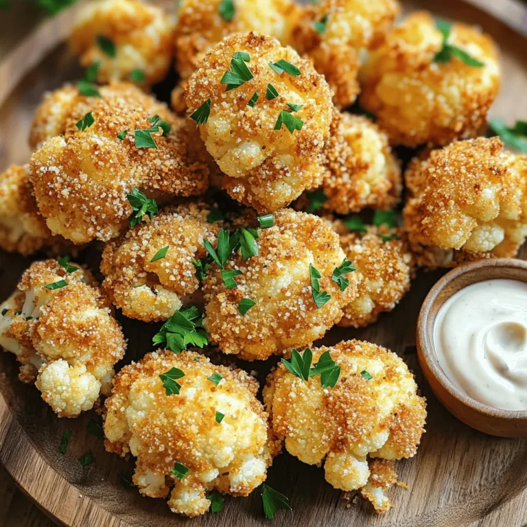 To make Crispy Air Fryer Cauliflower, gather these simple ingredients: - 1 medium head of cauliflower, cut into bite-sized florets - 1 cup all-purpose flour (gluten-free option available) - 1 teaspoon garlic powder - 1 teaspoon onion powder - 1 teaspoon smoked paprika - 1/2 teaspoon cayenne pepper (adjust for spice level) - 1 teaspoon salt - 1/2 teaspoon freshly ground black pepper - 1 cup buttermilk (or substitute with plant-based milk — add 1 tablespoon of vinegar) - 1 cup breadcrumbs (use panko for extra crunch) - 2 tablespoons olive oil These ingredients work together to create a tasty, crunchy treat. The cauliflower florets hold all the flavor from the spices, while the breadcrumbs add a satisfying crunch. This mix makes your dish both fun and delicious. You can play around with the spices to find your perfect blend. For instance, if you want more heat, add more cayenne. If you like a cheesy flavor, sprinkle in some grated cheese. Each time you make it, you can create your own twist. Gather everything before you start cooking. It makes the process easy and fun. For the full recipe, check the section on step-by-step instructions. - Preheat air fryer to 400°F (200°C). - Combine dry ingredients in a mixing bowl: flour, garlic powder, onion powder, smoked paprika, cayenne, salt, and black pepper. - Prepare buttermilk mixture for dipping. If using plant-based milk, add vinegar to mimic buttermilk. - Dip each floret in the buttermilk. Let the excess drip back into the bowl. - Roll the floret in the seasoned flour mixture, ensuring it’s fully coated. Shake off any excess flour. - Dip the floret again in the buttermilk, then coat it with breadcrumbs for a crunchy texture. - Arrange the coated cauliflower in the air fryer basket. Make sure to leave space between each piece. - Drizzle olive oil over the cauliflower to help with crispiness. - Cook for 15 to 18 minutes, shaking the basket halfway through for even cooking. For the Full Recipe, check the detailed instructions above. Enjoy making this crispy delight! To make your cauliflower super crunchy, use panko breading. Panko adds a light, airy crunch that regular breadcrumbs can't match. Preheat your air fryer to 400°F (200°C) for about 5 minutes. This step ensures even cooking. When placing the florets in the fryer, leave space between each piece. This allows hot air to circulate, giving you that perfect crunch. Feel free to get creative with seasonings. Try adding Parmesan cheese or nutritional yeast for a savory twist. You can also experiment with different dipping sauces. Serve your crispy cauliflower with tahini or ranch dressing to elevate the flavors. The cook time can change based on how crispy you want your cauliflower. Start with 15 minutes and check for doneness. If you like it crunchier, add a few more minutes. Always check towards the end of the cooking time to avoid overcooking. For the full recipe, check out the Crispy Air Fryer Cauliflower Delight. {{image_4}} You can change the coating for your crispy cauliflower. Use gluten-free flour to meet dietary needs. This keeps the dish tasty for everyone. You can also make it vegan. Use plant-based milk instead of buttermilk. Just stir in a tablespoon of vinegar for that tangy flavor. This way, all can enjoy this crunchy treat. If you want to switch things up, try other veggies. Broccoli or Brussels sprouts work well as substitutes. They cook nicely and bring new flavors. You can even mix in other vegetables. Carrots or bell peppers add color and taste. This keeps your meals exciting and diverse. You can customize the spice level to suit your taste. If you like it hotter, add more cayenne pepper. This gives it a nice kick. You can also try different spices. Cumin or curry powder adds bold flavors. Feel free to experiment! Your palate will thank you for it. For the full recipe, check out the Crispy Air Fryer Cauliflower Delight section. To keep your crispy air fryer cauliflower fresh, refrigerate leftovers in an airtight container. This helps maintain its crunch. It is best to store the cauliflower without any dipping sauce. This way, it stays crisp and does not get soggy. When it comes to reheating, I recommend using the air fryer again. This method keeps the cauliflower crispy and delicious. Avoid microwaving it, as this can make the cauliflower soft and less tasty. You should enjoy your leftovers within 3-4 days. This timeframe ensures the best flavor and texture. If you wait too long, the cauliflower may lose its delightful crunch. Yes, but best served fresh for optimal crispiness. If you make it early, store it in an airtight container. Reheat in the air fryer to regain that crunch. Pair with dipping sauces like tahini or ranch dressing. You can also enjoy it with a spicy sriracha mayo. These dips enhance the flavor and make it even more fun to eat. Yes, store and reheat for easy weeknight meals. You can cook a batch on Sunday. Pack it in containers to grab during the week. It’s a quick and tasty option for lunch or dinner. Yes, but increase cooking time and ensure not to overcrowd the basket. Frozen florets need a bit longer to cook through. Just shake the basket halfway to make sure they crisp evenly. This recipe shows how to make crispy air fryer cauliflower. You learned the right ingredients, step-by-step instructions, tips for crispiness, and variations to try. You can even store leftovers and reheat them well. This dish is easy to customize for your taste or diet. Enjoy your cooking, and share your delicious results!