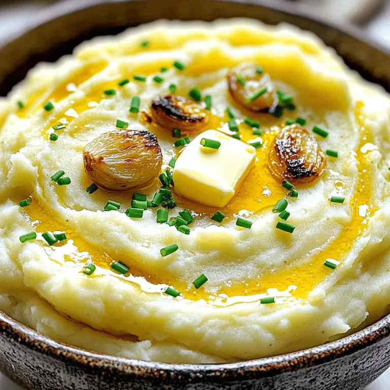 - 2 lbs Yukon Gold potatoes, peeled and quartered - 1 whole head of garlic - 4 tablespoons unsalted butter, at room temperature - ½ cup heavy cream (or substitute with milk) - Salt and freshly ground black pepper, to taste - 2 tablespoons fresh chives, finely chopped (for garnish) - 1 teaspoon olive oil - Baking sheet - Aluminum foil - Large pot - Potato masher - Electric mixer (optional) When you gather these ingredients, you set the stage for a flavorful dish. Yukon Gold potatoes give a rich, buttery taste. The whole head of garlic transforms into a sweet, caramel flavor when roasted. Butter and cream add a silky smoothness, making every bite melt in your mouth. Fresh chives not only brighten the dish visually but also add a fresh touch to the flavor. Using the right tools makes cooking easier. A large pot helps boil the potatoes quickly. A potato masher is perfect for achieving that creamy texture. If you prefer extra fluffiness, an electric mixer can be your best friend. With these simple tools and ingredients, you can create delicious roasted garlic mashed potatoes that will impress anyone at your table. For the full recipe, check out the detailed instructions above. - Preheat oven to 400°F (200°C). - Slice the top of the entire head of garlic. - Drizzle with olive oil and wrap in foil. Roasting garlic brings out its sweet, rich flavor. The heat softens the cloves and gives them a nice, mellow taste. Wrapping the garlic in foil helps it roast evenly. You will know it's done when the cloves feel soft and smell amazing. - Place quartered potatoes in a pot and cover with cold water. - Add salt and bring to a boil. - Cook for 15-20 minutes until fork-tender. Use Yukon Gold potatoes for the best flavor. They have a creamy texture that works well when mashed. Cooking them in cold water ensures even cooking. You want them soft enough to mash easily, so test with a fork. - Squeeze roasted garlic into the pot with potatoes. - Add unsalted butter and mash until smooth. - Gradually pour in heavy cream and mix to desired creaminess. Mashing the garlic with the potatoes creates a wonderful blend of flavors. The butter adds richness, while the cream makes it velvety. Adjust the cream to get the texture you love. For a special touch, sprinkle fresh chives on top before serving. For the full recipe, check out the details above. - Season with salt and fresh black pepper to taste. - Consider adding additional herbs like rosemary or thyme. Adding herbs can change the whole dish. Rosemary gives a pine-like taste, while thyme adds warmth. Start with a little, then taste and adjust. - Use an electric mixer for a fluffier texture. - Adjust cream quantity based on preferred creaminess. If you want light and airy mashed potatoes, the mixer is your best friend. For creaminess, add more cream slowly. This way, you can stop when it feels just right. The perfect roasted garlic mashed potatoes are all about personal taste. For more ideas, check the Full Recipe. {{image_4}} - Substitute Yukon Gold with Russet or red potatoes. Each type brings a unique taste. - Use Greek yogurt instead of heavy cream for a tangy twist. This option cuts calories and adds creaminess. - Add roasted garlic along with garlic powder for a bold flavor boost. The roasted garlic gives a sweet, rich taste. - Incorporate shredded cheese for a cheesy effect. Try sharp cheddar or creamy mozzarella to elevate your dish. These variations make your Roasted Garlic Mashed Potatoes unique and fun. Don't hesitate to mix and match! You can store roasted garlic mashed potatoes in an airtight container. They will stay fresh in the fridge for up to 3 days. Make sure to let them cool completely before sealing. This keeps them from becoming too moist. If you want to keep them longer, freezing is a good option. Use a freezer-safe container to store the mashed potatoes. They can last for up to 2 months in the freezer. When you are ready to eat them, reheat gently. You can use the stovetop or microwave for this. Just add a splash of milk or cream to keep them creamy. Yes, you can prepare and refrigerate them a day in advance. This makes meal prep easy. When you are ready to serve, just reheat them. Try using milk or a mixture of yogurt and broth for a lighter version. This keeps the flavor rich without the extra fat. They pair well with roasted meats, grilled vegetables, and hearty stews. Think roasted chicken or beef. The garlic flavor enhances many main dishes. Add a splash of milk or cream and reheat over low heat while stirring. This keeps them nice and creamy. If they seem dry, add more liquid as needed. For the full recipe, check out the details above. Enjoy your cooking! In this post, we explored how to make roasted garlic mashed potatoes. We covered ingredients, tools, and easy steps to achieve the perfect texture. You learned tips for flavor and texture enhancement, alternative ingredients, and storage methods. These mashed potatoes can elevate any meal. They are versatile and forgiving. Whether you make them creamy or cheesy, they will impress. Enjoy trying your new skills and savor your delicious creation!