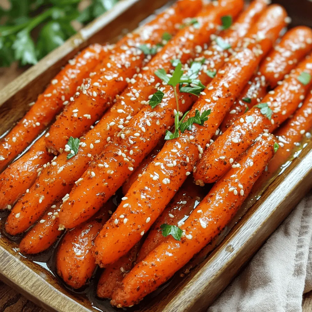 - 1 lb baby carrots (or regular carrots, sliced) - 2 tablespoons extra virgin olive oil - 1 tablespoon honey - 1 teaspoon smoked paprika - 1 teaspoon ground cumin - 1/2 teaspoon cayenne pepper - Salt and pepper to taste - Fresh parsley for garnish - 1 tablespoon sesame seeds (for nutty finish) - Mixing bowl - Baking sheet - Parchment paper - Whisk When I make oven-roasted carrots, I gather my main ingredients first. I love using baby carrots for their sweetness and tenderness. If I can’t find them, I slice regular carrots into sticks. They still taste great! I then grab my extra virgin olive oil. This oil adds richness and helps the carrots roast well. A touch of honey gives them a lovely sweetness. I always use smoked paprika for a warm, smoky flavor. Ground cumin adds depth, while cayenne pepper gives a little kick. I finish with salt and pepper to enhance the flavors. Optional ingredients like fresh parsley brighten the dish. Sesame seeds add a nice crunch, making the dish extra special. For equipment, I use a mixing bowl to combine my ingredients. A baking sheet lined with parchment paper helps with easy cleanup. A whisk is perfect for mixing the marinade. This simple setup makes it easy to bring out the flavors in my carrots. For the full recipe, follow along as we roast these delightful veggies! - Preheat your oven to 425°F (220°C). This will help the carrots roast nicely. - In a large mixing bowl, whisk together the marinade ingredients. This includes olive oil, honey, smoked paprika, cumin, cayenne pepper, and a good pinch of salt and pepper. Mixing well is key to a great flavor. - Add the baby carrots to your bowl. Toss them well in the marinade until every carrot gets coated. This step adds lots of flavor and helps them roast beautifully. - Line a baking sheet with parchment paper. This makes cleanup easy. Arrange the marinated carrots on the sheet in a single layer. Make sure they have space between them to roast evenly. - Roast the carrots in your preheated oven for 25-30 minutes. Stir them halfway through to ensure they cook evenly. You want them to be tender with a slight caramelization for the best taste. Enjoy your delicious oven-roasted carrots! For the full recipe and more details, check the [Full Recipe]. To get the best oven-roasted carrots, pay attention to size. If your carrots are large, cut them into smaller pieces. This helps them cook evenly. For baby carrots, the cooking time stays around 25-30 minutes. Space is key on the baking sheet. Make sure the carrots are in a single layer. If they overlap, they will steam instead of roast. Good spacing allows them to brown nicely. You can change the flavor of your roasted carrots by adjusting the marinade. If you like sweetness, add more honey. It balances the spices and adds a nice glaze. Feel free to experiment with spices. Try thyme or rosemary for a fresh taste. If you love heat, add more cayenne. Mixing in garlic powder gives a savory kick. Roasted carrots pair well with many dishes. They go great with grilled chicken or fish. You can also serve them alongside rice or quinoa for a wholesome meal. For a beautiful dish, serve the carrots in a shallow bowl. Let their vibrant colors stand out. Add a sprig of parsley on top for a pop of green. This makes your dish look even more inviting. For the full recipe, check out the [Full Recipe]. {{image_4}} You can cook carrots in a foil pack. This method makes cleanup much easier. Start by cutting a large piece of aluminum foil. Add the marinated carrots to the center. Fold the edges to make a sealed packet. Place the packet on a baking sheet and roast in the oven. This keeps the carrots tender and juicy. Plus, you do not need to worry about a messy pan. To make a vegetable medley, add other veggies. Bell peppers, zucchini, or onions work well. Cut them into similar sizes as the carrots. Toss them with the same marinade. This adds color and flavor to your dish. You can mix and match your favorite vegetables for a fun twist. Experimenting with herbs and spices can elevate your carrots. Try adding fresh thyme or rosemary for a fragrant touch. If you like a tangy flavor, a splash of balsamic vinegar is great. For a sweeter flavor, use cinnamon or nutmeg. You can customize the taste based on your mood or meal. Each choice brings out new flavors in the carrots. After enjoying your oven-roasted carrots, store them in an airtight container. This helps keep them fresh and tasty. Make sure the container is clean and dry before adding the carrots. Place the carrots in the fridge as soon as they cool down. They will last for about 3 to 5 days. To enjoy your roasted carrots again, reheat them in the oven or on the stove. For the oven, set it to 350°F (175°C). Place the carrots on a baking sheet and heat for about 10 to 15 minutes. This will help them regain their crispness. If you prefer the stove, heat a pan over medium heat. Add a splash of olive oil and toss the carrots until warmed through. If you want to save some for later, freezing is a great option. First, let the carrots cool completely. Then, spread them in a single layer on a baking sheet. Freeze them for about an hour. Once frozen, transfer the carrots to a freezer-safe bag. Remove as much air as possible before sealing. For best quality, use them within 3 months. When ready to eat, thaw in the fridge overnight before reheating. This method keeps the flavor intact and makes for a quick side dish later. For more tips and tricks, check out the Full Recipe! To make your oven-roasted carrots crispy, follow these tips: - Cut Uniformly: Slice your carrots into similar sizes. This helps them cook evenly. - Use High Heat: Roast at 425°F (220°C). This temperature promotes caramelization. - Don’t Overcrowd: Space the carrots out on the baking sheet. This allows hot air to circulate. - Toss Halfway: Stir the carrots halfway through cooking. This helps them brown evenly. By using these techniques, you'll achieve a delightful crunch that complements the sweet flavor. You can use frozen carrots, but they may not roast as well. Frozen carrots contain more water. This extra moisture can lead to steaming instead of roasting. For best results, use fresh carrots. They caramelize nicely and provide a better texture. If you must use frozen carrots, try these steps: - Thaw First: Let them thaw and drain excess water. - Increase Cooking Time: You may need to cook them longer to achieve the right texture. Fresh carrots will always give you that perfect roast. If you want to switch up the flavors, try these healthy seasonings for your carrots: - Garlic Powder: Adds a rich, savory taste. - Thyme: Brings a fresh, herbal note. - Lemon Zest: Offers a bright, citrus flavor. - Cumin: Adds warmth and earthiness. Feel free to mix and match these seasonings. Experiment and find your favorite flavor combination! Oven-roasted carrots are simple yet delicious. You learned the key ingredients, preparation steps, and tips for perfect results. Don't forget the optional ingredients to enhance flavor. Take advantage of variations to keep things fresh. Proper storage extends their life, making them convenient for meals later. With these steps and ideas, you can enjoy tasty, healthy carrots. Happy cooking!