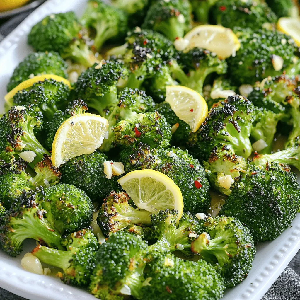 - Broccoli: Choose a large head of broccoli. Look for tight florets that are bright green. Avoid yellow or wilted ones. Fresh broccoli gives the best taste and texture. - Garlic: I prefer fresh garlic. It has a stronger flavor than pre-minced options. If you use pre-minced, be aware it may taste milder. - Olive Oil: Use high-quality extra virgin olive oil. It adds richness and depth to the dish. Cheap oils can dull the flavor. - Seasonings: Red pepper flakes add a nice kick. Adjust the amount based on your spice level. Salt and pepper bring out the flavors, so don’t skip these. - Optional Topping: Grated Parmesan cheese is a great choice for added flavor. It melts beautifully over the hot broccoli and adds a savory note. For the Full Recipe, check the section above. Preheat the Oven: Start by preheating your oven to 425°F (220°C). This temperature helps the broccoli roast evenly. A hot oven caramelizes the edges, making them crispy and full of flavor. Mixing Ingredients: In a large mixing bowl, combine the broccoli florets and minced garlic. Make sure to mix them well. This step is key to ensure that each piece gets the tasty garlic flavor. Coating the Broccoli: Drizzle the olive oil over the broccoli and garlic. Stir gently to coat everything evenly. Next, add lemon zest, lemon juice, red pepper flakes, salt, and black pepper. Mix again until all ingredients are well blended. This thorough mixing makes sure each floret is full of flavor. Baking Sheet Setup: To ensure even roasting, spread the broccoli mixture in a single layer on a baking sheet. Use parchment paper for easy cleanup. Avoid overcrowding the pan. This way, each piece can roast properly. Cooking Time: Roast your broccoli in the preheated oven for about 20-25 minutes. This time gives it a tender texture while keeping it slightly crunchy. Watch for golden edges, which show it's ready. Stirring: About halfway through roasting, gently stir the broccoli. This helps all sides cook evenly. You want every floret to get that lovely golden color. For the full recipe, check out the details provided above. Enjoy your delicious Lemon Garlic Roasted Broccoli! - Adding Herbs: Fresh herbs make a big difference. Try adding parsley, basil, or thyme. Chop them finely and mix them in before roasting. This will give your broccoli a bright taste. - Spice Adjustments: If you like heat, add more red pepper flakes. For a milder flavor, reduce the amount. You can also try paprika or cayenne for different heat levels. - Roasting Alternatives: You can air fry the broccoli if you want a faster option. Set your air fryer to 380°F (193°C). Cook for about 12-15 minutes for a crispy texture. - Blanching First: Blanching broccoli in boiling water for 2-3 minutes makes it tender before roasting. This step helps keep the bright green color and adds to the crispiness when roasted. These tips help make your Lemon Garlic Roasted Broccoli even more delicious. Use them to adjust the flavors and cooking to your liking! For the full recipe, check the above section. {{image_4}} Vegan Option: If you want a vegan dish, skip the Parmesan cheese. You can use nutritional yeast instead. It adds a cheesy flavor without the dairy. This keeps the dish light and delicious. Gluten-Free Considerations: This recipe is naturally gluten-free. Just make sure your olive oil and seasonings are free of gluten. Fresh ingredients keep your meal healthy and safe for everyone. Citrus Add-ins: Want to change things up? Try adding lime or orange zest. Both give a bright twist to the broccoli. Just use the same amount as the lemon zest. You’ll enjoy the extra flavor. Nutty Profile: Want more crunch? Throw in some chopped nuts. Almonds or walnuts work great. Toss them in during the last few minutes of roasting. They add texture and flavor to your dish. For storing your Lemon Garlic Roasted Broccoli, use an airtight container. This keeps out moisture and air. If you don’t have one, a non-airtight option works too. Just cover it tightly with plastic wrap. Your broccoli stays fresh in the fridge for about 3 to 4 days. After that, it may lose its crispness and flavor. When it’s time to enjoy leftovers, the oven is best. Heat it at 350°F (175°C) for about 10 minutes. This helps keep the broccoli crispy. If you use the microwave, it may get soggy. You can also transform leftovers into a new meal. Dice the broccoli and mix it into an omelet or pasta. You can even toss it in a salad for extra flavor and nutrition. For the full recipe, check out [Full Recipe]. Can I use frozen broccoli for this recipe? Yes, you can use frozen broccoli. Just thaw it first and pat it dry. This helps remove excess moisture. It may not get as crispy but will still taste great. What can I serve with Lemon Garlic Roasted Broccoli? This dish pairs well with grilled chicken, fish, or tofu. You can also serve it with quinoa or rice for a complete meal. The bright flavors of the broccoli enhance any main dish. How do I know when the broccoli is fully roasted? Look for tender florets with crispy edges. You should see a nice golden color. If it’s still bright green and soft, it needs more time in the oven. Can I add more garlic or spices? Absolutely! If you love garlic, add an extra clove or two. You can also try adding spices like cumin or paprika for a different kick. Adjust the red pepper flakes based on your heat preference. How to make Lemon Garlic Roasted Broccoli ahead of time? You can prep the broccoli and marinade up to a day ahead. Store it in the fridge in an airtight container. When you're ready, roast it in the oven. It will taste just as fresh and zesty! For the full recipe, check out the earlier section. This blog post covered essential ingredients and steps for making Lemon Garlic Roasted Broccoli. We discussed choosing quality broccoli and garlic, the importance of olive oil, and tips for roasting. You learned flavor enhancements, cooking methods, and storage tips. Lastly, we explored variations for different diets and tastes. Incorporating these ideas can make a simple dish shine. Enjoy experimenting with these tips to create your perfect roasted broccoli!