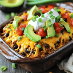 - 1 pound ground turkey or ground beef - 1 can (15 ounces) black beans, thoroughly rinsed and drained - 1 can (10 ounces) diced tomatoes with green chilies - 1 packet of your favorite taco seasoning - 1 cup frozen sweet corn In this dish, the choice of meat is key. I often use ground turkey for a leaner option. Ground beef adds richness, making the casserole hearty. The black beans not only boost protein but also add a nice texture. Diced tomatoes with green chilies bring zest and moisture. Taco seasoning ties all these flavors together for that signature taste. The frozen corn adds sweetness and a pop of color. - 2 cups tortilla chips, lightly crushed - 2 cups shredded cheddar cheese - 1 cup sour cream, for serving - ½ cup green onions, thinly sliced - Fresh cilantro, for garnish (optional) - Sliced avocados, for topping (optional) Tortilla chips create a crunchy layer at the bottom. They soak up flavors without getting too soggy. Shredded cheddar cheese melts beautifully, forming a golden crust. Sour cream adds creaminess and balances the spice. Green onions and cilantro give a fresh touch. If you want to elevate the dish, add sliced avocados for extra richness. This combination of toppings makes each bite exciting. For the full recipe, check out the Delicious Taco Casserole Delight. 1. Preheat oven and prepare the casserole dish: Start by preheating your oven to 350°F (175°C). While it heats, take a 9x13 inch casserole dish and lightly grease it. This helps the casserole not stick. 2. Brown the meat in a skillet: In a large skillet, set over medium heat, add 1 pound of ground turkey or ground beef. Cook the meat until it is brown. Make sure it is cooked all the way through. If there is extra fat, drain it out. 1. Combine ingredients in the skillet: After browning the meat, add the following to the skillet: - 1 can (15 ounces) black beans, rinsed and drained - 1 can (10 ounces) diced tomatoes with green chilies - 1 packet of taco seasoning - 1 cup frozen sweet corn Stir the mix well and cook for about 5 minutes. This heats everything through and blends the flavors. 2. Layering process for the casserole dish: To build your casserole, start with half of the crushed tortilla chips. Place them in an even layer at the bottom of the dish. Next, add half of the meat mixture over the chips. Then, sprinkle 1 cup of shredded cheddar cheese on top. Repeat this with the rest of the tortilla chips, meat mixture, and finish with another cup of cheese. 1. Covering and baking the casserole: Cover the casserole dish with aluminum foil. Place the dish in the preheated oven and bake for 20 minutes. This helps cook everything evenly. 2. Final steps for a golden finish: After 20 minutes, take off the foil. Bake for another 10 minutes. This step makes the cheese melt nicely and turn bubbly golden brown. When done, carefully remove the casserole from the oven. Let it cool for a few minutes before serving. Serve the casserole warm. Don’t forget to add toppings like sour cream, green onions, and fresh cilantro. You can also add sliced avocados for extra creaminess. For the full recipe, check out the details above. Enjoy your meal! When choosing ground meat, look for lean options. Ground turkey or beef both work well. Lean meat keeps your dish healthy and tasty. Check for fresh color and a pleasant smell. After cooking your meat, drain the excess fat. Use a colander or tilt the skillet. This step prevents a greasy casserole. You want your flavors to shine, not drown. Spice adjustments can make your taco casserole pop. If you like heat, add more taco seasoning. You can also mix in chili powder or cumin for depth. Taste as you go to find your perfect balance. Layering is key to a flavorful dish. Start with tortilla chips for crunch. Then add meat, beans, and cheese. Repeat the layers for a hearty meal. Each bite should have a mix of textures and flavors. For presentation, serve the casserole directly from the dish. It gives a cozy, homey feel. Top with fresh garnishes like cilantro and green onions. A dollop of sour cream adds creaminess and contrast. Ideal sides include fresh salsa and guacamole. Extra tortilla chips give a satisfying crunch. These bright sides will enhance your meal and make it more fun. Enjoy the vibrant colors and flavors together! {{image_4}} You can make this easy taco casserole your own. Try using different beans. Pinto beans or kidney beans work great. You can also add more veggies. Chopped bell peppers or zucchini can bring extra flavor. For cheese, feel free to swap cheddar for Monterey Jack or pepper jack. Each choice gives a unique taste to your casserole. Want to make it gluten-free? Use gluten-free tortilla chips and check your taco seasoning for gluten. For a vegetarian option, replace meat with lentils or mushrooms. You can also use plant-based cheese for a vegan version. This way, everyone can enjoy the meal. If you like heat, add jalapeños or a splash of hot sauce. They can spice up your dish in a fun way. Think about your seasoning, too. You can use cumin, smoked paprika, or even taco seasoning blends. Each choice can create a new flavor profile. You’ll always have a new favorite to enjoy! For more details, check the Full Recipe. To store your taco casserole, let it cool first. Then, cover it tightly with plastic wrap or aluminum foil. Place it in the refrigerator. It keeps well for up to three days. If you have more leftovers, you can freeze it. Cut the casserole into portions for easy thawing. Wrap each portion in plastic wrap, then place them in a freezer bag. Taco casserole can stay in the freezer for about three months. When you're ready to eat, thaw it in the fridge overnight. You can reheat it in the oven or microwave. For the oven, preheat to 350°F (175°C). Place the casserole in a baking dish and cover it with foil. Heat for about 20 minutes. If using a microwave, heat it on medium power for five to seven minutes, checking often. To keep your casserole fresh, make sure it’s sealed well. Avoid letting it sit out too long at room temperature. Store any toppings, like sour cream or avocado, separately. This keeps them fresh when you reheat. In the fridge, taco casserole lasts for about three days. In the freezer, it can last up to three months. Always check for any signs of spoilage, like off smells or discoloration. Following these tips will help you enjoy your delicious taco casserole later! Can I make this taco casserole ahead of time? Yes, you can. Prepare the casserole in advance and store it in the fridge. Just cover it well with foil. Bake it when you are ready to serve. This saves time on busy nights. What can I substitute for ground meat? You can use beans or lentils for a meatless version. Crumbled tofu is also a great option. These swaps keep the dish filling and tasty. How should I serve the casserole? Serve it straight from the dish for a homey feel. Scoop out portions with a large spoon. Add toppings like sour cream and green onions for style. What sides pair well with taco casserole? Taco casserole goes well with fresh salads or rice. Chips and salsa add a nice crunch too. Guacamole brings creaminess to the meal. Can I use fresh ingredients instead of canned? Absolutely! Fresh tomatoes and sweet corn taste great. Just make sure to cook them until soft. This adds flavor and texture to your casserole. What if I can’t find taco seasoning? You can make your own taco seasoning. Mix chili powder, cumin, garlic powder, and salt. This blend will give your casserole that classic taco flavor. This blog post covered a tasty taco casserole recipe. We discussed main ingredients, preparation, and cooking steps. I shared tips for enhancing flavors and creative variations. Now, you have the tools to make this dish your own. Enjoy getting creative in the kitchen. Try adding your favorite toppings or adjusting the spices. This casserole is flexible and fun. Happy cooking!