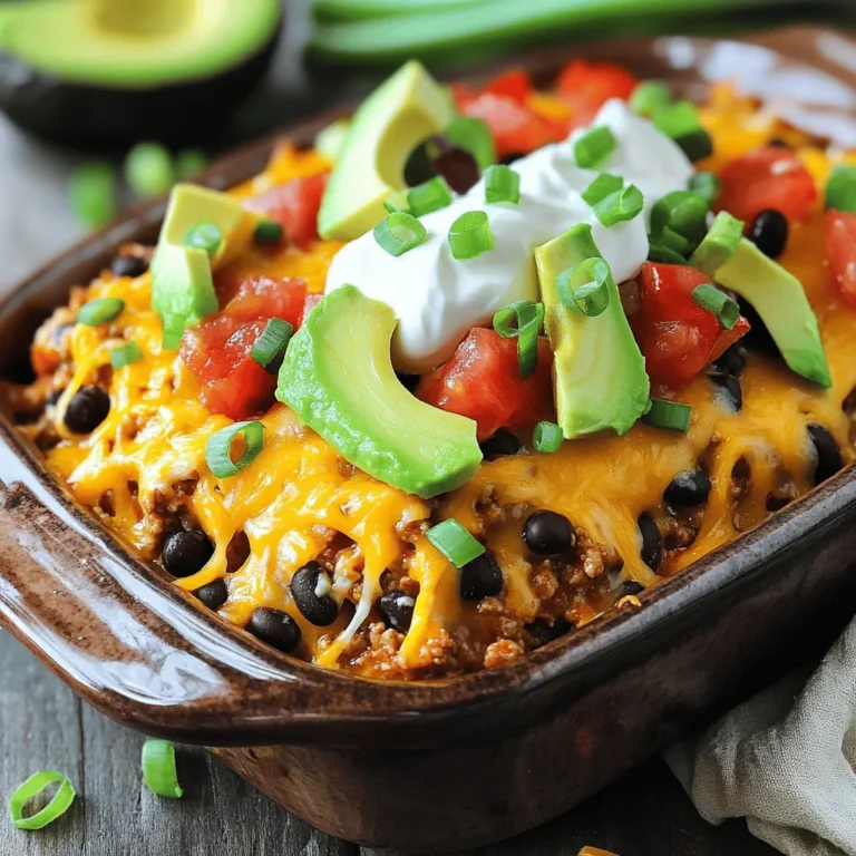 - 1 pound ground turkey or ground beef - 1 can (15 ounces) black beans, thoroughly rinsed and drained - 1 can (10 ounces) diced tomatoes with green chilies - 1 packet of your favorite taco seasoning - 1 cup frozen sweet corn In this dish, the choice of meat is key. I often use ground turkey for a leaner option. Ground beef adds richness, making the casserole hearty. The black beans not only boost protein but also add a nice texture. Diced tomatoes with green chilies bring zest and moisture. Taco seasoning ties all these flavors together for that signature taste. The frozen corn adds sweetness and a pop of color. - 2 cups tortilla chips, lightly crushed - 2 cups shredded cheddar cheese - 1 cup sour cream, for serving - ½ cup green onions, thinly sliced - Fresh cilantro, for garnish (optional) - Sliced avocados, for topping (optional) Tortilla chips create a crunchy layer at the bottom. They soak up flavors without getting too soggy. Shredded cheddar cheese melts beautifully, forming a golden crust. Sour cream adds creaminess and balances the spice. Green onions and cilantro give a fresh touch. If you want to elevate the dish, add sliced avocados for extra richness. This combination of toppings makes each bite exciting. For the full recipe, check out the Delicious Taco Casserole Delight. 1. Preheat oven and prepare the casserole dish: Start by preheating your oven to 350°F (175°C). While it heats, take a 9x13 inch casserole dish and lightly grease it. This helps the casserole not stick. 2. Brown the meat in a skillet: In a large skillet, set over medium heat, add 1 pound of ground turkey or ground beef. Cook the meat until it is brown. Make sure it is cooked all the way through. If there is extra fat, drain it out. 1. Combine ingredients in the skillet: After browning the meat, add the following to the skillet: - 1 can (15 ounces) black beans, rinsed and drained - 1 can (10 ounces) diced tomatoes with green chilies - 1 packet of taco seasoning - 1 cup frozen sweet corn Stir the mix well and cook for about 5 minutes. This heats everything through and blends the flavors. 2. Layering process for the casserole dish: To build your casserole, start with half of the crushed tortilla chips. Place them in an even layer at the bottom of the dish. Next, add half of the meat mixture over the chips. Then, sprinkle 1 cup of shredded cheddar cheese on top. Repeat this with the rest of the tortilla chips, meat mixture, and finish with another cup of cheese. 1. Covering and baking the casserole: Cover the casserole dish with aluminum foil. Place the dish in the preheated oven and bake for 20 minutes. This helps cook everything evenly. 2. Final steps for a golden finish: After 20 minutes, take off the foil. Bake for another 10 minutes. This step makes the cheese melt nicely and turn bubbly golden brown. When done, carefully remove the casserole from the oven. Let it cool for a few minutes before serving. Serve the casserole warm. Don’t forget to add toppings like sour cream, green onions, and fresh cilantro. You can also add sliced avocados for extra creaminess. For the full recipe, check out the details above. Enjoy your meal! When choosing ground meat, look for lean options. Ground turkey or beef both work well. Lean meat keeps your dish healthy and tasty. Check for fresh color and a pleasant smell. After cooking your meat, drain the excess fat. Use a colander or tilt the skillet. This step prevents a greasy casserole. You want your flavors to shine, not drown. Spice adjustments can make your taco casserole pop. If you like heat, add more taco seasoning. You can also mix in chili powder or cumin for depth. Taste as you go to find your perfect balance. Layering is key to a flavorful dish. Start with tortilla chips for crunch. Then add meat, beans, and cheese. Repeat the layers for a hearty meal. Each bite should have a mix of textures and flavors. For presentation, serve the casserole directly from the dish. It gives a cozy, homey feel. Top with fresh garnishes like cilantro and green onions. A dollop of sour cream adds creaminess and contrast. Ideal sides include fresh salsa and guacamole. Extra tortilla chips give a satisfying crunch. These bright sides will enhance your meal and make it more fun. Enjoy the vibrant colors and flavors together! {{image_4}} You can make this easy taco casserole your own. Try using different beans. Pinto beans or kidney beans work great. You can also add more veggies. Chopped bell peppers or zucchini can bring extra flavor. For cheese, feel free to swap cheddar for Monterey Jack or pepper jack. Each choice gives a unique taste to your casserole. Want to make it gluten-free? Use gluten-free tortilla chips and check your taco seasoning for gluten. For a vegetarian option, replace meat with lentils or mushrooms. You can also use plant-based cheese for a vegan version. This way, everyone can enjoy the meal. If you like heat, add jalapeños or a splash of hot sauce. They can spice up your dish in a fun way. Think about your seasoning, too. You can use cumin, smoked paprika, or even taco seasoning blends. Each choice can create a new flavor profile. You’ll always have a new favorite to enjoy! For more details, check the Full Recipe. To store your taco casserole, let it cool first. Then, cover it tightly with plastic wrap or aluminum foil. Place it in the refrigerator. It keeps well for up to three days. If you have more leftovers, you can freeze it. Cut the casserole into portions for easy thawing. Wrap each portion in plastic wrap, then place them in a freezer bag. Taco casserole can stay in the freezer for about three months. When you're ready to eat, thaw it in the fridge overnight. You can reheat it in the oven or microwave. For the oven, preheat to 350°F (175°C). Place the casserole in a baking dish and cover it with foil. Heat for about 20 minutes. If using a microwave, heat it on medium power for five to seven minutes, checking often. To keep your casserole fresh, make sure it’s sealed well. Avoid letting it sit out too long at room temperature. Store any toppings, like sour cream or avocado, separately. This keeps them fresh when you reheat. In the fridge, taco casserole lasts for about three days. In the freezer, it can last up to three months. Always check for any signs of spoilage, like off smells or discoloration. Following these tips will help you enjoy your delicious taco casserole later! Can I make this taco casserole ahead of time? Yes, you can. Prepare the casserole in advance and store it in the fridge. Just cover it well with foil. Bake it when you are ready to serve. This saves time on busy nights. What can I substitute for ground meat? You can use beans or lentils for a meatless version. Crumbled tofu is also a great option. These swaps keep the dish filling and tasty. How should I serve the casserole? Serve it straight from the dish for a homey feel. Scoop out portions with a large spoon. Add toppings like sour cream and green onions for style. What sides pair well with taco casserole? Taco casserole goes well with fresh salads or rice. Chips and salsa add a nice crunch too. Guacamole brings creaminess to the meal. Can I use fresh ingredients instead of canned? Absolutely! Fresh tomatoes and sweet corn taste great. Just make sure to cook them until soft. This adds flavor and texture to your casserole. What if I can’t find taco seasoning? You can make your own taco seasoning. Mix chili powder, cumin, garlic powder, and salt. This blend will give your casserole that classic taco flavor. This blog post covered a tasty taco casserole recipe. We discussed main ingredients, preparation, and cooking steps. I shared tips for enhancing flavors and creative variations. Now, you have the tools to make this dish your own. Enjoy getting creative in the kitchen. Try adding your favorite toppings or adjusting the spices. This casserole is flexible and fun. Happy cooking!