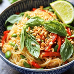 - 8 oz rice noodles - 2 tablespoons vegetable oil - 3 cloves garlic, minced - 1 red bell pepper, thinly sliced - 1 cup snap peas, ends trimmed - 1 tablespoon fresh ginger, finely grated - 1-2 Thai bird chilies, finely chopped - 3 tablespoons soy sauce - 1 tablespoon fish sauce - 1 tablespoon brown sugar - 1 cup fresh Thai basil leaves - Fresh lime wedges, for serving - Chopped peanuts, for garnish (optional) Choosing the best rice noodles: Look for rice noodles that are white and smooth. They should not have any dark spots. Fresh noodles are soft and pliable. Dried noodles work, but check the cooking time. Selecting ripe vegetables: Choose red bell peppers that are firm and shiny. Snap peas should feel crisp and snap easily when bent. Look for bright colors, as they signal freshness. Freshness of herbs and spices: Thai basil should smell sweet and look vibrant. Avoid leaves that are wilted or brown. Fresh ginger should be firm and smooth. For chilies, pick ones that are bright and unblemished. Fresh ingredients make a big difference in flavor. Use this guide to elevate your spicy Thai noodles. For the full recipe, check out the detailed instructions. To start, cook the rice noodles. Follow the package directions carefully. When the noodles are soft, drain them in a colander. Rinse the noodles under cold water. This step stops the cooking and helps keep them firm. Cooling the noodles is key. It prevents them from getting mushy later on. Next, heat vegetable oil in a large wok. Use medium-high heat for the best results. Add minced garlic and grated ginger. Stir them for about 30 seconds. You want to watch for a golden color. This shows they are fragrant and ready to use. Now, it’s time for the vegetables. Add sliced red bell pepper and snap peas to the wok. Stir-fry for 3 to 4 minutes. Keep the veggies crisp, but let them soften a bit. Stirring often helps cook them evenly. Next, mix in the spice. Add chopped bird chilies, soy sauce, fish sauce, and brown sugar. Stir everything well for 1 to 2 minutes. This allows the flavors to blend. If you like more heat, add more chilies. Adjust the spice to match your taste. Finally, add the rice noodles to the wok. Toss them well with the vegetable mixture. Stir-fry for an extra 2 to 3 minutes. This heats the noodles and coats them with sauce. Remove the wok from heat and gently fold in the fresh Thai basil leaves. Stir until the basil wilts and releases its lovely smell. Enjoy your flavorful dish! You can find the Full Recipe for more details. To make spicy Thai noodles shine, focus on balancing flavors. You want sweetness, saltiness, and spice all to sing together. Use brown sugar for a sweet touch. The soy sauce adds salt, and the bird chilies bring the heat. Adjust each element to your taste as you mix. For a restaurant-style finish, cook on high heat. This gives the noodles a nice char. Stir constantly to avoid burning. Keep the veggies crisp but tender. This contrast makes each bite delightful. Pair your spicy Thai noodles with fresh lime wedges. The acidity brightens the dish. You can also serve them with a side of cucumber salad or spring rolls. These add crunch and freshness. For presentation, use a vibrant bowl. Arrange noodles neatly and sprinkle with chopped peanuts. A few basil leaves on top add color and fragrance. The lime wedges beside the dish look great too! You will need a large wok or deep skillet. This helps in cooking the noodles evenly. A spatula or tongs makes it easy to toss everything. Consider using a sharp knife for slicing veggies. A cutting board is essential for safety. If you have a colander, it helps drain the noodles without mess. With these tools, you’ll create perfect spicy Thai noodles every time. {{image_4}} You can easily swap some ingredients to fit your taste. For fish sauce, try using soy sauce. This change works well for a vegetarian dish. If you want more flavor, consider using a mix of soy sauce and a little bit of lime juice. You can also change the vegetables and proteins. Instead of red bell pepper, use carrots or bok choy. For protein, try chicken, tofu, or shrimp. Each option brings a unique twist to the dish. Thai food has many styles. Each region adds its own twist to noodle dishes. In the north, they often use thicker noodles with a rich sauce. In the south, dishes may include coconut milk and seafood, making them creamy and spicy. You can find spicy noodle options too. For instance, the Pad Kee Mao, or drunken noodles, is famous for its heat. This dish uses wide rice noodles and has a bold flavor that many love. If you need a gluten-free recipe, don’t worry. You can use gluten-free rice noodles. They work great in this dish. Just follow the same cooking steps as regular noodles. Look for options made from brown rice or mung beans. These noodles have a nice bite and hold up well when cooked. You won’t lose flavor or texture when you make this simple swap. To keep your spicy Thai noodles fresh, follow these steps: - Cool Down: Let the noodles cool to room temperature. - Use Airtight Containers: Store them in airtight containers. This helps keep moisture out. - Refrigerate: Place the containers in the fridge within two hours of cooking. They stay fresh for about 3-4 days. When it’s time to enjoy leftovers, here’s how to reheat them: - Stovetop Method: Heat a pan over medium heat. Add a splash of water or oil. Toss the noodles in and stir until warm. - Microwave Method: Place noodles in a microwave-safe bowl. Add a little water. Cover with a lid or microwave-safe wrap. Heat in short bursts, stirring in between. To keep noodles flavorful, avoid microwaving for too long. This prevents them from becoming mushy. Freezing spicy Thai noodles can be a great way to save extra portions: - Freeze in Portions: Divide noodles into meal-sized portions. Use freezer-safe bags or containers. - Label and Date: Write the date on each bag. They stay good for up to three months. When you’re ready to eat, thaw them overnight in the fridge. To reheat, follow the stovetop method. This keeps the noodles nice and tasty. Spicy Thai noodles are a tasty dish made with rice noodles and bold flavors. The dish often has garlic, ginger, and fresh herbs. Thai bird chilies add heat, making the dish spicy. You can also find sweet and salty notes from soy sauce and sugar. Each bite offers a mix of textures and tastes. The fresh Thai basil gives it a unique, aromatic touch. This dish is popular in Thai cuisine for its balance of flavors. To reduce the heat, start by using fewer Thai bird chilies. You can also remove the seeds and ribs, which hold most of the heat. Adding more vegetables, like bell peppers or snap peas, can help balance the spice. Another trick is to mix in a bit of extra sugar or a splash of coconut milk. This will soften the heat without losing taste. Taste as you go to find your perfect level of spice. Yes, you can make spicy Thai noodles ahead of time. Cook the noodles and store them separately from the sauce and veggies. This helps keep everything fresh. You can store the noodles in the fridge for up to three days. When you want to eat, just warm them up in a pan. Add a splash of water or broth to keep them moist. Mix in the sauce and veggies before serving for best results. Spicy Thai noodles pair well with many sides. Try spring rolls or a fresh salad for a light touch. You can also serve them with a spicy cucumber salad. A bowl of coconut soup can balance the heat nicely. For a heartier meal, consider grilled chicken or shrimp. These proteins add flavor and make the meal more filling. Mix and match to create a tasty spread. You can find the Full Recipe for spicy Thai noodles in the recipe section of this article. It provides detailed steps and ingredient lists to help you cook this dish with ease. Following the Full Recipe will guide you to making a delicious meal that impresses. You learned how to make delicious spicy Thai noodles. We covered the best ingredients, tips for cooking, and serving ideas. Remember to pick fresh veggies and perfect your flavors for a great meal. Explore different variations and know how to store leftovers for next time. With these steps, you can enjoy a tasty dish that impresses everyone. Now, it’s your turn to create this flavorful meal!