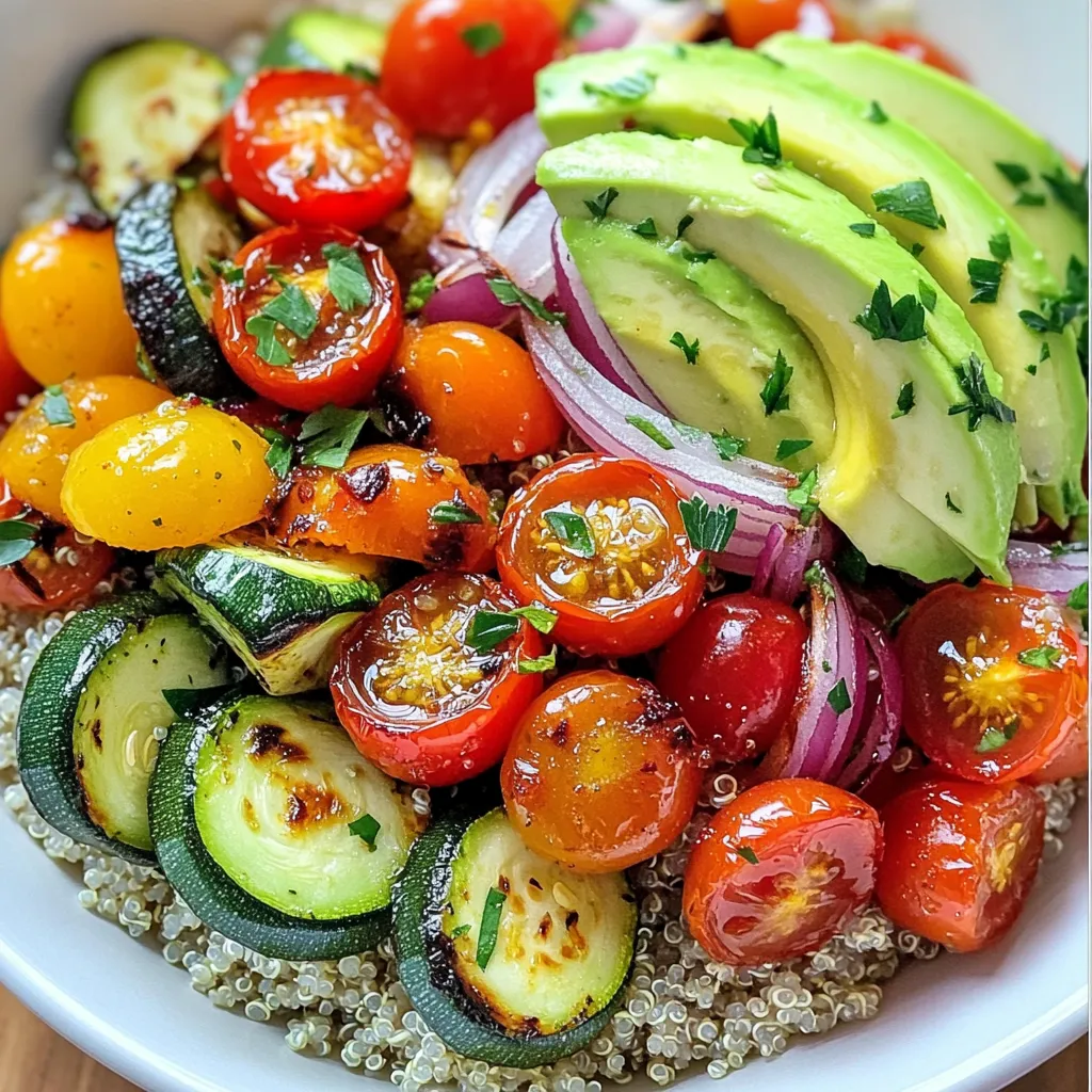- 1 cup quinoa, rinsed thoroughly - 2 cups vegetable broth - 1 red bell pepper, chopped - 1 medium zucchini, diced - 1 cup cherry tomatoes, halved - 1 medium red onion, cut into quarters - 2 cups kale, chopped - 1 avocado, sliced - 3 tablespoons olive oil (divided) - 1 teaspoon garlic powder - 1 teaspoon smoked paprika - Salt and black pepper to taste In this recipe, we use a variety of fresh vegetables. These veggies bring color and taste to our dish. Quinoa serves as a great base. It is high in protein and fills you up. Rinsing the quinoa is key. This step removes the bitter coating. For the broth, I recommend using vegetable broth. It adds a wonderful depth of flavor. The red bell pepper and zucchini provide crunch. Cherry tomatoes add a sweet burst. The red onion gives a nice tang. Kale adds nutrients and color. The seasoning is simple but effective. Olive oil helps the spices stick. Garlic powder and smoked paprika lend warmth. Salt and pepper enhance all the flavors. Gather these ingredients to make your Roasted Veggie Quinoa Bowl. You can find the Full Recipe to guide you through the steps. To cook the quinoa, first, bring the vegetable broth to a boil in a medium saucepan. Once it starts to bubble, add the rinsed quinoa. Lower the heat to a gentle simmer, cover, and let it cook for about 15 minutes. The quinoa is ready when all the liquid has soaked in. Fluff the quinoa with a fork and set it aside. Next, prepare the vegetables. In a large bowl, combine the chopped red bell pepper, diced zucchini, halved cherry tomatoes, and quartered red onion. This mix adds color and texture to your bowl. Drizzle 2 tablespoons of olive oil over the veggies. Sprinkle in garlic powder, smoked paprika, salt, and pepper. Toss everything together well to coat the veggies. Now, spread the seasoned vegetables evenly on a baking sheet lined with parchment paper. Roasting them brings out their natural sweetness. Place the baking sheet in the preheated oven and roast for 20 to 25 minutes. Toss the veggies halfway through cooking for even browning. In the last 5 minutes, mix in the chopped kale, allowing it to wilt slightly. This adds a nice touch of green to your meal. To get the best quinoa, start by rinsing it well. Rinsing removes the saponins, which can make quinoa taste bitter. After rinsing, cook your quinoa in vegetable broth. This broth adds a rich flavor that makes the dish more exciting. When roasting your vegetables, toss them halfway through. This helps them cook evenly and get that nice, golden color. Also, remember to adjust the cooking time based on the size of your veggies. Smaller pieces cook faster, while larger pieces need more time. For a beautiful finish, use sliced avocado and chopped parsley as a garnish. These toppings not only add color but also enhance the dish's flavor. Serve the bowl warm and consider drizzling some olive oil on top. This adds a smooth texture and extra taste. {{image_4}} Want to boost your protein? Add chickpeas or black beans to your bowl. They mix well with quinoa and veggies. You can also top your bowl with a poached egg or some feta cheese. This adds creaminess and a nice flavor. To make your Roasted Veggie Quinoa Bowl even tastier, play with different spices. Cumin and chili powder can add a nice kick. You can also use seasonal vegetables for variety. Fresh veggies bring new flavors and colors to your dish. If you want a vegan meal, check all your ingredients. Make sure they are vegan-friendly. The best part? Quinoa is naturally gluten-free. This makes it a great option for anyone with gluten issues. You can enjoy this meal without worry! After enjoying your Roasted Veggie Quinoa Bowl, store leftovers in an airtight container. This keeps them fresh. You can keep it in the fridge for up to 3 days. Make sure to let it cool before sealing. This way, you prevent moisture build-up. You can freeze individual portions of the quinoa bowl. Use freezer-safe containers for best results. When you want to enjoy it again, take it out and let it thaw overnight in the fridge. To reheat, simply warm it in the microwave or on the stove. Add a splash of water to keep it moist. Enjoy your healthy meal later! To make your quinoa fluffier, rinse it well before cooking. Rinsing removes extra starch. After cooking, let it rest for a few minutes. This helps the grains separate nicely. Yes! You can use any vegetables you like. Seasonal veggies work best. Try adding carrots, broccoli, or bell peppers. Mix and match to find your favorite combo. You can pair it with a light salad or your choice of protein. Grilled chicken or chickpeas add great flavor. This bowl is versatile! Absolutely! This recipe is perfect for meal prep. Make it ahead of time and store in the fridge. It stays fresh for up to three days. Refer to our detailed preparation steps for the Roasted Veggie Quinoa Bowl 🥗. In this blog post, we explored how to make a Roasted Veggie Quinoa Bowl. We covered the main ingredients, cooking methods, and tips for a perfect dish. Adding proteins or spices can enhance the flavors further. This meal is not just easy to prepare; it’s also great for meal prep. Enjoy your healthy bowl warm or cold. With fresh veggies and quinoa, you can feel good about every bite!