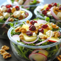 - 4 cups mixed salad greens (arugula, spinach, and baby kale) - 1 cup dried cranberries - 1 cup walnut halves, lightly toasted - 1/2 cup crumbled feta cheese - 1/4 cup red onion, thinly sliced - 1/2 cup diced apple (Gala or Fuji) - 1/4 cup extra virgin olive oil - 2 tablespoons apple cider vinegar - 1 tablespoon honey - Salt and pepper to taste When making cranberry walnut salad, fresh ingredients matter. Start with four cups of mixed salad greens. I love combining arugula, spinach, and baby kale. Each green brings a crisp flavor. Next, add a cup of dried cranberries. They give a sweet burst in every bite. Then, use a cup of walnut halves. Lightly toast them for richer taste and crunch. For creaminess, crumbled feta cheese works wonders. Half a cup adds a salty flavor. Thinly slice a quarter cup of red onion for a nice kick. Lastly, include half a cup of diced apple. Gala or Fuji apples are best for their sweetness. The dressing is simple but tasty. Pour a quarter cup of extra virgin olive oil into a bowl. Mix in two tablespoons of apple cider vinegar and one tablespoon of honey. Add salt and pepper to taste. This combination of ingredients creates a balanced salad. It has sweetness, crunch, and creaminess. You can find the full recipe above. Enjoy your cooking! - Combine 1/4 cup extra virgin olive oil, 2 tablespoons apple cider vinegar, and 1 tablespoon honey. - Add salt and pepper to your taste. - Whisk until smooth and set aside. - Heat a dry skillet over medium heat. - Add 1 cup walnut halves. - Toast for about 5 minutes, stirring often. - Place 4 cups mixed greens in a large bowl. - Gently fold in 1 cup dried cranberries, 1 cup toasted walnuts, 1/2 cup crumbled feta, 1/4 cup sliced red onion, and 1/2 cup diced apple. - Drizzle your dressing over the salad. - Toss gently to coat all ingredients. - Serve immediately in individual bowls. This simple process creates a fresh and vibrant dish. Enjoy it as a side or a light main meal. For the complete recipe, check the Full Recipe section. To make your cranberry walnut salad great, always toast your walnuts. Toasting brings out their rich flavor and crunch. You can do this easily in a dry skillet over medium heat for about five minutes. Stir them often until they smell nice. Also, remember to adjust the sweetness with honey. Start small and taste as you go. You want the flavors to blend well. For a stunning presentation, serve your salad in clear glass bowls. This way, the colors pop, and guests can see all the tasty ingredients. To make it look even better, add extra crumbled feta and whole walnuts on top. This adds both flavor and style, making your dish feel gourmet. Watch out for overdressing your salad. Too much dressing can make it soggy. Aim for a light coating to keep the greens crisp. Another mistake is not cooling your toasted walnuts before adding them to the salad. Hot walnuts can wilt the greens, so let them cool first for the best texture. {{image_4}} You can change the nuts in the salad. Swap walnuts for pecans or almonds. Both nuts add a nice crunch. You can also add fruits. Try pears or citrus for extra flavor. These changes make the salad even more tasty. Get creative and use what you love! Want a vegan option? Just skip the cheese and use maple syrup instead of honey. This keeps the salad sweet and plant-based. If you need gluten-free options, check your dressing. Many brands offer gluten-free choices. You can enjoy this salad while meeting your diet needs. To keep your salad fresh, store it in an airtight container in the fridge. This way, it stays crisp and tasty. Aim to eat it within 1-2 days for the best flavor. The longer it sits, the less fresh it will taste. You can prepare parts of this salad in advance. Make the salad dressing ahead of time and store it separately. This helps keep the greens fresh and crunchy. You can also assemble the salad ingredients up to a day prior. Just wait to add the dressing until you're ready to serve. This will keep everything looking great and tasting fresh. Yes, but store the dressing separately to keep greens fresh. This step is key. If you mix the dressing in too early, your greens can wilt. Keep them crisp by waiting until just before serving. Goat cheese or nutritional yeast are excellent alternatives. Goat cheese adds a creamy texture and tangy taste. Nutritional yeast offers a cheesy flavor for a vegan option. Both choices blend well with the other salad ingredients. Consider adding grilled chicken, chickpeas, or tofu for a protein boost. Grilled chicken adds a savory depth. Chickpeas provide a nice crunch and are great for plant-based diets. Tofu is a versatile choice that absorbs flavors well. This blog post has shown you how to make a delicious Cranberry Walnut Salad. You learned about all the key ingredients, from fresh greens to tasty dressing. Toasting the walnuts adds a nice touch. Remember to avoid common mistakes, like overdressing your salad. You can also play with the recipe by using different nuts or fruits. With these tips, you can enjoy a healthy meal any day. It's all about fresh, vibrant flavors coming together. Happy salad making!