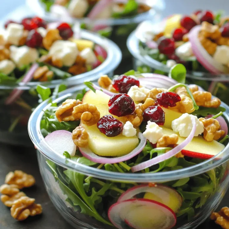 - 4 cups mixed salad greens (arugula, spinach, and baby kale) - 1 cup dried cranberries - 1 cup walnut halves, lightly toasted - 1/2 cup crumbled feta cheese - 1/4 cup red onion, thinly sliced - 1/2 cup diced apple (Gala or Fuji) - 1/4 cup extra virgin olive oil - 2 tablespoons apple cider vinegar - 1 tablespoon honey - Salt and pepper to taste When making cranberry walnut salad, fresh ingredients matter. Start with four cups of mixed salad greens. I love combining arugula, spinach, and baby kale. Each green brings a crisp flavor. Next, add a cup of dried cranberries. They give a sweet burst in every bite. Then, use a cup of walnut halves. Lightly toast them for richer taste and crunch. For creaminess, crumbled feta cheese works wonders. Half a cup adds a salty flavor. Thinly slice a quarter cup of red onion for a nice kick. Lastly, include half a cup of diced apple. Gala or Fuji apples are best for their sweetness. The dressing is simple but tasty. Pour a quarter cup of extra virgin olive oil into a bowl. Mix in two tablespoons of apple cider vinegar and one tablespoon of honey. Add salt and pepper to taste. This combination of ingredients creates a balanced salad. It has sweetness, crunch, and creaminess. You can find the full recipe above. Enjoy your cooking! - Combine 1/4 cup extra virgin olive oil, 2 tablespoons apple cider vinegar, and 1 tablespoon honey. - Add salt and pepper to your taste. - Whisk until smooth and set aside. - Heat a dry skillet over medium heat. - Add 1 cup walnut halves. - Toast for about 5 minutes, stirring often. - Place 4 cups mixed greens in a large bowl. - Gently fold in 1 cup dried cranberries, 1 cup toasted walnuts, 1/2 cup crumbled feta, 1/4 cup sliced red onion, and 1/2 cup diced apple. - Drizzle your dressing over the salad. - Toss gently to coat all ingredients. - Serve immediately in individual bowls. This simple process creates a fresh and vibrant dish. Enjoy it as a side or a light main meal. For the complete recipe, check the Full Recipe section. To make your cranberry walnut salad great, always toast your walnuts. Toasting brings out their rich flavor and crunch. You can do this easily in a dry skillet over medium heat for about five minutes. Stir them often until they smell nice. Also, remember to adjust the sweetness with honey. Start small and taste as you go. You want the flavors to blend well. For a stunning presentation, serve your salad in clear glass bowls. This way, the colors pop, and guests can see all the tasty ingredients. To make it look even better, add extra crumbled feta and whole walnuts on top. This adds both flavor and style, making your dish feel gourmet. Watch out for overdressing your salad. Too much dressing can make it soggy. Aim for a light coating to keep the greens crisp. Another mistake is not cooling your toasted walnuts before adding them to the salad. Hot walnuts can wilt the greens, so let them cool first for the best texture. {{image_4}} You can change the nuts in the salad. Swap walnuts for pecans or almonds. Both nuts add a nice crunch. You can also add fruits. Try pears or citrus for extra flavor. These changes make the salad even more tasty. Get creative and use what you love! Want a vegan option? Just skip the cheese and use maple syrup instead of honey. This keeps the salad sweet and plant-based. If you need gluten-free options, check your dressing. Many brands offer gluten-free choices. You can enjoy this salad while meeting your diet needs. To keep your salad fresh, store it in an airtight container in the fridge. This way, it stays crisp and tasty. Aim to eat it within 1-2 days for the best flavor. The longer it sits, the less fresh it will taste. You can prepare parts of this salad in advance. Make the salad dressing ahead of time and store it separately. This helps keep the greens fresh and crunchy. You can also assemble the salad ingredients up to a day prior. Just wait to add the dressing until you're ready to serve. This will keep everything looking great and tasting fresh. Yes, but store the dressing separately to keep greens fresh. This step is key. If you mix the dressing in too early, your greens can wilt. Keep them crisp by waiting until just before serving. Goat cheese or nutritional yeast are excellent alternatives. Goat cheese adds a creamy texture and tangy taste. Nutritional yeast offers a cheesy flavor for a vegan option. Both choices blend well with the other salad ingredients. Consider adding grilled chicken, chickpeas, or tofu for a protein boost. Grilled chicken adds a savory depth. Chickpeas provide a nice crunch and are great for plant-based diets. Tofu is a versatile choice that absorbs flavors well. This blog post has shown you how to make a delicious Cranberry Walnut Salad. You learned about all the key ingredients, from fresh greens to tasty dressing. Toasting the walnuts adds a nice touch. Remember to avoid common mistakes, like overdressing your salad. You can also play with the recipe by using different nuts or fruits. With these tips, you can enjoy a healthy meal any day. It's all about fresh, vibrant flavors coming together. Happy salad making!