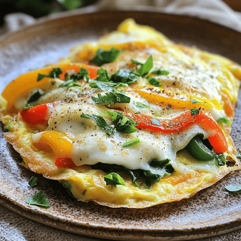 To make a tasty veggie omelette, you need just a few key ingredients: - 3 large eggs - 1/4 cup milk (or plant-based milk) - 1/2 cup diced bell peppers (mix red and green) - 1/2 cup fresh spinach, chopped - 1/4 cup onion, finely diced - 1/4 cup shredded cheese (cheddar or feta) - Salt and pepper, to taste - 1 tablespoon olive oil or butter These ingredients work well together. The eggs provide protein, while the veggies add color and flavor. The cheese gives a creamy texture. You can enhance your omelette with extra ingredients: - Mushrooms, sliced - Tomatoes, diced - Zucchini, grated - Avocado, sliced - Hot sauce or salsa for a kick Adding these ingredients can give your omelette new tastes and textures. Feel free to mix and match based on what you like! If you need substitutes, here are some easy swaps: - Use egg whites instead of whole eggs for a lighter option. - Swap milk for yogurt for creaminess. - Any cheese works in place of cheddar or feta. - Try any veggies you have on hand; just chop them small. These substitutes help you customize your omelette. You can create your own unique flavor profile. For the full recipe, check the earlier section. Start by cracking three large eggs into a medium bowl. Add 1/4 cup of milk. I love using plant-based milk for a lighter touch. Whisk the mixture until it looks frothy. This step helps create a fluffy omelette. Sprinkle in a pinch of salt and freshly cracked pepper to taste. Next, heat a non-stick skillet over medium heat. Add 1 tablespoon of olive oil or butter, coating the skillet evenly. Once hot, toss in the finely diced onion and colorful bell peppers. Sauté for about 2-3 minutes. You want them to soften and smell great. Then, add 1/2 cup of chopped spinach. Cook for another minute until the spinach wilts. Carefully pour the egg mixture over the sautéed veggies in the skillet. Tilt the skillet a bit to spread the eggs evenly. Let it cook for 3-4 minutes. Watch as the edges set. Use a spatula to lift them gently, letting uncooked egg flow underneath. When the top is slightly runny, sprinkle 1/4 cup of shredded cheese over one half. Fold the other half over the cheese. Cook for another 1-2 minutes until the cheese melts. Slide the omelette onto a plate and garnish with fresh herbs. Enjoy your vibrant veggie omelette! For the full recipe, check out the earlier section. To make your omelette fluffy, start with fresh eggs. Crack the eggs into a bowl and whisk them well. Add a splash of milk to the eggs. This small step adds air and creaminess. Whisk until the mixture is light and frothy. This helps create that fluffy texture we all love. When cooking your omelette, choose the right fat. Olive oil adds a nice flavor. Butter makes it rich and creamy. Use about one tablespoon to coat your skillet. This not only prevents sticking but also adds a delicious taste. Heat the fat over medium heat for the best results. Cooking time is key for a perfect omelette. Cook for about three to four minutes on medium heat. Watch the edges closely; they should start to set. Use a spatula to lift the edges, allowing uncooked egg to flow underneath. When the top is slightly runny, it's time to add cheese. Fold your omelette gently, and let it cook for one to two more minutes. This ensures the inside is cooked and the cheese melts perfectly. For more details, check the Full Recipe. {{image_4}} You can make your veggie omelette exciting by trying different vegetables. Zucchini, mushrooms, or tomatoes work well. For a sweet touch, add corn or peas. You can even mix in some cooked broccoli or asparagus. The key is to chop them small so they cook well. This way, you get a colorful and tasty dish. Cheese can change the taste of your omelette. If you want something different, try goat cheese or mozzarella. They melt nicely and add a creamy texture. For a stronger taste, use blue cheese or smoked gouda. If you prefer a dairy-free option, use nutritional yeast for a cheesy flavor without the milk. Herbs and spices add flavor and freshness to your omelette. Fresh basil, cilantro, or dill can brighten up your dish. For a little heat, sprinkle in some red pepper flakes. You can also use garlic powder or onion powder for more depth. Experiment with these to find your perfect blend. Remember, these variations keep your breakfast fun and full of flavor. You can find the full recipe for the Quick Veggie Omelette to get started! To keep your leftover omelette fresh, let it cool first. Wrap it in plastic wrap or foil. You can also place it in an airtight container. Store it in the fridge for up to three days. This keeps it safe and tasty for later. When you are ready to eat your omelette, reheat it gently. Use a skillet over low heat to warm it up. Cover the skillet with a lid to keep it moist. You can also use a microwave for quick reheating. Just heat it in short bursts of 15 to 30 seconds. This way, you can avoid overcooking it. If you want to prepare meals ahead of time, freezing works well. Cut the omelette into portions and wrap each piece tightly. Use freezer-safe bags or containers to prevent freezer burn. Your omelette can last up to three months in the freezer. Thaw it in the fridge overnight before reheating. This method helps you have a quick meal ready to go! If your omelette breaks, don’t worry! You can still save it. Gently push the pieces together in the pan. You can add more cheese to help hold it together. If it looks messy, serve it on a plate with fresh herbs on top. It will taste great even if it looks funny! Yes, you can make a veggie omelette ahead of time! Cook it fully and let it cool. Then, wrap it in foil or a container. Store it in the fridge for up to three days. When you are ready to eat, heat it in a pan or microwave until warm. Veggie omelettes pair well with many sides. Here are a few tasty options: - Fresh fruit salad - Whole grain toast - Crispy hash browns - A light green salad - Sliced avocado These sides add color and flavor to your meal. Enjoy your delicious veggie omelette with any of these tasty choices! For the full recipe, check out the Vibrant Veggie Omelette Delight. You learned about making a quick veggie omelette. We discussed key ingredients, cooking steps, and helpful tips. Using the right veggies and techniques can make your omelette fluffy and delicious. You can also explore variations to suit your taste. With proper storage, leftovers remain tasty for later. Experiment with these ideas to find your perfect omelette. Enjoy the process and share your creations!