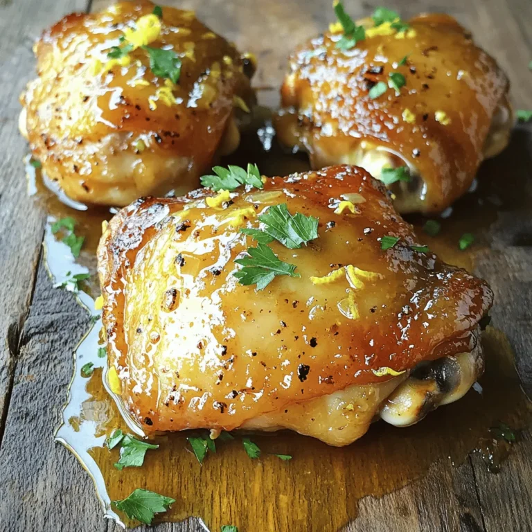 To make Honey Lemon Glazed Chicken, you need: - 4 boneless, skinless chicken thighs - 1/4 cup honey - 1/4 cup freshly squeezed lemon juice - 2 tablespoons soy sauce - 2 garlic cloves, finely minced - 1 teaspoon fresh ginger, finely grated - Salt and freshly ground pepper to taste - 2 tablespoons olive oil - Zest of 1 lemon - Fresh parsley, chopped, for garnish These ingredients come together to create a sweet and tangy glaze that makes the chicken shine. While the main ingredients are key, a few items can enhance your cooking experience: - Resealable plastic bag or shallow dish for marinating - Whisk for blending the marinade - Grill or skillet for cooking These tools help ensure the chicken absorbs all the flavors and cooks evenly. Choosing the right ingredients makes a big difference. Here are some tips: - Chicken Thighs: Look for thighs that are plump and pink. They should be firm to the touch. - Honey: Choose raw or pure honey for the best flavor. It should be thick and aromatic. - Lemon Juice: Fresh-squeezed juice gives the best taste. Avoid bottled juice when possible. - Garlic and Ginger: Select fresh cloves and roots. They should feel firm and smell strong. By picking high-quality ingredients, you ensure your Honey Lemon Glazed Chicken is a hit. Don't forget to check the Full Recipe for all steps and details! To start, gather your ingredients. You will need honey, fresh lemon juice, soy sauce, minced garlic, grated ginger, lemon zest, and some salt and pepper. In a medium bowl, whisk these together. This glaze will give your chicken a sweet and tangy flavor. Make sure you mix well to combine all the flavors. This step is key to getting that delicious taste. Next, take your chicken thighs. Place them in a resealable plastic bag or a shallow dish. Pour the marinade over the chicken. Ensure each piece is well coated. Seal the bag or cover the dish tightly. Let it sit in the fridge for at least 30 minutes. For even better flavor, marinate it for up to 2 hours. This allows the chicken to soak up all the tasty glaze. When it's time to cook, you can choose to grill or use a skillet. Preheat your grill or a skillet over medium-high heat. If you use a skillet, add olive oil to prevent the chicken from sticking. Remove the chicken from the marinade and let the excess drip off. Reserve some marinade for basting later. Place the chicken on the grill or in the skillet. Cook for about 5-7 minutes without moving it. This helps to create a nice golden brown crust. Flip the chicken and brush it with the reserved marinade. Cook for another 5-7 minutes. The chicken should reach an internal temperature of 165°F (75°C). Once cooked, let it rest for 5 minutes. This will keep the chicken juicy and full of flavor. For more detailed cooking instructions, refer to the Full Recipe. To get the best glaze, mix the honey and lemon juice well. The honey gives sweetness, while lemon adds a bright zing. Use fresh lemon juice for the best flavor. If you want more depth, add some soy sauce. This adds a savory touch to the glaze. Remember to use a whisk to blend everything smoothly. The goal is a thick, sticky glaze that clings well to the chicken. Cooking chicken to the right temperature is key. Aim for an internal temperature of 165°F (75°C). You can use a meat thermometer to check this. When grilling, start with high heat to get a nice sear. Then, lower the heat to cook through without burning. If cooking in a skillet, keep the heat medium-high. This way, you get a golden crust and juicy meat. Letting the chicken rest is crucial. After cooking, take it off the heat and let it sit for about 5 minutes. This helps the juices settle back into the meat. If you skip this step, the juices will run out when you cut it. Resting keeps the chicken moist and tasty. Trust me, it makes a big difference in each bite! For the full recipe, check the earlier section. {{image_4}} You can switch out chicken for other meats. Try this glaze with pork tenderloin or shrimp. Both proteins absorb flavors well. You can use the same marinade and cooking method. Just adjust cooking times based on the protein. For pork, cook until it reaches 145°F (63°C). For shrimp, cook until they turn pink and firm. Adding vegetables makes the dish more colorful and healthy. You can grill or sauté bell peppers, zucchini, or asparagus. Toss them in the leftover marinade for extra flavor. Cook the veggies alongside the chicken. This adds a nice crunch and balances the sweet glaze. You can also serve them on the side for a lovely presentation. If you like heat, try adding chili flakes to the glaze. Start with a pinch and adjust to taste. This adds a fun kick to the sweet and tangy flavor. Mix the chili flakes into the marinade before coating the chicken. You can also sprinkle some on top right before serving. This spicy twist will make your meal exciting and unique. After cooking, let your Honey Lemon Glazed Chicken cool. Store any leftovers in an airtight container. Place the container in the fridge within two hours. This keeps the chicken fresh and safe to eat. It will last for up to three days in the fridge. Make sure your fridge is at 40°F (4°C) or lower for best results. To reheat, you can use the oven, microwave, or stovetop. If using the oven, preheat it to 350°F (175°C). Place the chicken in an oven-safe dish and cover with foil. Heat for about 15-20 minutes. For the microwave, place the chicken on a microwave-safe plate. Heat in short bursts of 1-2 minutes, checking often. Stir the chicken to ensure even heating. The stovetop is another great option. Heat a skillet over medium heat and add a little oil. Cook for about 5-7 minutes, turning the chicken often. If you want to save the chicken for later, freezing is a great option. First, let the chicken cool completely. Wrap it tightly in plastic wrap, then place it in a freezer-safe bag. Remove as much air as possible to prevent freezer burn. It can stay in the freezer for up to three months. When you're ready to eat, thaw it overnight in the fridge before reheating. This keeps the chicken juicy and tasty. For the full recipe, check out the earlier section. Yes, you can use chicken breasts. They will work well in this recipe. Chicken breasts cook faster than thighs, so adjust the cooking time. Cook them for about 4-6 minutes per side. The glaze will still add great flavor. To check if the chicken is done, use a meat thermometer. The internal temperature should reach 165°F (75°C). If you don’t have a thermometer, cut into the thickest part of the chicken. The meat should be white, not pink. You can pair this dish with many sides. Here are some great options: - Steamed rice - Quinoa - Roasted vegetables - Fresh salad - Mashed potatoes Each of these sides will complement the sweet and tangy flavors of the honey lemon glaze. For the full recipe, you can refer back to the earlier section. To make Honey Lemon Glazed Chicken, start with your marinade. Mix the honey, lemon juice, soy sauce, garlic, ginger, lemon zest, salt, and pepper in a bowl. This blend creates a sweet and tangy glaze that will enhance the chicken's flavor. Next, place the chicken thighs in a plastic bag or a shallow dish. Pour the marinade over them and seal or cover. Marinate the chicken for at least 30 minutes in the fridge, or up to 2 hours for more flavor. Preheat your grill or skillet over medium-high heat. If using a skillet, add olive oil to prevent sticking. Remove the chicken from the marinade, letting the excess drip off. Keep the leftover marinade for basting later. Cook the chicken thighs on the grill or skillet for about 5-7 minutes without moving them. This step helps create a golden brown crust. Flip the chicken and brush some reserved marinade on top. Cook for another 5-7 minutes until the internal temperature hits 165°F (75°C). After cooking, let the chicken rest for about 5 minutes. This resting time keeps it juicy and tender. Slice the chicken and drizzle any remaining glaze over the slices. Finish with fresh parsley for a pop of color. - 4 boneless, skinless chicken thighs - 1/4 cup honey - 1/4 cup freshly squeezed lemon juice - 2 tablespoons soy sauce - 2 garlic cloves, finely minced - 1 teaspoon fresh ginger, finely grated - Salt and freshly ground pepper to taste - 2 tablespoons olive oil - Zest of 1 lemon - Fresh parsley, chopped, for garnish These ingredients come together to create a balanced flavor profile that is both refreshing and satisfying. For a delightful meal, serve the glazed chicken on a colorful platter. Drizzle extra glaze over the chicken and add lemon wedges. A sprinkle of parsley adds a lovely touch. Pair it with rice or a fresh salad to complete the dish. You can also serve it alongside steamed vegetables for a healthy balance. In this post, we covered essential ingredients, cooking steps, and helpful tips for making delicious Honey Lemon Glazed Chicken. Use fresh ingredients for the best taste. Grilling or skillet cooking both yield great results. Don’t forget to let it rest for perfect juiciness. You can also switch up proteins and add veggies for variety. With proper storage, enjoy leftovers too! Now, you have the tools to impress anyone with this dish. Enjoy creating this flavorful recipe!