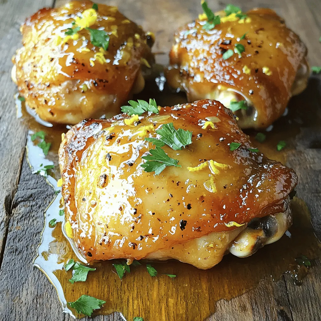 To make Honey Lemon Glazed Chicken, you need: - 4 boneless, skinless chicken thighs - 1/4 cup honey - 1/4 cup freshly squeezed lemon juice - 2 tablespoons soy sauce - 2 garlic cloves, finely minced - 1 teaspoon fresh ginger, finely grated - Salt and freshly ground pepper to taste - 2 tablespoons olive oil - Zest of 1 lemon - Fresh parsley, chopped, for garnish These ingredients come together to create a sweet and tangy glaze that makes the chicken shine. While the main ingredients are key, a few items can enhance your cooking experience: - Resealable plastic bag or shallow dish for marinating - Whisk for blending the marinade - Grill or skillet for cooking These tools help ensure the chicken absorbs all the flavors and cooks evenly. Choosing the right ingredients makes a big difference. Here are some tips: - Chicken Thighs: Look for thighs that are plump and pink. They should be firm to the touch. - Honey: Choose raw or pure honey for the best flavor. It should be thick and aromatic. - Lemon Juice: Fresh-squeezed juice gives the best taste. Avoid bottled juice when possible. - Garlic and Ginger: Select fresh cloves and roots. They should feel firm and smell strong. By picking high-quality ingredients, you ensure your Honey Lemon Glazed Chicken is a hit. Don't forget to check the Full Recipe for all steps and details! To start, gather your ingredients. You will need honey, fresh lemon juice, soy sauce, minced garlic, grated ginger, lemon zest, and some salt and pepper. In a medium bowl, whisk these together. This glaze will give your chicken a sweet and tangy flavor. Make sure you mix well to combine all the flavors. This step is key to getting that delicious taste. Next, take your chicken thighs. Place them in a resealable plastic bag or a shallow dish. Pour the marinade over the chicken. Ensure each piece is well coated. Seal the bag or cover the dish tightly. Let it sit in the fridge for at least 30 minutes. For even better flavor, marinate it for up to 2 hours. This allows the chicken to soak up all the tasty glaze. When it's time to cook, you can choose to grill or use a skillet. Preheat your grill or a skillet over medium-high heat. If you use a skillet, add olive oil to prevent the chicken from sticking. Remove the chicken from the marinade and let the excess drip off. Reserve some marinade for basting later. Place the chicken on the grill or in the skillet. Cook for about 5-7 minutes without moving it. This helps to create a nice golden brown crust. Flip the chicken and brush it with the reserved marinade. Cook for another 5-7 minutes. The chicken should reach an internal temperature of 165°F (75°C). Once cooked, let it rest for 5 minutes. This will keep the chicken juicy and full of flavor. For more detailed cooking instructions, refer to the Full Recipe. To get the best glaze, mix the honey and lemon juice well. The honey gives sweetness, while lemon adds a bright zing. Use fresh lemon juice for the best flavor. If you want more depth, add some soy sauce. This adds a savory touch to the glaze. Remember to use a whisk to blend everything smoothly. The goal is a thick, sticky glaze that clings well to the chicken. Cooking chicken to the right temperature is key. Aim for an internal temperature of 165°F (75°C). You can use a meat thermometer to check this. When grilling, start with high heat to get a nice sear. Then, lower the heat to cook through without burning. If cooking in a skillet, keep the heat medium-high. This way, you get a golden crust and juicy meat. Letting the chicken rest is crucial. After cooking, take it off the heat and let it sit for about 5 minutes. This helps the juices settle back into the meat. If you skip this step, the juices will run out when you cut it. Resting keeps the chicken moist and tasty. Trust me, it makes a big difference in each bite! For the full recipe, check the earlier section. {{image_4}} You can switch out chicken for other meats. Try this glaze with pork tenderloin or shrimp. Both proteins absorb flavors well. You can use the same marinade and cooking method. Just adjust cooking times based on the protein. For pork, cook until it reaches 145°F (63°C). For shrimp, cook until they turn pink and firm. Adding vegetables makes the dish more colorful and healthy. You can grill or sauté bell peppers, zucchini, or asparagus. Toss them in the leftover marinade for extra flavor. Cook the veggies alongside the chicken. This adds a nice crunch and balances the sweet glaze. You can also serve them on the side for a lovely presentation. If you like heat, try adding chili flakes to the glaze. Start with a pinch and adjust to taste. This adds a fun kick to the sweet and tangy flavor. Mix the chili flakes into the marinade before coating the chicken. You can also sprinkle some on top right before serving. This spicy twist will make your meal exciting and unique. After cooking, let your Honey Lemon Glazed Chicken cool. Store any leftovers in an airtight container. Place the container in the fridge within two hours. This keeps the chicken fresh and safe to eat. It will last for up to three days in the fridge. Make sure your fridge is at 40°F (4°C) or lower for best results. To reheat, you can use the oven, microwave, or stovetop. If using the oven, preheat it to 350°F (175°C). Place the chicken in an oven-safe dish and cover with foil. Heat for about 15-20 minutes. For the microwave, place the chicken on a microwave-safe plate. Heat in short bursts of 1-2 minutes, checking often. Stir the chicken to ensure even heating. The stovetop is another great option. Heat a skillet over medium heat and add a little oil. Cook for about 5-7 minutes, turning the chicken often. If you want to save the chicken for later, freezing is a great option. First, let the chicken cool completely. Wrap it tightly in plastic wrap, then place it in a freezer-safe bag. Remove as much air as possible to prevent freezer burn. It can stay in the freezer for up to three months. When you're ready to eat, thaw it overnight in the fridge before reheating. This keeps the chicken juicy and tasty. For the full recipe, check out the earlier section. Yes, you can use chicken breasts. They will work well in this recipe. Chicken breasts cook faster than thighs, so adjust the cooking time. Cook them for about 4-6 minutes per side. The glaze will still add great flavor. To check if the chicken is done, use a meat thermometer. The internal temperature should reach 165°F (75°C). If you don’t have a thermometer, cut into the thickest part of the chicken. The meat should be white, not pink. You can pair this dish with many sides. Here are some great options: - Steamed rice - Quinoa - Roasted vegetables - Fresh salad - Mashed potatoes Each of these sides will complement the sweet and tangy flavors of the honey lemon glaze. For the full recipe, you can refer back to the earlier section. To make Honey Lemon Glazed Chicken, start with your marinade. Mix the honey, lemon juice, soy sauce, garlic, ginger, lemon zest, salt, and pepper in a bowl. This blend creates a sweet and tangy glaze that will enhance the chicken's flavor. Next, place the chicken thighs in a plastic bag or a shallow dish. Pour the marinade over them and seal or cover. Marinate the chicken for at least 30 minutes in the fridge, or up to 2 hours for more flavor. Preheat your grill or skillet over medium-high heat. If using a skillet, add olive oil to prevent sticking. Remove the chicken from the marinade, letting the excess drip off. Keep the leftover marinade for basting later. Cook the chicken thighs on the grill or skillet for about 5-7 minutes without moving them. This step helps create a golden brown crust. Flip the chicken and brush some reserved marinade on top. Cook for another 5-7 minutes until the internal temperature hits 165°F (75°C). After cooking, let the chicken rest for about 5 minutes. This resting time keeps it juicy and tender. Slice the chicken and drizzle any remaining glaze over the slices. Finish with fresh parsley for a pop of color. - 4 boneless, skinless chicken thighs - 1/4 cup honey - 1/4 cup freshly squeezed lemon juice - 2 tablespoons soy sauce - 2 garlic cloves, finely minced - 1 teaspoon fresh ginger, finely grated - Salt and freshly ground pepper to taste - 2 tablespoons olive oil - Zest of 1 lemon - Fresh parsley, chopped, for garnish These ingredients come together to create a balanced flavor profile that is both refreshing and satisfying. For a delightful meal, serve the glazed chicken on a colorful platter. Drizzle extra glaze over the chicken and add lemon wedges. A sprinkle of parsley adds a lovely touch. Pair it with rice or a fresh salad to complete the dish. You can also serve it alongside steamed vegetables for a healthy balance. In this post, we covered essential ingredients, cooking steps, and helpful tips for making delicious Honey Lemon Glazed Chicken. Use fresh ingredients for the best taste. Grilling or skillet cooking both yield great results. Don’t forget to let it rest for perfect juiciness. You can also switch up proteins and add veggies for variety. With proper storage, enjoy leftovers too! Now, you have the tools to impress anyone with this dish. Enjoy creating this flavorful recipe!