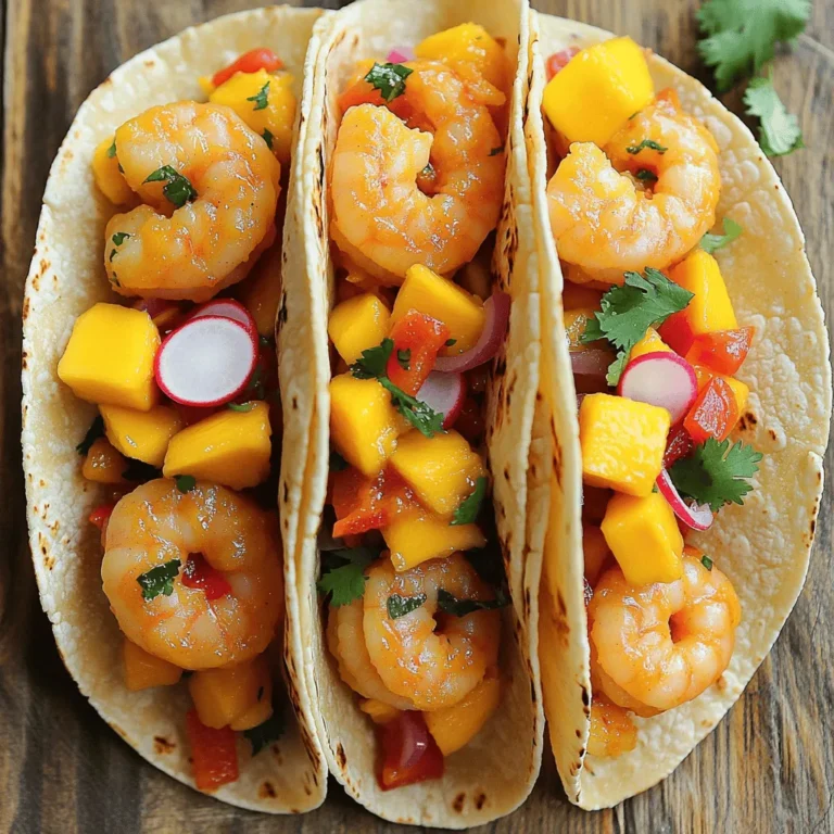 Gather these simple ingredients for a tasty meal: - 1 pound large shrimp, peeled and deveined - 1 ripe mango, diced into small cubes - 1 red bell pepper, thinly sliced into strips - 1/2 red onion, finely chopped - 2 cloves garlic, minced - 1 jalapeño, finely minced (optional) - Juice of 2 fresh limes - 2 tablespoons olive oil - 1 teaspoon smoked paprika - 1 teaspoon ground cumin - Salt and freshly cracked black pepper to taste - 8 small corn or flour tortillas - Fresh cilantro leaves for garnish - Sliced radishes for garnish (optional) These ingredients come together to create a burst of flavors. The shrimp provide a sweet and savory base, while the mango adds a fresh touch. The spices, like smoked paprika and cumin, give depth to every bite. Use fresh lime juice for a zesty kick that brightens the dish. The optional jalapeño can add heat if you like spiciness. To make the tacos, you will need tortillas to wrap around the filling. Corn or flour tortillas work well, but you can also try lettuce wraps for a lighter option. The garnishes of cilantro and radishes add color and crunch. For the full recipe, follow the detailed steps to cook this dish perfectly. Enjoy your cooking adventure! First, grab a medium bowl. Add the shrimp, minced garlic, lime juice, smoked paprika, ground cumin, salt, and pepper. Mix well until the shrimp are covered in the marinade. Let them soak in those flavors for 15 minutes. This step makes the shrimp extra tasty. While the shrimp marinate, heat 1 tablespoon of olive oil in a skillet over medium-high heat. Toss in the thinly sliced red bell pepper, chopped onion, and minced jalapeño if you like it spicy. Sauté the veggies for about 3 to 4 minutes. They should be soft and a little caramelized. Once done, set this mixture aside on a plate. Now, take your marinated shrimp and add them to the hot skillet. Use the remaining tablespoon of olive oil if needed. Cook the shrimp for about 2 to 3 minutes on each side. They should turn pink and be fully cooked. This is where the magic happens. To warm the tortillas, you can use a skillet or the microwave. If using a skillet, heat them on medium for a few seconds on each side. If using a microwave, place them on a plate and cover with a damp paper towel. Warm for about 30 seconds. Soft tortillas are key for great tacos! Take a warm tortilla and place a generous amount of cooked shrimp in the center. Next, add a scoop of diced mango and the sautéed vegetable mixture on top. For a fresh touch, sprinkle some cilantro leaves. If you want extra crunch, add sliced radishes. Serve immediately for the best flavor! Check the Full Recipe for more details. To make these tacos shine, adjust the seasoning to your taste. Some like it spicy, while others prefer milder flavors. Start with a pinch of salt and a squeeze of lime juice. Taste as you go. Fresh ingredients make a big difference too. Choose ripe mangoes and bright bell peppers. They add a burst of flavor and color. Ensure the shrimp are cooked just right. They should turn pink and opaque, which takes about 2-3 minutes per side. Overcooking the shrimp makes them tough and rubbery. Keep an eye on them, and remove them from heat as soon as they are done. This way, you’ll keep them tender and juicy. How you serve the tacos matters. Use colorful platters to make the dish pop. Add fresh garnishes like cilantro and lime wedges. Lime adds brightness, while hot sauce can please those who love heat. Arrange the tacos nicely and consider adding sliced radishes. They add crunch and make the plate look even better. For the complete process, check the Full Recipe. {{image_4}} You can swap shrimp for chicken or tofu. Both options work great in this recipe. If you have leftover grilled meats, use them! Shred or chop them and toss them in the same marinade. This keeps flavors high and waste low. Want to add more flavor? Try adding avocado. Its creaminess balances the spice well. You can also add other fruits like pineapple. Pineapple gives a sweet twist that complements the spicy shrimp. For a low-carb choice, use lettuce wraps instead of tortillas. They add crunch and freshness. You can also try different types of tortillas. Whole wheat or spinach tortillas can add a unique taste and color. To keep your shrimp tacos fresh, place any leftovers in an airtight container. This helps prevent moisture loss and keeps the flavors intact. For the best quality, eat the tacos within two days. The longer they sit, the more the shrimp may lose their nice texture. When reheating shrimp, avoid a microwave if possible. Instead, warm them in a skillet over low heat. This keeps them tender and prevents rubberiness. For tortillas, you can warm them in a pan or use a microwave. Just heat them for about 10-15 seconds to make them soft again. Enjoy your tacos just like the first time! If you want the full recipe, check out the Full Recipe for detailed steps. To keep shrimp tender, cook them for a short time. Overcooking makes shrimp rubbery. Aim for 2-3 minutes per side in a hot skillet. The shrimp should turn pink and opaque when done. Always use fresh shrimp for the best texture. If you follow these tips, your shrimp will stay juicy and delicious. Yes, you can prepare tacos in advance. Marinate the shrimp up to 2 hours before cooking. This helps the shrimp soak in the flavors. You can sauté the veggies ahead too. Store them in the fridge, and they will stay fresh. Assemble the tacos just before serving for the best taste. Several side dishes complement these tacos nicely. Consider serving: - Refried beans for a hearty addition - Cilantro lime rice for a zesty touch - A fresh corn salad for crunch - Chips with mango salsa for a fun snack These sides enhance the taco experience and make your meal more enjoyable. You can find the Full Recipe for Spicy Mango Shrimp Tacos in the article above. It includes all the details you need to make these tasty tacos. Check it for step-by-step instructions and tips for a perfect dish! In this post, I shared a simple recipe for delicious Spicy Mango Shrimp Tacos. We discussed choosing fresh ingredients and marinating shrimp for great flavor. You learned how to cook shrimp and sauté veggies for a perfect dish. Remember, you can swap shrimp for chicken or tofu and try different toppings. Enjoy these tacos fresh for the best taste. They are easy, fun, and sure to impress!