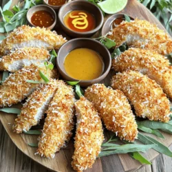 - 1 lb boneless, skinless chicken breast - 1 cup all-purpose flour - 2 large eggs - 1 cup shredded unsweetened coconut - 1 cup panko breadcrumbs - Seasonings: garlic powder, smoked paprika, salt, pepper - Oil for frying - Dipping sauces: honey mustard, sweet chili sauce - Fresh herbs for garnish: parsley, cilantro The main ingredients for homemade chicken tenders are simple. You need chicken and a few pantry staples. I use boneless, skinless chicken breast for a tender bite. This choice is easy to cut into strips. The flour adds a nice base, while eggs help the coating stick. I mix shredded coconut with panko breadcrumbs. This combo gives a great crunch and flavor. I add garlic powder and smoked paprika for extra taste. Salt and pepper are key for seasoning. For frying, I suggest using a neutral oil like canola or vegetable. This oil has a high smoke point, making it perfect for frying to golden perfection. If you want to elevate your dish, consider using fresh herbs like parsley or cilantro for garnish. For a fun twist, try dipping sauces like honey mustard or sweet chili sauce. They add a sweet or spicy kick to your tenders. You can find the full recipe for crispy coconut chicken tenders to guide your cooking journey! - First, mix flour with garlic powder, smoked paprika, salt, and pepper. - In a second bowl, beat the eggs until smooth. - Start by coating chicken strips in the flour mixture. - Dip the floured chicken into the egg wash. - Finally, roll the chicken in the coconut and panko mixture. - Make sure the coating is even for the best crispiness. - Heat oil to 350°F (175°C) in a large skillet. - Carefully fry the chicken tenders in batches. - Cook them for 4-5 minutes on each side. - Look for a golden-brown color and an internal temperature of 165°F (74°C). - Once done, place the tenders on paper towels to drain excess oil. For the full recipe, you can check the Crispy Coconut Chicken Tenders. To make your chicken tenders crispy, start with the right oil temperature. Heat the oil to 350°F (175°C). If your oil is too cool, the tenders will soak up oil and become soggy. If it's too hot, they will burn. Use a thermometer to check the oil's temperature. This small tool can make a big difference. Not a fan of coconut? You can swap shredded coconut with crushed cornflakes for a crunchy texture. If you want a vegan option, use flaxseed meal mixed with water as an egg substitute. This mix binds the coating just like eggs do. After frying, serve your chicken tenders hot and crispy. Pair them with a selection of dipping sauces, like honey mustard or sweet chili sauce, for extra flavor. You can also serve them alongside fresh salads or crispy fries for a complete meal. This makes your plate colorful and fun! {{image_4}} You can make chicken tenders with many fun flavors. One tasty option is Asian-inspired coconut chicken tenders. Add sesame seeds to the coconut mix. This gives a nutty taste that pairs well with the coconut. Another tasty idea is to make a spicy version. Just add chili powder to the breading mix. This gives the chicken a nice kick. If you want a healthier option, try baking the chicken tenders. Preheat your oven to 400°F (200°C). Place the breaded chicken on a baking sheet. Bake for about 20 minutes, flipping halfway through. This will keep them crispy and golden. You can also use an air fryer. This method uses less oil. Preheat the air fryer to 375°F (190°C). Cook the chicken tenders in a single layer. Air fry for about 10-12 minutes, flipping them halfway. This method gives you crispy chicken with less mess. For the full recipe, check out the [Full Recipe]. To store cooked chicken tenders, first let them cool down. Place them in an airtight container. You can keep them in the fridge for up to three days. If you want to store them longer, freeze the chicken tenders. Wrap each tender in plastic wrap, then place them in a freezer bag. This way, they won’t stick together. You can freeze them for up to three months. When reheating chicken tenders, you want them crispy, not soggy. The best way is to use an oven. Preheat your oven to 375°F (190°C). Place the tenders on a baking sheet. Bake them for about 10-15 minutes. Flip them halfway to ensure even heating. You can also use an air fryer if you have one. Set the air fryer to 350°F (175°C) and cook for about 5-7 minutes. This keeps them crispy and tasty. You can prepare chicken tenders a day in advance. First, bread the chicken strips and place them on a baking sheet. Cover them with plastic wrap and store them in the fridge. This keeps them fresh. When you're ready to cook, heat the oil as you would normally. Fry them straight from the fridge. This helps keep them crispy. If you want to freeze them, place the breaded strips in a single layer on a baking sheet. Once frozen, transfer them to a freezer bag for long-term storage. To reheat, bake them at 400°F (200°C) for about 15-20 minutes or until heated through. This method preserves their crunch. Yes, you can use chicken thighs. They have more fat than breasts, which gives them a juicy flavor. The texture is also different; thighs are more tender and moist. If you prefer a richer taste, thighs are a great option. Keep in mind that they may take a bit longer to cook through. Always check the internal temperature. It should reach at least 165°F (74°C) for safe eating. If you don't have panko, you can use regular breadcrumbs. They work well but may not be as crispy. For a crunchier texture, try crushed cornflakes or crushed crackers. They add a nice flavor too. You can also use almond flour for a gluten-free option. Just make sure to adjust the seasoning since some alternatives may have added salt. This blog post covered how to make delicious coconut chicken tenders. We discussed required and optional ingredients, step-by-step instructions, tips for the perfect crispy texture, and storage information. You can also try different flavors and cooking methods. These tender, crunchy bites work well with various dips. Make them ahead of time for convenience. These chicken tenders can be a hit at any meal or gathering. Enjoy the cooking process, and have fun experimenting with your favorite flavors!